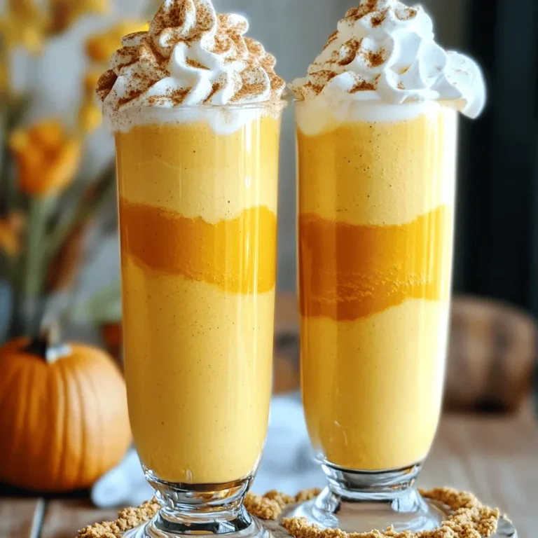 - 2 cups creamy vanilla ice cream - 1 cup milk (dairy or non-dairy) - 1/2 cup pure pumpkin puree - 1 tablespoon pumpkin pie spice To create a delicious pumpkin spice milkshake, start with the essentials. The creamy vanilla ice cream gives it a rich base. I love using a full-fat ice cream for extra creaminess. Next, add milk to adjust the thickness. You can choose dairy or a non-dairy milk like almond or oat. The pumpkin puree adds that warm, fall flavor we crave. Make sure it is pure pumpkin, not pumpkin pie filling. Finally, the pumpkin pie spice brings all the cozy flavors together. It’s a mix of cinnamon, nutmeg, and ginger. - 2 tablespoons maple syrup (or honey) - 1 teaspoon vanilla extract - Whipped cream for topping - Ground cinnamon for garnish - Crushed graham crackers for rim You can customize your milkshake with optional ingredients. Maple syrup or honey adds sweetness. I often go for maple syrup for its unique flavor. A splash of vanilla extract enhances the taste too. When serving, top it with whipped cream for a fun treat. Ground cinnamon on top adds a festive touch. If you want to impress, use crushed graham crackers around the rim. This adds a crunchy texture and extra flavor. For the full recipe, check the detailed steps to make this creamy seasonal delight! Start by adding the following to your blender: - 2 cups creamy vanilla ice cream - 1 cup milk (dairy or non-dairy) - 1/2 cup pure pumpkin puree - 1 tablespoon pumpkin pie spice - 2 tablespoons maple syrup (or honey) - 1 teaspoon pure vanilla extract These ingredients create your delicious base. Make sure your pumpkin puree is smooth for the best flavor. Blend all the ingredients on high speed. You want a smooth and creamy mix. This usually takes about 30 seconds. If you see any bits stuck, stop the blender. Use a spatula to scrape down the sides, then blend again. If you want a thicker milkshake, add more ice cream. For a lighter shake, just add a splash of milk. To make your milkshake special, prepare your glasses. Moisten the rim with a little milk. Dip it in crushed graham crackers for a fun crunch. Carefully pour the milkshake into the glasses. Fill them as much as you like. Top each milkshake with whipped cream. Finish with a sprinkle of ground cinnamon. Serve right away with colorful straws and enjoy the creamy, spiced goodness of your homemade pumpkin spice milkshake! You can find the full recipe if you want to try it at home. To make your pumpkin spice milkshake just right, adjust the thickness. If the shake is too thick, add more milk. A splash will help. If it is too thin, add more ice cream. Keep blending until you find the perfect mix. Want to spice it up even more? Try adding a dash of nutmeg or ginger. These flavors pair nicely with pumpkin. You can also use flavored syrups like vanilla or caramel for a twist. Experiment and find what you love! Make your milkshake look as good as it tastes. Use whipped cream on top for a fun touch. Add a sprinkle of cinnamon for color. For a crunch, dip the glass rim in crushed graham crackers. This adds flavor and makes it more fun to drink! Check out the Full Recipe to see how to prepare these delicious garnishes. {{image_4}} To make a vegan pumpkin spice milkshake, swap out a few ingredients. Use coconut or almond milk instead of dairy milk. Replace the vanilla ice cream with a creamy vegan ice cream. You can also use maple syrup for sweetness. This keeps the rich flavor while being plant-based. It’s still just as tasty. If you're looking for a low-sugar treat, use unsweetened almond milk. You can also swap maple syrup for a low-calorie sweetener, like stevia. This way, you cut down on sugar but keep the delicious taste. It’s perfect for those watching their sugar intake. Want to spice things up? Add flavors like caramel or chocolate. A drizzle of caramel syrup can add a rich sweetness. You can also mix in chocolate syrup for a fun twist. These add-ons make your milkshake even more festive and enjoyable. To keep your pumpkin spice milkshake fresh, store it in the fridge. Use an airtight container for the best results. This helps slow down melting and keeps flavors strong. If you have a lot left, consider using a freezer-safe jar. This way, your creamy treat stays tasty for longer. You can freeze your milkshake for later. Just pour it into a freezer-safe container. Leave some space at the top, as liquids expand when they freeze. It will keep well for up to two months. When you want to enjoy it again, simply take it out and thaw it. When you’re ready to drink your frozen milkshake, place it in the fridge for a few hours. This keeps the texture smooth. If you need it faster, you can thaw it on the counter for about 30 minutes. Avoid using the microwave, as it can change the texture. After thawing, give it a good stir before serving. Enjoy your delicious pumpkin spice milkshake anytime with these easy tips! You can make your milkshake healthier with a few easy swaps. Use low-fat ice cream instead of regular. Choose unsweetened almond milk for fewer calories. You can also add more pumpkin puree for fiber and nutrients. It tastes great and is good for you! Replace maple syrup with a sugar-free sweetener if you like. This way, you enjoy the same creamy flavor but with fewer sugars. Yes, you can use canned pumpkin for this milkshake. Canned pumpkin is easy and saves time. It is already cooked and pureed. Just make sure to choose the pure pumpkin, not pumpkin pie filling. This way, you avoid extra sugars and spices. Fresh pumpkin is great too, but it takes longer to prepare. Choose what works best for you! A pumpkin spice milkshake pairs well with many treats. You can serve it with warm cookies or a slice of pumpkin pie. It also goes great with spiced nuts or pretzels. The sweet and salty mix makes it even better! For a cozy evening, enjoy it with a piece of chocolate cake. Each bite enhances the milkshake's creamy flavor. You now have all the steps to make a great pumpkin spice milkshake. Start with tasty ingredients and blend them well. Remember to add your special touches to make it yours. You can also try different variations to suit your taste. Store any leftovers properly for later enjoyment. Overall, this milkshake is a wonderful treat for any season. Enjoy the process of creating and sharing this delicious drink!