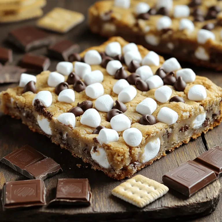 To make S’mores Cookie Bars, you'll need some simple yet delicious ingredients. Each one adds to the flavor and fun of this treat. Here's what you need: - 1 cup unsalted butter - 1 cup packed brown sugar - ½ cup granulated sugar - 2 large eggs - 1 teaspoon pure vanilla extract - 2 ½ cups all-purpose flour - 1 teaspoon baking soda - ½ teaspoon fine sea salt - 1 cup semi-sweet chocolate chips - 1 cup mini marshmallows - 1 cup graham cracker crumbs - Optional toppings: Extra marshmallows, chocolate chips These ingredients combine to create a chewy, gooey delight. The butter makes it rich, while the sugars add sweetness. Eggs give the bars nice structure. The flour and baking soda help them rise. Chocolate chips and marshmallows make every bite a tasty surprise. Graham cracker crumbs bring that classic s’mores flavor. You can even add more marshmallows or chocolate chips on top for extra fun! For the full recipe, check out the details on how to bring this treat to life. Start by preheating your oven to 350°F (175°C). Grease a 9x13 inch baking pan or line it with parchment paper. This makes it easy to remove the bars later. In a large bowl, mix the softened butter, brown sugar, and granulated sugar. Use a hand mixer or stand mixer. Blend until light and fluffy, about 2-3 minutes. Next, add the eggs one at a time. Mix well after each egg. Finally, stir in the vanilla extract for extra flavor. In another bowl, whisk together the flour, baking soda, and salt. Gradually add this dry mix to the wet mix. Stir gently until combined. Be careful not to overmix, as this can affect the texture. Now, it's time to create the delicious dough! Carefully fold in the chocolate chips and graham cracker crumbs. Use a spatula to ensure they are evenly spread in the dough. This adds a great texture and flavor to each bite. Set aside a small amount of mini marshmallows and chocolate chips for later. Next, transfer the dough to your prepared baking pan. Press it down firmly into an even layer. Now, sprinkle the reserved mini marshmallows and chocolate chips on top. Press them gently into the dough. This helps them stick as they bake. Place the baking pan in your preheated oven. Bake for 25-30 minutes. You want the edges to turn golden brown. The center should look set, and a toothpick should come out with a few moist crumbs. Once baked, remove the pan from the oven. Let the cookie bars cool for at least 10 minutes in the pan. After cooling, lift the bars out using the parchment paper. Slice them into squares or rectangles. For a special touch, use a kitchen torch to lightly toast the tops before serving. This gives them a nice, toasted flavor. You can find the full recipe for these delightful bars above. Enjoy every bit of this sweet treat! To make the best S’mores cookie bars, avoid overmixing your dough. When you mix too much, the bars can turn out dense. Mix just until you see no flour. This keeps your bars light and chewy. Layering toppings helps create great texture. Start with a base of chocolate chips, then add graham cracker crumbs and mini marshmallows on top. This gives you a nice crunch as you bite into the soft cookie. For a fun serving idea, cut the cookie bars into fun shapes with cookie cutters. You can also stack them on a plate with extra chocolate squares beside them. This makes a great treat for parties or family gatherings! Garnish the top with a light dusting of graham cracker crumbs. This makes your bars look more like real S’mores. You can also toast some extra mini marshmallows on top for a campfire vibe. Make sure to measure your ingredients accurately. Using too much flour or sugar can change the texture of your cookie bars. Use a kitchen scale for the best results. Recognizing doneness is key. Your bars should be golden brown at the edges. The center might look a bit soft, but it will firm up as it cools. A toothpick should come out with a few moist crumbs, not wet batter. {{image_4}} You can make S'mores Cookie Bars gluten-free. Use gluten-free flour blends. Look for ones that have a good mix of starches. These blends often mimic regular flour well. You might need to add a bit more liquid. This keeps your bars chewy and moist. Want to change the taste? You can add peanut butter or butterscotch chips to the dough. These flavors blend well with chocolate. You can also toss in some assorted nuts. Walnuts or pecans add a nice crunch. Mix and match to find your favorite combo! Try some fun seasonal swaps! In fall, add pumpkin spice for a warm flavor. You can use it in the dough or sprinkle on top. In summer, fresh fruit can brighten your bars. Think strawberries or blueberries for a fresh twist. These small changes can make your treats feel new and exciting. To keep your s’mores cookie bars fresh, use airtight containers. This helps lock in moisture and flavor. Store the bars at room temperature. A cool, dry place is best for keeping them tasty. You can freeze cookie bars for later. First, let them cool completely. Then, wrap them tightly in plastic wrap and place them in a freezer bag. When you want to enjoy them, thaw at room temperature. For the best taste and texture, warm them in the oven for a few minutes. This brings back their soft, chewy goodness. S’mores cookie bars are best eaten within a week. After that, they may lose their charm. Look for signs of spoilage, like a dry texture or off smell. If they feel hard or crumbly, it’s time to toss them. Enjoy these delightful treats while they’re fresh! For the full recipe, check out the earlier section. You can check if the bars are ready by looking for a few key signs. First, the edges should turn a nice golden brown. The center must look set, not jiggly. You can also use a toothpick; if it comes out with a few moist crumbs, they are done. Yes, you can make these cookie bars ahead of time. Simply prepare the dough and store it in the fridge for up to 24 hours. When you are ready, bake them as usual. You can also bake them early and keep them at room temperature for a day. If you want a vegan option, you can replace eggs with applesauce or flaxseed meal. Use ¼ cup of applesauce for each egg. For flaxseed, mix one tablespoon of ground flaxseed with three tablespoons of water and let it sit for five minutes. To keep your cookie bars fresh, store them in an airtight container. This method keeps them soft and chewy. You can also layer parchment paper between layers to avoid sticking. Yes, you can use milk chocolate. It will make your cookie bars sweeter and creamier. The texture might become a bit softer, but the bars will still be delicious. Absolutely! This recipe is simple and straightforward. You only need a few skills, like mixing and baking. The steps are clear, making it great for anyone new to baking. For those wanting more tips, check out the Full Recipe for extra guidance. In this blog post, we explored how to make delicious S’mores Cookie Bars. We covered the essential ingredients, step-by-step instructions, baking tips, and various delicious variations. Remember, perfecting your bars requires attention to mixing and doneness. Feel free to experiment with flavors or options. These treats can bring joy to any occasion. Follow the tips for great results every time. Enjoy your baking journey and share these tasty bars with friends and family!