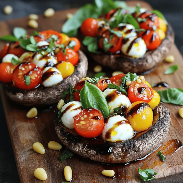 - 4 large Portobello mushrooms, stems carefully removed - 2 cups cherry tomatoes, halved for vibrant color - 1 cup fresh mozzarella balls, halved for bite-sized pieces - 1/2 cup fresh basil leaves, finely chopped to release their aromatic flavor - 3 tablespoons balsamic glaze for a tangy finish - 2 tablespoons extra virgin olive oil to enhance richness - 1 teaspoon garlic powder for depth of flavor - Salt and black pepper to taste for seasoning - 1/4 cup pine nuts, toasted for extra crunch The main ingredients bring the classic Caprese flavors to life. The juicy cherry tomatoes add sweetness and brightness. Fresh mozzarella gives a creamy texture that melts beautifully. The basil adds a fragrant touch that ties everything together. For extra flavor and richness, I use balsamic glaze and olive oil. The garlic powder adds a nice depth, while salt and pepper balance the dish. If you want a little crunch, pine nuts are a great choice. You can find the full recipe above to see how these ingredients come together to create a delicious dish. 1. Preheat your oven to 375°F (190°C). This ensures even cooking. 2. Prepare a baking sheet by lining it with parchment paper. This helps with easy clean up. 3. In a medium bowl, mix halved cherry tomatoes, mozzarella balls, and chopped basil. 4. Drizzle in 2 tablespoons of olive oil and balsamic glaze. 5. Season with garlic powder, salt, and pepper. Toss gently until everything is mixed well. 1. Take the Portobello mushrooms and place them cap side up on the baking sheet. 2. Drizzle the inside of each mushroom with the last tablespoon of olive oil. 3. Sprinkle with salt and pepper to bring out their natural taste. 4. Fill each mushroom with the Caprese mix. Press gently to pack it in. 5. If you like, add pine nuts on top for added crunch and flavor. 1. Place the stuffed mushrooms in the oven. Bake for 20-25 minutes. 2. Keep an eye on them. Look for tender mushrooms and melted cheese that is slightly golden. 3. Once done, remove them from the oven. Drizzle more balsamic glaze for extra flavor before serving. For the full recipe, refer to the detailed instructions provided above. Enjoy your cooking! To achieve the perfect texture, choose large Portobello mushrooms. They should be firm and not too wet. Bake them until tender, which usually takes about 20-25 minutes. Keep an eye on them to avoid overcooking. For a great flavor balance, use fresh ingredients. The mix of tomatoes, mozzarella, and basil creates a bright taste. Season well with salt and pepper to enhance all the flavors. For an impressive look, serve the stuffed mushrooms on a rustic wooden board. This adds warmth and charm to the dish. You can also garnish with fresh basil leaves and a drizzle of balsamic glaze. Pair them with a light salad or crusty bread. This complements the mushrooms and adds texture to your meal. To make the dish even better, consider adding more seasonings. A pinch of red pepper flakes can add heat. You might also try fresh herbs like oregano or thyme for extra aroma. Optional garnishes like toasted pine nuts add a nice crunch. They bring a nutty flavor that pairs well with the mushrooms and cheese. Enjoy experimenting with these ideas to create your perfect dish! {{image_4}} For a vegan twist on Caprese stuffed Portobello mushrooms, you can swap the cheese. Use cashew cheese or tofu instead of mozzarella. Both options provide creaminess and flavor without dairy. You can also replace the balsamic glaze with a mix of vinegar and maple syrup for sweetness. If you need gluten-free options, this recipe already fits the bill. Portobello mushrooms are naturally gluten-free. Just ensure any additional sauces or toppings you use are also gluten-free. If you want to switch up the cheese, try goat cheese or feta. These cheeses add a unique tang and creaminess. You can also use vegan cheese for a non-dairy option. For fresh herbs, experiment with thyme or oregano. They pair well with the Caprese flavors. You might also add arugula for a peppery touch. Each herb brings its own character to the dish. You can stuff Portobello mushrooms with other ingredients too. Try a mix of spinach and artichokes for a different flavor. Another option is to use roasted red peppers and feta for a Mediterranean twist. Feel free to combine flavors. Add sun-dried tomatoes for sweetness or olives for a salty kick. Each variation can create a new and exciting dish. Check out the Full Recipe for more ideas! To keep your Caprese stuffed Portobello mushrooms fresh, follow these tips: - Refrigerate: Place any leftovers in an airtight container. They stay good for up to 3 days. - Avoid moisture: Make sure the container is dry to prevent sogginess. - Freezing: You can freeze the stuffed mushrooms. Wrap each one in plastic wrap and then place them in a freezer bag. They can last for about 2 months. When it’s time to enjoy your leftovers, here’s how to reheat them: - Oven method: Preheat your oven to 350°F (175°C). Place the mushrooms on a baking tray. Heat them for about 10-15 minutes. This method keeps the mushrooms tender. - Microwave method: For a quick option, place them on a microwave-safe plate. Heat for 1-2 minutes. However, they may lose some texture. Knowing how long your dish lasts is key: - Fridge: Your stuffed mushrooms last about 3 days in the fridge. - Signs of spoilage: Look for discoloration or an off smell. If they seem slimy or have mold, throw them away. For the full recipe, visit the Caprese stuffed Portobello mushrooms section. What can I use instead of mozzarella? You can use burrata, feta, or goat cheese. These cheeses offer unique flavors. Burrata has a creamy texture, while feta adds a salty bite. Goat cheese brings tanginess that contrasts nicely with the mushrooms. Can I use dried basil instead of fresh? Yes, you can use dried basil, but use less. Dried herbs are stronger in flavor. About one teaspoon of dried basil equals one tablespoon of fresh. Add it to your filling and adjust to taste. How do I know when the mushrooms are done? Mushrooms are done when they become tender. The cheese should be melted and slightly golden. You can poke the mushrooms with a fork for a quick check. They should feel soft but not fall apart. Can I make the filling ahead of time? Yes, you can prepare the filling a day ahead. Store it in the fridge in a sealed container. This saves time and makes cooking easier. Just fill the mushrooms right before baking. What goes well with Caprese Stuffed Portobello Mushrooms? These mushrooms pair well with a green salad. A light vinaigrette complements their rich flavors. You can also serve them with crusty bread or a side of pasta for a full meal. Are these mushrooms suitable for a party appetizer? Absolutely! They are colorful and easy to serve. Each mushroom is a perfect bite-sized treat. Guests will love the blend of flavors in every bite. For a party, consider making a larger batch. This blog post covered making Caprese Stuffed Portobello Mushrooms. We explored key ingredients, like fresh basil and cherry tomatoes. You learned step-by-step instructions for prep, stuffing, and baking. I shared tips for perfect texture and flavor and offered variations to fit dietary needs. Remember, these mushrooms are a delicious dish for any occasion. You're ready to impress with your new cooking skills. Enjoy experimenting with flavors and share your results!