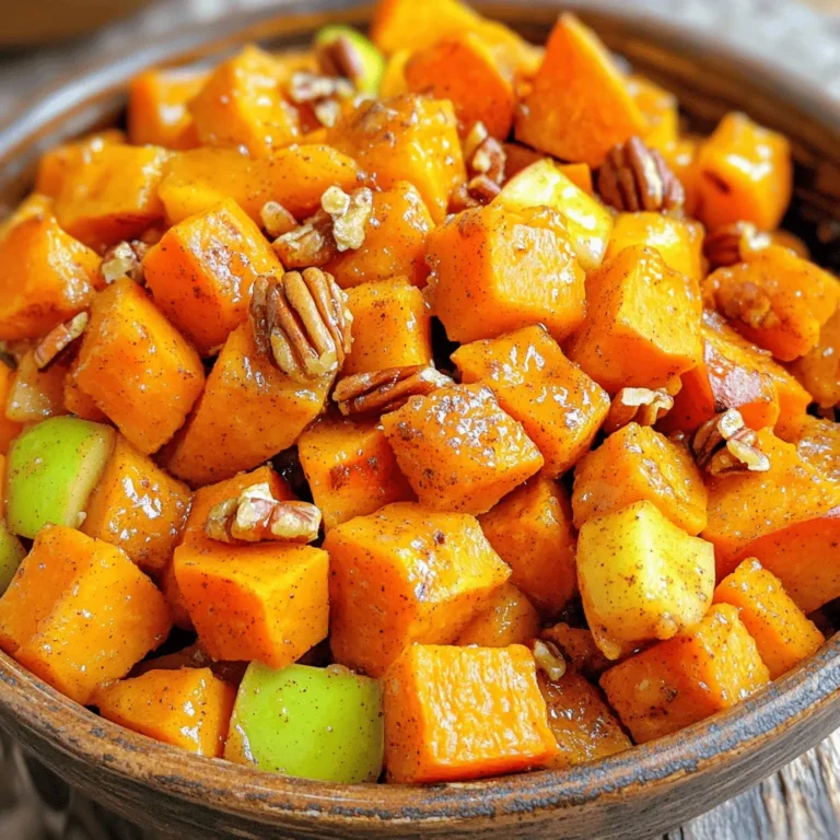 - 4 medium sweet potatoes, peeled and cut into 1-inch cubes - 2 medium apples, cored and cut into bite-sized pieces - 3 tablespoons extra virgin olive oil - 2 teaspoons ground cinnamon - 1 teaspoon pure vanilla extract - 1 tablespoon pure maple syrup (optional) - 1/2 teaspoon ground nutmeg - Sea salt, to taste - 1/2 cup chopped pecans or walnuts (for garnish) To make cinnamon roasted sweet potatoes and apples, start with fresh ingredients. Sweet potatoes provide a creamy base, while apples add a nice crunch. I suggest using Granny Smith or Honeycrisp apples. These varieties offer a great balance of sweet and tart. Next, we need olive oil for roasting. It helps to crisp the edges and enhances the flavors. Ground cinnamon and nutmeg will give your dish that warm, cozy taste. If you want a touch of sweetness, add maple syrup. This is optional but worth it if you like it sweeter. Finally, don't forget about the nuts! Chopped pecans or walnuts add a delightful crunch on top. This mix of flavors makes every bite special. You can find a full recipe for cinnamon roasted sweet potatoes and apples in the corresponding section. 1. Preheating the oven: Start by preheating your oven to 425°F (220°C). This high heat helps the sweet potatoes caramelize nicely. While the oven heats, you can prepare the rest of the dish. 2. Mixing the ingredients: In a large bowl, combine the sweet potato cubes and apple pieces. Pour in 3 tablespoons of extra virgin olive oil. Next, add 2 teaspoons of ground cinnamon, 1 teaspoon of pure vanilla extract, and 1/2 teaspoon of ground nutmeg. If you like it sweet, stir in 1 tablespoon of pure maple syrup. Add a pinch of sea salt to enhance the flavors. 3. Spreading on the baking sheet: Use a wooden spoon or spatula to toss everything together. Make sure all the pieces are coated well. Then, spread the mixture in a single layer on a lined baking sheet. This space allows the sweet potatoes and apples to roast evenly. 1. Timing and tossing: Roast the sweet potatoes and apples in your preheated oven for about 25-30 minutes. Halfway through, around the 15-minute mark, take the baking sheet out and toss the mixture. This helps with even cooking and caramelization. 2. Achieving the perfect texture: You want the sweet potatoes to be tender and slightly golden. Keep an eye on them as they roast. When they look good and smell great, they are ready to come out of the oven. For the full recipe, check the earlier section. Enjoy this easy and tasty dish! To ensure even roasting, cut sweet potatoes and apples into similar sizes. This helps them cook at the same rate. Spread them out on the baking sheet. Do not crowd the pan. Give each piece room to breathe. Toss the mix halfway through cooking to avoid burning. For flavor enhancement, use fresh spices when possible. Fresh cinnamon packs more punch than old spices. You can add a pinch of cayenne pepper for some heat. A squeeze of lemon juice brightens up the flavors, too. For serving suggestions, use a rustic bowl that shows off the colors. A wooden bowl adds a warm touch. You can layer the sweet potatoes and apples for height. This makes the dish look more inviting. For garnishing techniques, sprinkle extra cinnamon on top. Add a handful of chopped pecans or walnuts for crunch. A light drizzle of maple syrup can add a touch of shine. You can also garnish with fresh herbs like mint for a pop of color. Enjoy these tips to make your cinnamon roasted sweet potatoes and apples shine. Check the Full Recipe for more details! {{image_4}} You can easily change some ingredients to fit your taste. Instead of maple syrup, try honey or agave syrup. These sweeteners work well and add a nice flavor. If you're not a fan of nuts, you can skip them. However, if you want a crunch, use almonds or pistachios. They give a different taste and texture. Spices can change the whole dish. Try adding a pinch of ginger or a dash of cayenne for some heat. These spices can give your sweet potatoes and apples a new twist. You can also mix in different fruits. Pears or cranberries can add a fun flavor. Each fruit will give your dish a unique taste, making it exciting every time you cook it. For the Full Recipe, follow the steps above and enjoy the fun of cooking. After enjoying your cinnamon roasted sweet potatoes and apples, you may have some leftovers. Store them in an airtight container. Place them in the fridge. They will stay fresh for about 3 to 5 days. If you want to keep them longer, consider freezing. Use freezer-safe bags or containers. Make sure to remove as much air as possible. They can last up to 3 months in the freezer. When you’re ready to enjoy them again, simply thaw them in the fridge overnight. You have a few great options for reheating your leftovers. The oven is a top choice. Preheat it to 350°F (175°C). Spread the sweet potatoes and apples on a baking sheet. Heat for about 10 to 15 minutes. This method keeps them crispy and tasty. You can also use the microwave for a quick reheat. Place the leftovers in a microwave-safe dish. Cover it with a lid or a damp paper towel. Heat in short bursts of 30 seconds, stirring in between. This way, they warm evenly without getting mushy. For best results, always check if they are heated through before serving. Enjoy your delicious meal again! How to make the dish vegan? To make cinnamon roasted sweet potatoes and apples vegan, simply skip the maple syrup. Use agave nectar instead if you want some sweetness. The dish works well without any sweeteners. Can I prepare this in advance? Yes, you can prepare the dish ahead of time. Chop the sweet potatoes and apples, then store them in an airtight container in the fridge. You can mix the olive oil and spices in another container. Just combine them before roasting. What goes well with cinnamon roasted sweet potatoes and apples? This dish pairs nicely with grilled chicken or pork. You can also serve it with a simple green salad for a fresh touch. Can I use different types of apples? Absolutely! You can use any apples you enjoy. I recommend Granny Smith for a tart taste or Honeycrisp for sweetness. Each type adds its own flavor to the dish. How long do leftovers last? Leftovers of cinnamon roasted sweet potatoes and apples last about 3 to 5 days in the fridge. Store them in a sealed container for best results. You can also freeze them, but they may lose some texture. In this post, we covered a delicious recipe for cinnamon roasted sweet potatoes and apples. We talked about the key ingredients, step-by-step cooking instructions, and helpful presentation ideas. You also learned about tips for storage and variations to suit your taste. Enjoy making this dish! It’s simple, tasty, and perfect for any meal. Remember, you can always adjust flavors to your liking. Happy cooking!
