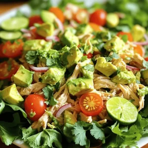 To make this Avocado Lime Chicken Salad, you need: - 2 cups cooked chicken breast, shredded - 1 ripe avocado, diced into cubes - 1/2 cup cherry tomatoes, halved through the center - 1/4 cup red onion, finely chopped - 1/4 cup fresh cilantro, chopped - Juice of 1 lime (reserve lime zest for finishing) - 1 tablespoon extra-virgin olive oil - Salt and freshly ground black pepper to taste - 1/4 teaspoon garlic powder - 1/4 teaspoon ground cumin When picking ingredients, look for ripe avocados. They should feel slightly soft but not mushy. Choose bright red cherry tomatoes with no blemishes. Fresh cilantro should have vibrant green leaves and no wilting. For chicken, use meat that is cooked and shredded, without any added preservatives. You can add other ingredients to change the flavors. Try adding diced bell peppers for crunch or corn for sweetness. If you want a creamier salad, mix in Greek yogurt or sour cream. For a protein boost, consider beans or chickpeas. Feel free to swap the chicken for grilled shrimp or tofu for a vegetarian option. You can find the Full Recipe for complete details on preparation. To make Avocado Lime Chicken Salad, start by gathering all your ingredients. You’ll need cooked chicken, avocado, cherry tomatoes, red onion, cilantro, lime juice, olive oil, and seasonings. In a large mixing bowl, add 2 cups of shredded chicken. Dice 1 ripe avocado into small cubes and add it to the bowl. Next, slice 1/2 cup of cherry tomatoes in half and toss them in. Then, finely chop 1/4 cup of red onion and add it for a nice crunch. In a small bowl, whisk 1 lime's juice with 1 tablespoon of olive oil. Add 1/4 teaspoon of garlic powder and 1/4 teaspoon of ground cumin. Season with salt and black pepper to taste. Pour this tangy dressing over the chicken and veggies. Gently mix everything together, careful not to mash the avocado. Finally, fold in 1/4 cup of chopped cilantro to finish. When mixing your ingredients, use a gentle touch. You want to keep the avocado cubes intact. If you mash them, the salad will become mushy. It helps to mix the chicken and veggies first, then add the dressing. This way, everything gets coated without damaging the avocado. Look for bright colors in your salad. The green avocado should be vibrant, and the tomatoes should shine. If your salad looks fresh and colorful, you’re on the right track. When you taste it, the flavors should be bright and zesty. If the salad feels creamy but not mushy, you nailed the texture. Serve it right away for the best taste or chill it for a bit to let the flavors blend. For a nice touch, sprinkle some lime zest on top just before serving. You can find the Full Recipe for a more detailed guide. To boost the taste of your avocado lime chicken salad, try adding different spices. You can mix in some smoked paprika for a hint of smokiness. A dash of cayenne pepper adds heat and depth. If you love fresh herbs, consider adding fresh dill or parsley. They can brighten up the salad. You can also switch up the lime juice with lemon or orange juice for a different twist. One mistake is over-mixing the salad. Gently toss the ingredients to keep the avocado cubes intact. If you add too much salt at once, it can overwhelm the dish. Start with a little and taste as you go. Another mistake is not using ripe avocados. A hard avocado won’t blend well and can feel bland. Make sure it yields slightly when you press it gently. For the best avocado texture, cut it just before you mix the salad. This keeps it fresh and vibrant. When dicing, aim for even cubes. This helps them mix well with other ingredients. Use a fork to mash a bit of avocado if you want a creamier texture. Just be careful not to mash it all. You want that creamy richness without losing the delightful chunks. For more details, check the Full Recipe for Avocado Lime Chicken Salad! {{image_4}} If you want to mix things up, try different proteins. You can use shrimp or tofu for a fresh twist. For a leaner option, turkey works well too. Each choice brings new flavors. Just adjust cooking times as needed. Adding toppings makes the salad even better. You could sprinkle on some feta cheese for a salty kick. Sliced olives add a briny flavor that complements the avocado. If you like a crunch, toss in some nuts or seeds. They add texture and depth. Feel free to get creative with seasonal veggies, like bell peppers or cucumbers. To make a vegan version, swap out the chicken for chickpeas. Use firm tofu or tempeh for extra protein. Replace the lime juice with lemon juice if you prefer a different tang. Keep the avocado and mix in your favorite veggies. This way, you still enjoy a creamy and delicious salad. The Full Recipe gives you all the details on how to prepare this meal. To keep your Avocado Lime Chicken Salad fresh, store it in an airtight container. This helps keep moisture in and air out. If you plan to eat it later, avoid mixing in the dressing until you are ready. The dressing makes the salad soggy over time. Use glass or BPA-free plastic containers. Glass containers are great because they do not retain odors. Choose containers with tight-fitting lids to keep your salad fresh. If you have a lot of salad, consider using a larger container. Your salad will stay fresh for about two to three days in the fridge. Look for any changes in color or smell. If the salad starts to brown or smells off, it’s best to toss it. Always trust your senses; they help you avoid spoiled food. Yes, you can make this salad ahead of time. Prepare the chicken, avocado, and other ingredients. Mix them together just before serving. This keeps the avocado fresh and tasty. If you want to store it, keep the dressing separate. When you are ready to eat, combine everything for the best flavor. You can serve this salad with many sides. Here are some tasty options: - Tortilla chips for crunch - Whole grain bread for a sandwich - Quinoa for added protein - Rice for a filling meal These sides balance well with the salad's fresh flavors. To keep your avocado green, you can use lime juice. The acid in lime slows down browning. You can also try covering the salad tightly with plastic wrap. Press the wrap against the salad to limit air exposure. If you use a bowl, cover it well with a lid. These tips help keep your avocado fresh longer. In this post, I covered how to make Avocado Lime Chicken Salad. I shared ingredient choices and tips for selecting fresh items. You learned about preparation steps and how to avoid common mistakes. I also suggested variations for different diets and how to store leftovers. Remember, picking quality ingredients matters. With these tips, your salad will shine. Enjoy creating this flavorful dish and make it your own!