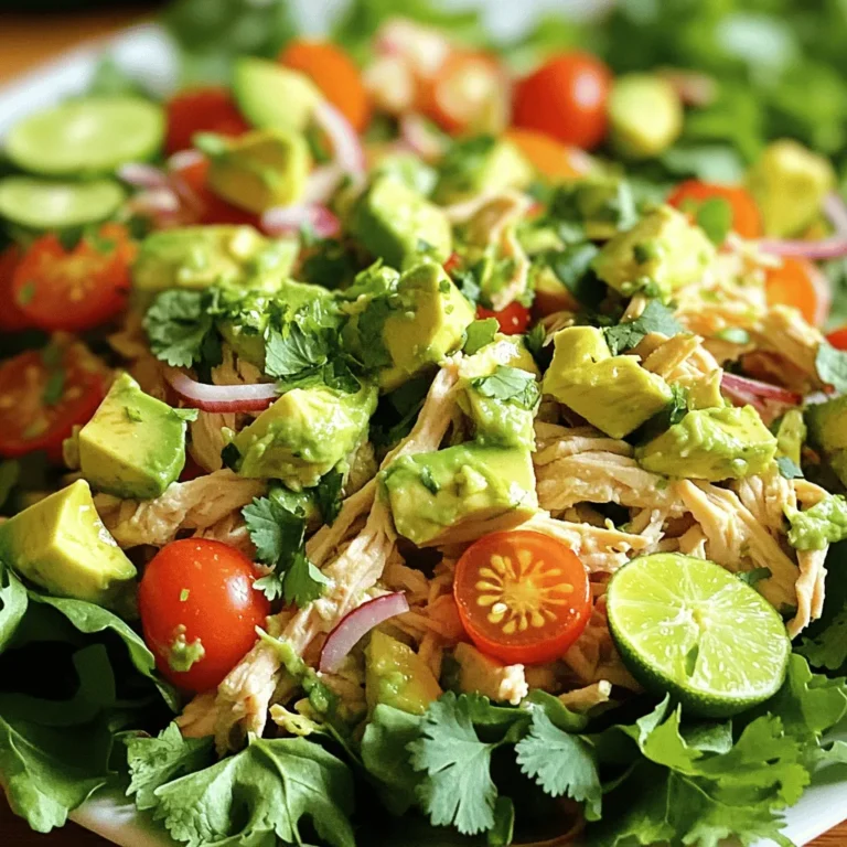 To make this Avocado Lime Chicken Salad, you need: - 2 cups cooked chicken breast, shredded - 1 ripe avocado, diced into cubes - 1/2 cup cherry tomatoes, halved through the center - 1/4 cup red onion, finely chopped - 1/4 cup fresh cilantro, chopped - Juice of 1 lime (reserve lime zest for finishing) - 1 tablespoon extra-virgin olive oil - Salt and freshly ground black pepper to taste - 1/4 teaspoon garlic powder - 1/4 teaspoon ground cumin When picking ingredients, look for ripe avocados. They should feel slightly soft but not mushy. Choose bright red cherry tomatoes with no blemishes. Fresh cilantro should have vibrant green leaves and no wilting. For chicken, use meat that is cooked and shredded, without any added preservatives. You can add other ingredients to change the flavors. Try adding diced bell peppers for crunch or corn for sweetness. If you want a creamier salad, mix in Greek yogurt or sour cream. For a protein boost, consider beans or chickpeas. Feel free to swap the chicken for grilled shrimp or tofu for a vegetarian option. You can find the Full Recipe for complete details on preparation. To make Avocado Lime Chicken Salad, start by gathering all your ingredients. You’ll need cooked chicken, avocado, cherry tomatoes, red onion, cilantro, lime juice, olive oil, and seasonings. In a large mixing bowl, add 2 cups of shredded chicken. Dice 1 ripe avocado into small cubes and add it to the bowl. Next, slice 1/2 cup of cherry tomatoes in half and toss them in. Then, finely chop 1/4 cup of red onion and add it for a nice crunch. In a small bowl, whisk 1 lime's juice with 1 tablespoon of olive oil. Add 1/4 teaspoon of garlic powder and 1/4 teaspoon of ground cumin. Season with salt and black pepper to taste. Pour this tangy dressing over the chicken and veggies. Gently mix everything together, careful not to mash the avocado. Finally, fold in 1/4 cup of chopped cilantro to finish. When mixing your ingredients, use a gentle touch. You want to keep the avocado cubes intact. If you mash them, the salad will become mushy. It helps to mix the chicken and veggies first, then add the dressing. This way, everything gets coated without damaging the avocado. Look for bright colors in your salad. The green avocado should be vibrant, and the tomatoes should shine. If your salad looks fresh and colorful, you’re on the right track. When you taste it, the flavors should be bright and zesty. If the salad feels creamy but not mushy, you nailed the texture. Serve it right away for the best taste or chill it for a bit to let the flavors blend. For a nice touch, sprinkle some lime zest on top just before serving. You can find the Full Recipe for a more detailed guide. To boost the taste of your avocado lime chicken salad, try adding different spices. You can mix in some smoked paprika for a hint of smokiness. A dash of cayenne pepper adds heat and depth. If you love fresh herbs, consider adding fresh dill or parsley. They can brighten up the salad. You can also switch up the lime juice with lemon or orange juice for a different twist. One mistake is over-mixing the salad. Gently toss the ingredients to keep the avocado cubes intact. If you add too much salt at once, it can overwhelm the dish. Start with a little and taste as you go. Another mistake is not using ripe avocados. A hard avocado won’t blend well and can feel bland. Make sure it yields slightly when you press it gently. For the best avocado texture, cut it just before you mix the salad. This keeps it fresh and vibrant. When dicing, aim for even cubes. This helps them mix well with other ingredients. Use a fork to mash a bit of avocado if you want a creamier texture. Just be careful not to mash it all. You want that creamy richness without losing the delightful chunks. For more details, check the Full Recipe for Avocado Lime Chicken Salad! {{image_4}} If you want to mix things up, try different proteins. You can use shrimp or tofu for a fresh twist. For a leaner option, turkey works well too. Each choice brings new flavors. Just adjust cooking times as needed. Adding toppings makes the salad even better. You could sprinkle on some feta cheese for a salty kick. Sliced olives add a briny flavor that complements the avocado. If you like a crunch, toss in some nuts or seeds. They add texture and depth. Feel free to get creative with seasonal veggies, like bell peppers or cucumbers. To make a vegan version, swap out the chicken for chickpeas. Use firm tofu or tempeh for extra protein. Replace the lime juice with lemon juice if you prefer a different tang. Keep the avocado and mix in your favorite veggies. This way, you still enjoy a creamy and delicious salad. The Full Recipe gives you all the details on how to prepare this meal. To keep your Avocado Lime Chicken Salad fresh, store it in an airtight container. This helps keep moisture in and air out. If you plan to eat it later, avoid mixing in the dressing until you are ready. The dressing makes the salad soggy over time. Use glass or BPA-free plastic containers. Glass containers are great because they do not retain odors. Choose containers with tight-fitting lids to keep your salad fresh. If you have a lot of salad, consider using a larger container. Your salad will stay fresh for about two to three days in the fridge. Look for any changes in color or smell. If the salad starts to brown or smells off, it’s best to toss it. Always trust your senses; they help you avoid spoiled food. Yes, you can make this salad ahead of time. Prepare the chicken, avocado, and other ingredients. Mix them together just before serving. This keeps the avocado fresh and tasty. If you want to store it, keep the dressing separate. When you are ready to eat, combine everything for the best flavor. You can serve this salad with many sides. Here are some tasty options: - Tortilla chips for crunch - Whole grain bread for a sandwich - Quinoa for added protein - Rice for a filling meal These sides balance well with the salad's fresh flavors. To keep your avocado green, you can use lime juice. The acid in lime slows down browning. You can also try covering the salad tightly with plastic wrap. Press the wrap against the salad to limit air exposure. If you use a bowl, cover it well with a lid. These tips help keep your avocado fresh longer. In this post, I covered how to make Avocado Lime Chicken Salad. I shared ingredient choices and tips for selecting fresh items. You learned about preparation steps and how to avoid common mistakes. I also suggested variations for different diets and how to store leftovers. Remember, picking quality ingredients matters. With these tips, your salad will shine. Enjoy creating this flavorful dish and make it your own!