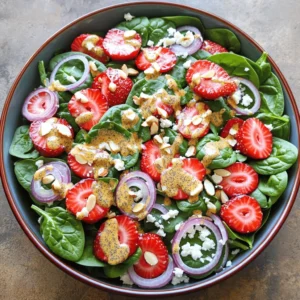 - 5 cups fresh spinach leaves, thoroughly washed and dried - 2 cups fresh strawberries, hulled and sliced into thin rounds - 1/2 cup red onion, very thinly sliced - 1/4 cup slivered almonds, preferably toasted for enhanced flavor - 1/4 cup feta cheese, crumbled for a creamy contrast - 1/4 cup extra virgin olive oil for richness - 2 tablespoons apple cider vinegar for a tangy kick - 2 tablespoons honey for a touch of sweetness - 1 tablespoon poppy seeds, adding texture - Salt and freshly ground black pepper, to taste I love using fresh spinach in this salad. It gives a crisp base that holds the other flavors well. Strawberries add a sweet burst that brightens each bite. Red onion gives a nice bite and balances the sweetness. Slivered almonds add crunch, and feta cheese brings creaminess. The poppy seed dressing is simple but full of flavor. The olive oil adds richness, while apple cider vinegar gives it a tangy note. Honey sweetens the mix, and poppy seeds create a fun texture. You can adjust the salt and pepper to your liking. For the full recipe, check out the details above. To start, gather your ingredients for the dressing. Combine: - 1/4 cup extra virgin olive oil - 2 tablespoons apple cider vinegar - 2 tablespoons honey - 1 tablespoon poppy seeds Whisk these together in a small bowl. Mix until smooth. Taste it! Adjust with salt and black pepper. This dressing is creamy and sweet. Set it aside to let the flavors blend. Now, take a large bowl and arrange 5 cups of fresh spinach leaves. Make sure they are clean and dry. Spread them out evenly. This will be your vibrant base, ready to hold all the other ingredients. Next, add 2 cups of sliced strawberries and 1/2 cup of very thinly sliced red onion on top of the spinach. The bright red strawberries pair well with the green spinach. The onion adds a nice crunch. Drizzle the poppy seed dressing over the salad. Be sure to cover the greens and strawberries evenly. Then, gently toss the salad using a pair of tongs. Be careful not to bruise the spinach. Finally, sprinkle 1/4 cup of toasted slivered almonds and 1/4 cup of crumbled feta cheese on top. This adds a nice crunch and creaminess to each bite. You can serve it right away or chill it for about 15 minutes. Enjoy your fresh Strawberry Spinach Salad with Poppy Seed Dressing! For a full recipe, check out the complete guide. - Use fresh, seasonal strawberries. They taste better and add more color. - Choose high-quality spinach. Look for bright leaves without wilting or browning. - To toast almonds, heat a dry pan over medium heat. Stir the slivers until they are golden and fragrant. This takes about 3-5 minutes. Keep a close eye on them! - If you want a different cheese, try goat cheese or blue cheese. These add unique flavors. - For gatherings, serve salad in clear bowls. This shows off the bright colors. You can also use individual plates for a nice touch. - This salad pairs well with grilled chicken or salmon. It also complements light pasta dishes. You can enjoy it as a side or a main dish. For the full recipe, check out the Strawberry Spinach Delight! {{image_4}} You can switch up the fruit in this salad easily. Try adding other berries like blueberries or raspberries. These fruits add a new twist and keep it fresh. You can even mix in diced apples or pears for extra crunch. Citrus fruits like oranges or mandarins brighten the flavors. Their juice adds a nice tang that complements the sweetness of strawberries. While the poppy seed dressing is delightful, you can explore other dressings. A balsamic vinaigrette brings a rich flavor that pairs well with spinach. A honey mustard dressing adds a nice kick too. If you prefer, you can use store-bought dressings for convenience. Just check the label for healthy options. This salad can fit many diets. For gluten-free eaters, all the ingredients work well. Just ensure your dressing is gluten-free too. If you want a vegan version, skip the feta cheese. You can add avocado for creaminess instead. This keeps the salad tasty while meeting dietary needs. To keep your strawberry spinach salad fresh, store leftovers in a sealed container. Remove any excess dressing to avoid sogginess. If you can, eat the salad within two days for the best taste. Keep it in the fridge to maintain its crunch. Store the poppy seed dressing separately in a jar. It lasts about a week in the fridge. Homemade dressings are best used fresh, but they can still be tasty after a few days. Before using, give it a good shake to mix any ingredients that may have settled. For the full recipe, check out the recipe section above. Yes, you can make the dressing ahead of time. Store it in a sealed jar in the fridge. It stays fresh for about a week. Just give it a good shake before using. The salad tastes best the day it's made. If you store it in the fridge, it can last up to two days. Keep the dressing separate until you're ready to serve. This keeps the greens crisp and fresh. To make the salad more filling, add grilled chicken or shrimp. You can also use chickpeas or beans for a plant-based option. These add protein and create a heartier meal. Adding nuts or seeds can boost the protein and healthy fats. Try sunflower seeds or walnuts. They add crunch and flavor. You can mix greens with fruits and nuts. Try arugula with oranges and walnuts. This keeps the fresh, vibrant feel of the strawberry spinach salad. If you don't have spinach, use kale or mixed greens. Both provide a nice base and pair well with strawberries. Just make sure to massage kale a bit to soften it. This blog post guides you through crafting a fresh and tasty salad. We explored key ingredients, from spinach to strawberries, and how to make a delightful poppy seed dressing. I shared step-by-step methods and useful tips for storage and serving. Fresh ingredients lead to better taste. You can adjust flavors and textures based on your needs. Try different fruits, dressings, or protein add-ins. Enjoy creating a salad that shines at any meal!