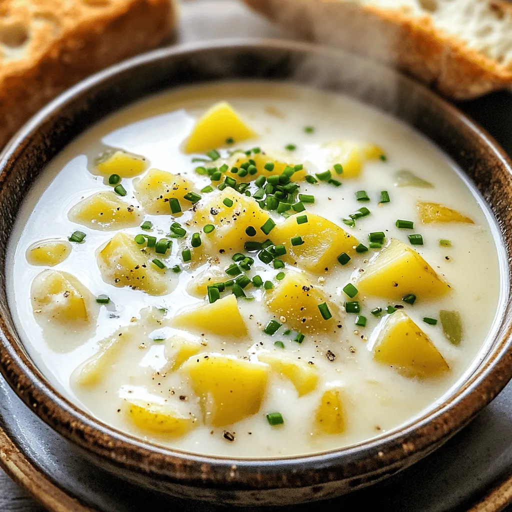 To make Vegan Creamy Garlic Potato Soup, gather these main ingredients: - 4 medium potatoes, peeled and diced into uniform pieces - 1 large onion, finely chopped - 6 cloves of garlic, minced - 4 cups vegetable broth (homemade or store-bought) - 1 cup canned coconut milk (or almond milk for a lighter version) - 2 tablespoons extra virgin olive oil - 1 teaspoon dried thyme - 1 teaspoon smoked paprika - Salt and freshly ground black pepper to taste - Fresh chives, finely chopped (for garnish) These ingredients come together to create a rich and flavorful dish. If you want to switch things up, here are some optional substitutions: - You can use yellow potatoes for a creamier texture. - Shallots can replace the onion for a milder taste. - Use fresh garlic instead of minced if you prefer a stronger garlic flavor. - Swap coconut milk with cashew cream for a different taste. Feel free to adjust any ingredient based on what you have on hand. Cooking should be fun and flexible! For the complete recipe, check out the [Full Recipe]. To make Vegan Creamy Garlic Potato Soup, start with simple steps. Gather your ingredients listed in the Full Recipe. First, heat the olive oil in a large pot over medium heat. You want it hot but not smoking. Add the chopped onion and sauté for about 5-7 minutes. Stir it often until the onion gets soft and clear. Next, add the minced garlic. Cook it for 1-2 minutes. Watch it closely; you want it fragrant, not burned. Now, mix in the diced potatoes. Pour in the vegetable broth along with dried thyme and smoked paprika. Bring this mix to a gentle boil. Once you see bubbles, turn down the heat. Cover the pot and let it simmer for 15-20 minutes. You want the potatoes to be tender enough to poke with a fork. For blending, I recommend using an immersion blender. It makes things easy and quick. Just insert it into the soup and blend until it’s smooth. If you don’t have one, pour the soup in batches into a normal blender. Blend until smooth and return it to the pot. Add the coconut milk or almond milk to the soup. Stir well and season with salt and black pepper. Let it warm on low heat for a few minutes, but don’t let it boil again. Timing is key in this recipe. Cooking the onions well brings out their sweet flavor. Keep an eye on the garlic. It cooks fast, and burnt garlic can ruin the dish. Simmering the potatoes long enough is crucial. They need to be soft for easy blending. When blending, be careful. If using a regular blender, let the soup cool slightly first. Hot soup can splatter. Always blend in small batches to avoid spills. After blending, the soup should look creamy and smooth. Finally, taste the soup before serving. This is your chance to adjust the flavors. Add more salt or pepper if needed. Enjoy the warm, rich flavors of your Vegan Creamy Garlic Potato Soup! To get the best flavors in your Vegan Creamy Garlic Potato Soup, use fresh ingredients. Fresh garlic and onion add a lot of taste. Choose medium-sized potatoes, as they cook evenly. For tools, an immersion blender works best for a smooth soup. If you don’t have one, a regular blender will do. Be careful when blending hot soup. Always let it cool a bit before blending to avoid splashes. You can add spices to boost the flavor. Try adding a pinch of cayenne pepper for some heat. Fresh herbs like parsley or dill can also enhance the taste. If you want a creamier soup, blend in extra coconut milk or cashew cream. For a thicker texture, add more potatoes. If the soup is too thick, stir in some vegetable broth until you reach the desired consistency. For the full recipe, check out the complete guide to this dish. {{image_4}} You can change up this soup with different veggies. Try adding carrots for sweetness or celery for crunch. Spinach or kale can boost the nutrients. Just chop them small and add them in during cooking. For non-dairy milk, coconut milk is rich and creamy. Almond milk is a lighter choice. You can also use oat milk for a mild flavor. Each milk gives a unique taste and texture. Garnishing your soup can make it shine. Sprinkle fresh chives on top for color and flavor. A drizzle of olive oil adds richness. You might also try a dollop of vegan sour cream for creaminess. Pair this soup with crusty bread. A simple side salad adds freshness. You could even serve it with roasted veggies for more flavor. These sides complete your meal and make it even better. To keep your Vegan Creamy Garlic Potato Soup fresh, store it in an airtight container. Let the soup cool completely before sealing the container. This prevents moisture buildup and keeps the flavors intact. You can store the soup in the refrigerator for up to five days. If you want to keep it longer, freeze it. The soup can last up to three months in the freezer. Just remember to leave some space in the container for expansion as it freezes. When it’s time to enjoy your soup again, reheating it correctly is key. For a smooth texture, reheat on the stove over low heat. Stir often to prevent sticking. If the soup seems too thick, add a splash of vegetable broth or water. You can also microwave it in a microwave-safe bowl. Heat it in short bursts, stirring in between, to ensure even warming. To refresh the soup, consider adding a bit more coconut milk or a splash of lemon juice. This adds flavor and helps revive the creamy texture. Enjoy the rich, flavorful dish just like the first time! For the full recipe, check out the earlier section. Is Vegan Creamy Garlic Potato Soup gluten-free? Yes, this soup is gluten-free. All the main ingredients, like potatoes and vegetable broth, do not contain gluten. Always check labels for store-bought broth to be sure. Can I make this soup in advance? Absolutely! This soup stores well. Make it ahead of time and keep it in the fridge for up to four days. It also freezes nicely for about three months. Just reheat it gently before serving. Nutritional information for the soup This soup is packed with nutrients. Each serving provides fiber, vitamins, and healthy fats. It is low in calories but high in flavor. Using coconut milk gives it a creamy texture without dairy. What to serve alongside this soup for a complete meal Pair this soup with crusty bread for a filling meal. A fresh salad can also add a nice crunch. For extra protein, serve some roasted chickpeas on the side. You can find the full recipe to prepare this delightful dish! This blog post covered everything you need to make Vegan Creamy Garlic Potato Soup. We explored key ingredients, shared cooking steps, and listed handy tips to enhance flavor. You learned about possible variations to suit your taste and how to store and reheat leftovers. In summary, this soup is easy to make and delicious. Enjoy creating your own version with your favorite vegetables and spices. With these tips, your soup will impress anyone who tries it. Happy cooking!