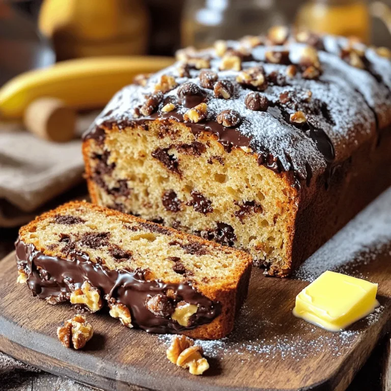 - 3 ripe bananas - 1/2 cup unsalted butter - 1 cup packed brown sugar - 2 large eggs - 1 teaspoon pure vanilla extract - 1 teaspoon baking soda - 1/2 teaspoon fine salt - 1 1/2 cups all-purpose flour - 1 cup semi-sweet chocolate chips - 1/2 cup chopped walnuts (optional) The ingredients for chocolate chip banana bread are simple and easy to find. Each item plays a key role in making this bread moist and tasty. - Butter: If you need a substitute, use coconut oil or applesauce. Both add moisture. - Sugar Varieties: You can swap brown sugar for white sugar or honey. This change alters the flavor. - Egg Substitutes: Use flaxseed meal or applesauce for a vegan option. Each works well in baked goods. These substitutions help you customize your banana bread to fit your needs. You can still enjoy a delicious treat! For the full recipe, check out the Choco-Banana Bliss Bread . 1. Preheat your oven to 350°F (175°C). This helps your bread bake evenly. 2. Prepare your baking pan by greasing a 9x5 inch loaf pan. You can use butter or line it with parchment paper. This makes removal easy later. 3. Mash the ripe bananas in a large bowl until they are smooth. Use a fork or potato masher for this. 4. Mix in the softened butter until the blend is creamy. This adds richness to your banana bread. 1. Add the packed brown sugar to the banana-butter mix. Stir well until combined. This gives sweetness and depth. 2. Crack in the eggs and pour in the vanilla extract. Mix until the batter is smooth. Eggs help bind everything together. 3. Sprinkle the baking soda and salt into the batter. Mix gently until combined. Be careful not to overmix, as this can make the bread tough. 4. Gradually fold in the sifted flour using a spatula or wooden spoon. Stop mixing when no flour streaks remain. It’s fine if the batter is a bit lumpy. 5. Fold in the chocolate chips and chopped walnuts if desired. This adds flavor and texture to your bread. 1. Transfer the batter to the prepared loaf pan. Use a spatula to smooth the top. This ensures an even finish. 2. Bake in the preheated oven for 60-70 minutes. Check for doneness by inserting a toothpick in the center. It should come out clean or with a few moist crumbs. 3. Let the banana bread cool in the pan for about 10 minutes. Then, remove it from the pan and cool completely on a wire rack. This helps keep the texture right. Follow these steps carefully to create a delicious chocolate chip banana bread. For the full recipe, check out the ingredients above! To get the best texture in your chocolate chip banana bread, mixing is key. Start by mashing your bananas until smooth. Then, mix in the butter until creamy. When you add the dry ingredients, mix gently. Overmixing can make the bread tough. Aim to stop mixing as soon as the flour disappears. Ripe bananas are also vital. Look for bananas that are brown with spots. They should feel soft to the touch. These bananas add natural sweetness and moisture. If your bananas are too green, they may not mash well. You can easily boost the flavor of your banana bread. Adding spices is one way. Consider a pinch of cinnamon or nutmeg. These spices bring warmth and depth to your bread. You can also add a splash of almond or coconut extract for a twist. When it comes to chocolate chips, your choice matters. Semi-sweet chips are classic, but dark chocolate can add richness. For a fun touch, try adding white or peanut butter chips. Mix different types for a flavor explosion. Serving banana bread can be fun and creative. Slice the bread warm and serve it with butter. A light dusting of powdered sugar on top looks lovely too. For a fancy touch, drizzle chocolate ganache over each slice. You can also add fresh banana slices for decoration. Pair your banana bread with a cup of coffee or tea. It makes for a delightful treat any time of day. To find the full recipe for this delicious chocolate chip banana bread, check out the [Full Recipe]. {{image_4}} You can switch up the nuts in your chocolate chip banana bread. Adding walnuts, pecans, or almonds adds nice crunch. Each nut brings its own flavor. For a richer taste, try using dark or white chocolate chips. These options change the flavor profile and make it fun. Let’s get creative with flavors! You can add spices like cinnamon or nutmeg. Just a pinch can boost the taste. Another fun idea is to mix in coconut or peanut butter. Coconut gives a tropical twist. Peanut butter will make it extra creamy and rich. If you need gluten-free options, use almond flour instead of all-purpose flour. It works well and keeps the bread moist. For low-sugar or sugar-free choices, try using applesauce or a sugar substitute. These adjustments help everyone enjoy this yummy treat without worry. For the full recipe, check the Choco-Banana Bliss Bread section. To keep your chocolate chip banana bread fresh, wrap it tightly in plastic wrap. This keeps the moisture in and prevents it from drying out. You can also place it in an airtight container. Store the bread at room temperature for up to three days. If you want to enjoy it later, freezing is a great option. To freeze banana bread, slice it first. Wrap each slice in plastic wrap, then place them in a freezer bag. This makes it easy to grab a piece whenever you want. Banana bread lasts about a week in the fridge. Store it in an airtight container to keep it fresh. If you notice any mold or an off smell, it’s time to toss it. Other signs of spoilage include a dry texture or a change in color. Always check your banana bread before eating it, especially if it has been stored for a while. To check if your banana bread is done, use a toothpick. Insert it into the center of the loaf. If the toothpick comes out clean or with a few crumbs, it's ready. If it has wet batter on it, bake longer. - Bake for 60-70 minutes. - Rotate the pan halfway for even cooking. - Look for a golden-brown top. Yes, you can add more bananas. They boost the flavor and sweetness. However, too many bananas can change the texture. The bread may become too moist and dense. Stick to the recipe for the best result. - Use bananas that are overripe for the best taste. - Adjust flour if you add more bananas. To keep your banana bread moist, use ripe bananas. They have more natural sugars and moisture. Also, don’t overmix your batter. This helps keep the bread light and fluffy. - Use room temperature eggs and butter. - Store the bread in an airtight container after cooling. - Add a touch of sour cream or yogurt for extra moisture. For the full recipe, check out the Choco-Banana Bliss Bread above! This guide walks you through making delicious banana bread. We covered essential ingredients, step-by-step instructions, and tips for the best texture. I hope these insights help you enjoy baking and sharing this treat. Experiment with flavors and variations to find your favorite twist. Remember, proper storage keeps your banana bread fresh longer. With these tips, you can bake confidently and create something special. Happy baking!