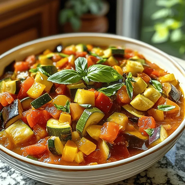 For this ratatouille, I love using fresh, seasonal veggies. They burst with flavor and color. Here are the key ingredients: - 2 medium zucchinis, cut into bite-sized cubes - 1 medium eggplant, diced into uniform pieces - 1 bell pepper (your choice of color), chopped - 1 medium onion, finely chopped - 3 cloves of garlic, minced - 4 ripe tomatoes, chopped into chunks - 1 cup of vegetable broth, low-sodium preferred - 2 teaspoons of dried oregano - 2 teaspoons of dried basil - 1 teaspoon of sea salt - 1/2 teaspoon of freshly ground black pepper - 1 tablespoon of extra virgin olive oil Seasonal veggies like zucchini and eggplant shine in this dish. They soak up the flavors well. Tomatoes add moisture and sweetness. The broth keeps everything tender and tasty. For best results, I recommend low-sodium vegetable broth. This lets the veggie flavors really come through. Fresh basil leaves make a great garnish. They add a pop of color and fresh flavor. Basil also offers health benefits, like antioxidants and vitamins. Here are some other garnish ideas you might like: - Grated cheese, like Parmesan - A drizzle of balsamic glaze - Toasted pine nuts for crunch Garnishes can elevate this dish. They give it a nice touch and can change the flavor profile too. Enjoy exploring different options! For the full recipe, check here [Full Recipe]. Start by washing all your veggies well. This helps remove dirt and any chemicals. Then, cut the zucchinis into bite-sized cubes. Make sure they are uniform so they cook evenly. Next, dice the eggplant into similar-sized pieces. Chop your bell pepper into nice chunks. Finely chop the onion, and mince the garlic cloves. Lastly, cut the ripe tomatoes into chunks. Place all these prepared vegetables aside for mixing later. In a large bowl, combine all the veggies you prepped. Add the chopped zucchinis, eggplant, bell pepper, onion, and tomatoes. Don’t forget the minced garlic! Drizzle the olive oil over this mix. Then, sprinkle in the dried oregano, dried basil, sea salt, and black pepper. Toss everything together well. This ensures every piece gets coated in oil and seasoning. The flavors will combine beautifully as it cooks. Pour the vegetable broth into the bottom of your crockpot. This will keep the veggies from sticking. Now, carefully transfer the seasoned vegetable mix into the crockpot. Spread it out evenly. Cover the pot with the lid. Set your crockpot to cook on low for 6-8 hours or on high for 3-4 hours. The dish is done when the veggies are tender and flavors blend perfectly. After cooking, taste the ratatouille. Adjust the seasoning if needed, and stir gently before serving. For the complete recipe, check the [Full Recipe]. To enhance the flavor of your ratatouille, use the freshest veggies. Fresh produce adds brightness. Choose ripe tomatoes for sweetness. You can also roast the vegetables before adding them to the crockpot. This adds depth to their flavor. A splash of balsamic vinegar can give your dish a nice tang. If you enjoy a bit of heat, add a pinch of red pepper flakes. Different crockpot models may cook at different speeds. If your crockpot runs hot, check your ratatouille early. On the other hand, if yours cooks slowly, you may need more time. A good rule is to check for tenderness after three hours on high or six hours on low. Remember, the goal is tender veggies that meld together. Ratatouille pairs well with many sides. Serve it over creamy polenta for a hearty meal. You can also put it next to grilled chicken or fish. For a lighter option, serve it with a side salad. A slice of crusty bread also complements it well. Don't forget to top it with fresh basil for that extra pop of flavor. For the full recipe, check out the details above. {{image_4}} You can change up the veggies based on what's in season. Instead of eggplant, try using mushrooms. Swap zucchini for carrots for a sweeter taste. Bell peppers can be switched with squash for a different texture. The great thing about ratatouille is its flexibility. You can mix and match to suit your taste. Want a heartier dish? Add beans or meats! Chickpeas or black beans work well for a plant-based option. If you want meat, diced chicken or sausage will add great flavor. Just toss them in with the veggies. They will blend well as they cook together. To make your ratatouille stand out, add spices or sauces. A pinch of red pepper flakes gives heat. Try adding a splash of balsamic vinegar for a tangy twist. Fresh herbs like thyme or rosemary can also add depth. These little changes can turn a simple dish into something special. For the full recipe, check out the Summer Veggie Crockpot Ratatouille recipe. After enjoying your Summer Veggie Crockpot Ratatouille, you might have some leftovers. It's best to store them in an airtight container. Make sure to let the ratatouille cool to room temperature first. This prevents steam from building up in the container, which can cause sogginess. Place the container in the fridge. The ratatouille stays fresh for up to four days. If you want to keep your ratatouille for longer, you can freeze it. Start by letting it cool completely. Then, scoop portions into freezer-safe bags or containers. Remove as much air as possible before sealing. Label the bags with the date. When you're ready to eat, thaw it overnight in the fridge. Reheat it in the microwave or on the stove until hot. This method keeps the flavors intact. Ratatouille can stay fresh in the fridge for about four days. If frozen, it lasts for three months. Always check for signs of spoilage before eating. If it smells off or looks strange, it’s best to throw it away. Remember, proper storage helps maintain its taste and nutrients. Yes, you can use frozen vegetables in this dish. However, frozen veggies may change the texture of your ratatouille. They often become softer when cooked. Fresh vegetables maintain their shape and bite better. If you choose frozen, let them thaw before adding them to the crockpot. This helps keep the dish from getting too watery. Ratatouille pairs well with many dishes. Here are a few ideas to try: - Crusty bread: Perfect for soaking up the sauce. - Quinoa or rice: These grains add a hearty base. - Grilled chicken or fish: These proteins make a filling meal. - A fresh salad: A light salad adds crunch and freshness. Feel free to mix and match these options to create a delightful meal. Reheating ratatouille is easy. You can use the stovetop or microwave. - Stovetop method: Place the ratatouille in a pan. Heat over medium-low heat, stirring often. This method helps maintain its texture. - Microwave method: Put the ratatouille in a microwave-safe bowl. Heat it on medium power for 1-2 minutes, stirring halfway through. Both methods keep the flavors intact and make it tasty again. For detailed cooking instructions, refer to the Full Recipe. In this post, we explored how to make a tasty summer veggie crockpot ratatouille. We discussed essential ingredients, optional garnishes, and step-by-step instructions for prepping and cooking. You learned tips to improve flavor, adjust cooking times, and serve this dish with others. Plus, we covered variations and smart storage methods. Now, grab those seasonal veggies and enjoy your homemade ratatouille!