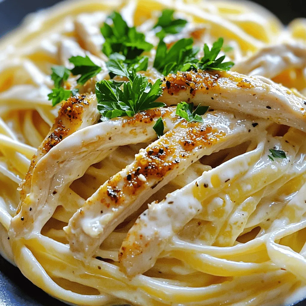 - 2 boneless, skinless chicken breasts - 2 tablespoons Cajun seasoning - 8 ounces fettuccine pasta - 2 tablespoons olive oil - 1 clove garlic, minced - 1 cup heavy cream - 1 cup freshly grated Parmesan cheese - Salt and freshly ground black pepper to taste - 2 tablespoons chopped fresh parsley (for garnish) Each ingredient plays a key role in creating the dish. The chicken gives protein and a hearty texture. Cajun seasoning adds a bold, spicy flavor. Fettuccine pasta serves as a perfect base, holding onto the sauce well. Heavy cream makes the sauce rich and creamy. Parmesan cheese adds depth and a savory touch. Fresh garlic gives a warm aroma and enhances flavor. Lastly, parsley brightens the dish and adds freshness. You can swap chicken for shrimp or sausage for a different taste. If you want a lighter dish, use half-and-half instead of heavy cream. For a dairy-free option, use coconut cream and nutritional yeast. If you don’t have fettuccine, any pasta like penne or spaghetti works well. Adjust the Cajun seasoning to your spice level. You can also use store-bought Alfredo sauce if you’re short on time. Check out the Full Recipe for more ideas! Start by seasoning the chicken. Take the two boneless, skinless chicken breasts. Coat both sides with Cajun seasoning. Make sure to cover them well. This seasoning adds a bold flavor to your dish. Heat two tablespoons of olive oil in a large skillet over medium heat. Once hot, add the chicken. Cook each side for about 5-7 minutes. Use a meat thermometer to check the internal temperature. It should reach 165°F (75°C). After cooking, remove the chicken and let it rest. Slice it into strips after a few minutes. This keeps the juices inside. Next, let’s cook the fettuccine. Fill a large pot with water and add a good amount of salt. Bring it to a rolling boil. Once boiling, carefully add the 8 ounces of fettuccine pasta. Cook it according to the package instructions. You want the pasta al dente, which means it should be firm to the bite. Before draining, save half a cup of the starchy water. This water helps the sauce later. Once done, drain the pasta and set it aside. Now, let’s create the creamy Alfredo sauce. In the same skillet where you cooked the chicken, add one minced garlic clove. Sauté it for about 30 seconds until it smells great. Pour in one cup of heavy cream. Bring this to a gentle simmer. Gradually add one cup of freshly grated Parmesan cheese. Stir until it melts into a creamy sauce. If the sauce is too thick, add a splash of the reserved pasta water. This keeps the sauce smooth and creamy. Now, toss the cooked fettuccine in the sauce. Make sure each strand is coated well. Finally, add the sliced chicken on top. Fold it gently into the pasta. Taste it and adjust with salt and pepper if needed. To get the best Cajun flavor, use good Cajun seasoning. This spice mix is full of bold tastes. Look for one with paprika, garlic, and onion. You can also make your own mix if you like. Just combine equal parts paprika, garlic powder, onion powder, and cayenne for heat. Sprinkle it evenly on both sides of your chicken. This ensures every bite bursts with flavor. A creamy Alfredo sauce is key to this dish. Start by using heavy cream. It makes the sauce rich and thick. When you add the Parmesan cheese, stir it in slowly. This helps it melt smoothly. If the sauce gets too thick, add a bit of the pasta water. This water has starch that helps the sauce stay creamy without being too heavy. Presentation matters! To serve this dish, twirl the fettuccine into a nest shape. Place it in the center of each plate. Then, add the sliced chicken on top. For a pop of color, sprinkle fresh parsley on the dish. This not only looks good but adds a fresh taste. You can also serve it with a side salad for a complete meal. For the full recipe, check out the details above. {{image_4}} You can make a meat-free version of Cajun Alfredo. Use mushrooms or tofu as your main protein. Slice the mushrooms and sauté them until golden. For tofu, press it to remove extra water, then cube and cook until crispy. Replace chicken in the recipe with these options. The Cajun seasoning adds great flavor to both. You still get that creamy sauce with a twist that many will love. Adding vegetables boosts nutrition and flavor. You can use bell peppers, zucchini, or spinach. Chop them into bite-sized pieces. Sauté these veggies in the same skillet as the chicken. Cook until they are tender but still vibrant. This adds color and makes your dish healthier. Plus, it’s a fun way to sneak in more greens! Adjust the heat to fit your taste. If you love spice, add more Cajun seasoning. For a milder dish, reduce the amount you use. You can also mix in a bit of cayenne pepper for extra kick. Always taste as you go. This way, you can make the dish just right for you and your guests. To keep your Cajun Chicken Alfredo Pasta fresh, place it in an airtight container. Make sure to let the pasta cool before sealing it. Store it in the fridge for up to three days. This helps to keep the flavors intact. If you have a lot of leftovers, consider dividing it into smaller portions for easy meals later. Reheat the pasta gently to avoid drying it out. You can use a microwave or a stovetop. If using a microwave, cover the dish and heat in short bursts, stirring in between. For stovetop reheating, place the pasta in a skillet over low heat. Add a splash of cream or water to help loosen the sauce. Stir until warm, but don’t overcook it. You can freeze Cajun Chicken Alfredo Pasta for longer storage. Place it in a freezer-safe container or bag, removing as much air as possible. It will keep well for up to three months. To thaw, transfer it to the fridge overnight. Reheat it using the stovetop method to keep it creamy. Enjoy your flavorful meal anytime! For the complete recipe, check the Full Recipe above. Cajun Chicken Alfredo Pasta can last about 3 to 4 days in the fridge. To store it, place it in an airtight container. This keeps it fresh and tasty. When you're ready to eat, just reheat it on the stove or in the microwave. The flavors will still be great! Yes, you can make Cajun Chicken Alfredo Pasta ahead of time. This dish is perfect for meal prep. Cook the pasta and chicken, then store them separately. Keep the sauce in another container. When you’re ready to eat, just combine everything and heat it up. It saves time on busy days. You can serve many sides with Cajun Chicken Alfredo Pasta. Here are some tasty options: - Garlic bread for a crunchy contrast - A fresh green salad with a light dressing - Steamed vegetables like broccoli or green beans - A glass of white wine for a lovely pairing These sides enhance your meal and add variety to your plate. For the full recipe, check out the complete guide. Enjoy your cooking! This blog post covered key ingredients for Cajun Chicken Alfredo, from cooking the chicken to making the sauce. I shared tips to perfect the flavor and gave you fun variations to try. Remember to store leftovers properly for the best taste. You can even prepare this dish ahead of time. I hope you feel confident to create a delicious Cajun Chicken Alfredo that your family will love. Enjoy cooking and sharing this flavorful meal!