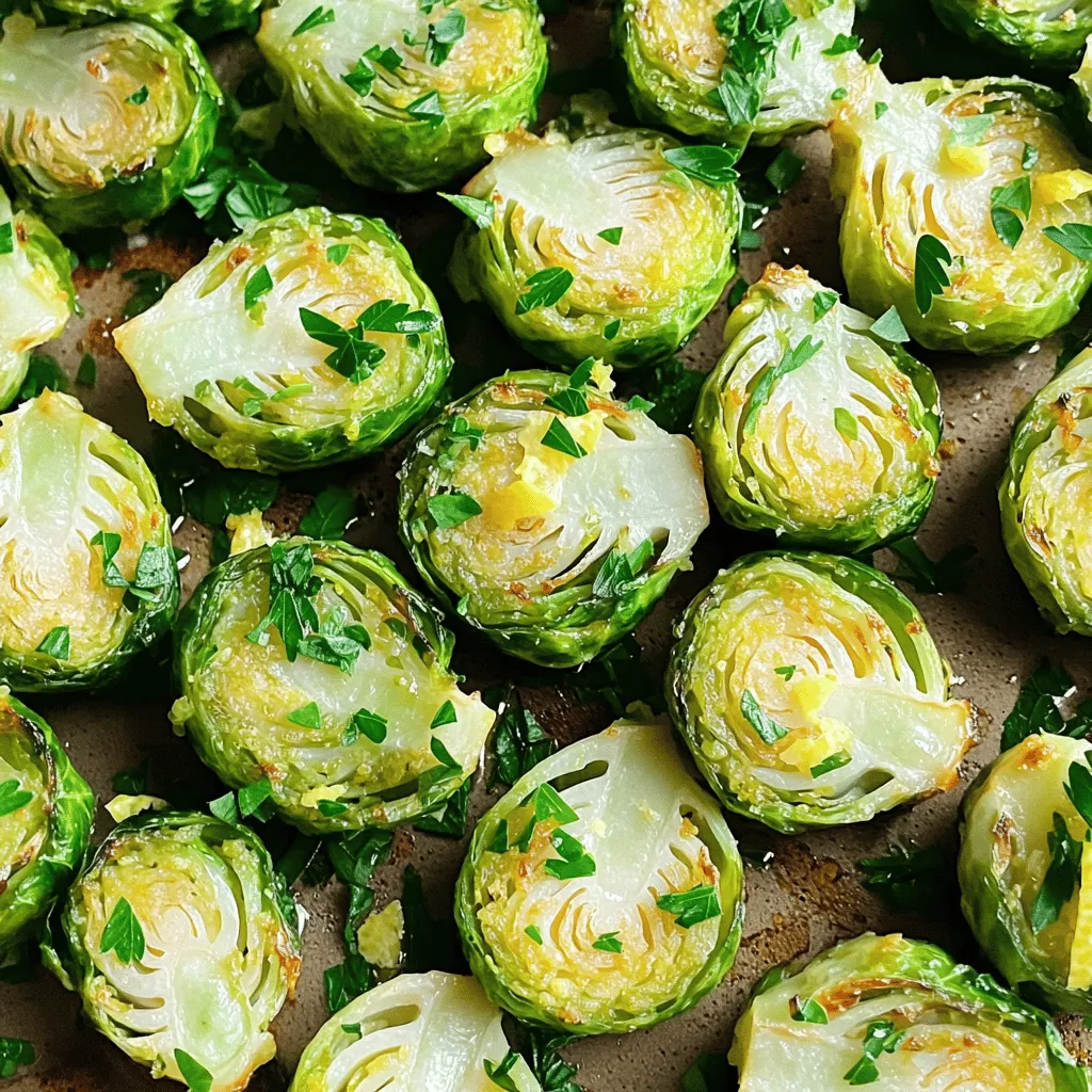 To make Garlic Herb Roasted Brussels Sprouts, gather these fresh ingredients: - 1 lb Brussels sprouts, trimmed and halved - 4 cloves garlic, minced - 3 tablespoons extra virgin olive oil - 1 teaspoon dried thyme - 1 teaspoon dried rosemary - 1 teaspoon smoked paprika - Salt and freshly ground black pepper, to taste - Zest of 1 lemon - Fresh parsley, finely chopped, for garnish Each ingredient plays a key role in creating a rich flavor. The Brussels sprouts provide a hearty base. Garlic adds a punch that complements the earthy herbs. Olive oil brings a smooth richness that helps achieve crispiness. Dried thyme and rosemary enhance the dish with fragrant notes. Smoked paprika gives a warm, smoky flavor, perfect for roasting. Lemon zest brightens the dish, adding a fresh zing. Lastly, parsley not only adds color but also a fresh taste. This combination makes a delightful side dish or snack that everyone will enjoy. For the full recipe, check out the detailed instructions on how to prepare this delicious dish! - Preheat the oven to 400°F (200°C). - In a mixing bowl, combine Brussels sprouts, minced garlic, olive oil, and seasonings. I love starting with a hot oven. It helps the Brussels sprouts roast well. In the bowl, mix until everything is covered in oil. This step is key for flavor and crispiness. - Spread the mixture on a lined baking sheet. - Roast for 25-30 minutes, stirring halfway through. Make sure to lay the sprouts out flat. This helps them cook evenly. Halfway through, give them a good stir. This ensures they turn golden and crispy on all sides. - Toss with lemon zest and parsley before serving. - For serving, use a rustic bowl with extra parsley and lemon wedges. After roasting, the lemon zest adds a fresh touch. The parsley gives a nice color contrast. Serve hot for the best taste. You can enjoy these as a side or a tasty snack. For the full recipe, check out the ingredients and steps. To get crispy Brussels sprouts, start with dry sprouts. If they are wet, they will steam instead of roast. Toss them well with olive oil and seasonings. This will help them get nice and crispy. Spread the sprouts out evenly on the baking sheet. If they are too close, they will not brown well. You can add more spices for extra flavor. Try adding a pinch of cayenne pepper for heat. You can also mix in a bit of balsamic vinegar for acidity. This will balance the rich flavors of the sprouts and garlic. Fresh herbs like basil or chives can brighten the dish. Avoid overcrowding the baking sheet. This will make it hard for the sprouts to roast well. Another mistake is not preheating the oven. If the oven is not hot enough, the sprouts will not cook evenly. Always check that your oven is at the right temperature before roasting. If you follow these tips, your Garlic Herb Roasted Brussels Sprouts will be a hit! For the full recipe, check the section above. {{image_4}} You can brighten your Garlic Herb Roasted Brussels Sprouts with seasonal vegetables. Think about adding diced butternut squash or sliced carrots. These veggies roast well and add color and taste. You can also mix in seasonal greens like kale or spinach. They wilt nicely and boost nutrition. Experimenting with different citrus zests can also change the flavor. Try using orange or lime zest instead of lemon. Each option gives a unique twist. A bit of zest adds freshness and lifts the dish. Adding cheese or nuts can change the texture and taste of your dish. Parmesan cheese or feta cheese can add creaminess. Nuts like walnuts or pine nuts give a nice crunch. Both options create a delightful contrast to the tender sprouts. You can switch to different herbs to change the flavor profile. Fresh basil or dill can offer a fresh taste. Experimenting with herbs can lead to exciting new flavors. For gluten-free substitutions, ensure you use gluten-free oil and seasonings. Most herbs and spices are safe, but always check labels. If you want vegan options, simply omit cheese. The dish will still taste great with the garlic and herbs. You can also add nutritional yeast for a cheesy flavor without the dairy. To see the full recipe, visit the section above. After you enjoy your Garlic Herb Roasted Brussels Sprouts, store leftovers in an airtight container. This keeps them fresh in the fridge for up to three days. The sooner you eat them, the better they taste. The flavors stay bright, and the texture remains good. When it's time to reheat, use the oven for the best results. Preheat it to 350°F (175°C). Spread the Brussels sprouts on a baking sheet and heat for about 10-15 minutes. This helps keep them crispy. If you're in a hurry, you can use the microwave. Heat them for 1-2 minutes, but expect them to be a bit softer. Yes, you can freeze Brussels sprouts! If you want to save them, first cool them completely. Place them in a freezer-safe bag or container. They can last up to three months in the freezer. When you’re ready to eat, thaw them in the fridge overnight. To reheat, use the oven method for the best taste. To find fresh Brussels sprouts, look for these signs: - Bright green color - Firm, compact heads - No brown or yellow leaves - Small to medium size is best These signs show the sprouts are fresh and tasty. Avoid any that feel soft or have dark spots. Fresh sprouts give you the best flavor and texture in your dish. Yes, you can prepare Brussels sprouts ahead of time. Here’s how: - Trim and halve the sprouts. - Store them in an airtight container in the fridge. - They can last for about 2 days. This way, you save time when you cook. Just season and roast them when you're ready. You can pair Garlic Herb Roasted Brussels sprouts with many main dishes. Here are some ideas: - Roasted chicken or turkey - Grilled steak or pork chops - Quinoa or rice dishes These pairings work well because they complement the rich flavors of the sprouts. Enjoy them as a side for a balanced meal. For the full recipe, check out the detailed steps above! You learned how to make delicious Garlic Herb Roasted Brussels sprouts. We covered key ingredients, helpful tips, and easy cooking steps. Remember to crunch those sprouts for the best texture. Try adding your favorite spices to change the flavor. Storing and reheating are simple and can keep your dish tasty for days. Now, it’s time to enjoy this healthy dish. Cooking at home can be fun, easy, and good for you. I hope you feel ready to give this recipe a try!