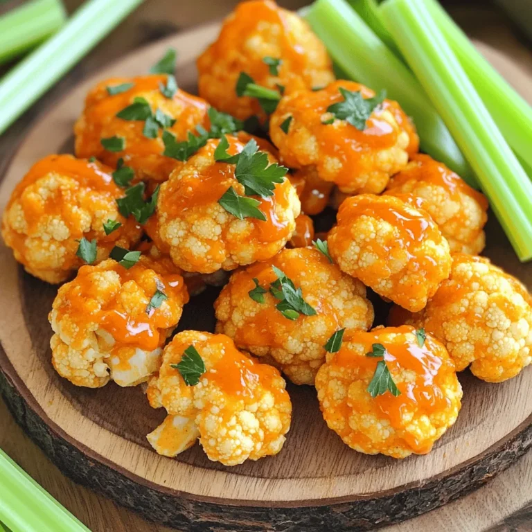 To make crispy buffalo cauliflower bites, gather these simple ingredients: - Large head of cauliflower - All-purpose flour - Buttermilk (or plant-based alternative) - Garlic powder - Onion powder - Smoked paprika - Salt - Black pepper - Breadcrumbs (Panko for extra crunch) - Buffalo sauce - Olive oil - Fresh parsley for garnish These ingredients bring together a delightful mix of flavors and textures. The cauliflower serves as a healthy base, while the spices add warmth and depth. The buttermilk helps the batter stick, creating that crispy coating you crave. Using Panko breadcrumbs ensures an extra crunch, making each bite satisfying. Don't forget the buffalo sauce! It adds the perfect spicy kick that makes these bites so irresistible. For more details on the preparation, check the Full Recipe. - Preheat the oven to 450°F (232°C). - Line a baking sheet with parchment paper. - In a large bowl, combine the all-purpose flour, garlic powder, onion powder, smoked paprika, salt, and black pepper. - Gradually add the buttermilk to the dry mix. Stir until you reach a smooth, thick batter. - Take your cauliflower florets and dip each one into the batter. Ensure they are fully covered. - Roll the coated florets in breadcrumbs. Place them on the lined baking sheet in a single layer. - Drizzle olive oil over the coated bites. This helps them get crispy. - Bake in the oven for 20-25 minutes. Flip them halfway through for even cooking. - Once golden and crispy, remove the bites from the oven. Toss them in buffalo sauce until fully coated. - Return them to the oven for 5 more minutes. This helps the sauce stick well. Enjoy your crispy buffalo cauliflower bites as a tasty snack! For the complete recipe, check out the Full Recipe section. To get crispy buffalo cauliflower bites, first dry the cauliflower well. Moisture makes it hard to crisp up. Use a clean towel to pat the florets dry. Next, olive oil is key. It helps the breading stick and adds flavor. When you coat the florets, dip them in batter first. Then, roll them in breadcrumbs. Using Panko breadcrumbs gives extra crunch. Avoid overcrowding the baking sheet. If the florets touch, they steam instead of crisp. This will make them soggy. Make sure to space them out. Another mistake is not flipping the bites while baking. Turn them halfway through to ensure even cooking. This way, all sides become crispy and golden. These bites shine when paired with dips. Ranch dressing or blue cheese complements them well. For sides, think about crunchy celery sticks or fresh carrot sticks. They add a nice crunch and balance the heat. As for drinks, a cold beer or sparkling water works great! {{image_4}} To make these crispy buffalo cauliflower bites vegan, swap out a few key ingredients. Use plant-based buttermilk instead of regular buttermilk. You can easily make this by mixing almond milk with vinegar and letting it sit. Also, choose a vegan-friendly buffalo sauce. Most brands offer a great taste without animal products. This way, you can enjoy the same crispy goodness while sticking to your vegan diet. Want to adjust the heat? You can make these bites milder or spicier. For a milder flavor, mix in a bit of honey or maple syrup into the buffalo sauce. This balances the heat. If you like it spicier, add cayenne pepper or extra hot sauce to the buffalo mix. A little goes a long way, so start with a small amount and taste as you go. Enhance the flavor of your crispy bites by adding different seasonings. Mix in some cumin or chili powder into the flour for a unique twist. You can also try marinating the cauliflower in the buffalo sauce for a few hours before coating. This adds a deeper flavor. Another great option is to sprinkle some grated Parmesan cheese on top before baking for a savory touch. For the full recipe, check out the detailed instructions above. Store leftover crispy buffalo cauliflower bites in an airtight container. This keeps them fresh longer. Place them in the fridge for up to three days. Make sure they cool down before sealing. This step helps prevent sogginess. If you want to enjoy them later, consider separating layers with parchment paper. It stops them from sticking together. You can freeze crispy buffalo cauliflower bites for later use. First, let them cool completely. Then, place them in a single layer on a baking sheet. Freeze for about an hour. Once frozen, transfer them to a freezer-safe bag. Try to remove as much air as possible before sealing. You can store them in the freezer for up to three months. This way, you can enjoy your tasty snack anytime! To reheat and keep them crispy, use an oven or air fryer. Preheat your oven to 400°F (200°C). Arrange the bites in a single layer on a baking sheet. Bake for about 10-12 minutes. If using an air fryer, set it to 375°F (190°C) and heat for about 8-10 minutes. Check for crispiness before serving. This method brings back that crunchy texture, making them just as delicious as when they were first made. To make crispy buffalo cauliflower bites in an air fryer, first prep the cauliflower just like in the oven method. Dip the florets in the batter, then coat in breadcrumbs. Place the coated florets in the air fryer basket in a single layer. Set the air fryer to 400°F (200°C) and cook for 12-15 minutes. Shake the basket halfway to ensure even cooking. Toss them in buffalo sauce after cooking. Enjoy a healthier and crispier version! Yes, you can use frozen cauliflower, but it’s best to thaw and drain it first. Frozen cauliflower may not crisp up as well as fresh. If you use it, make sure to pat it dry to remove excess moisture before battering. This helps get that nice crunch. Crispy buffalo cauliflower bites are a great snack option. A serving of four bites has around 150 calories, 6 grams of protein, and 6 grams of fat. They also offer fiber and essential nutrients from cauliflower. Always check your specific ingredients for more accurate numbers. You can store buffalo cauliflower bites in the fridge for about 3-4 days. Make sure to place them in an airtight container. For the best taste, reheat them in an oven or air fryer to regain some crispiness. The best dipping sauces for buffalo cauliflower bites are ranch and blue cheese. Their creamy texture balances the heat of the buffalo sauce. You can also try a garlic aioli or a simple yogurt dip for a fresh twist. This blog post covers a tasty way to make crispy buffalo cauliflower bites. We discussed the key ingredients, detailed preparation steps, and shared tips for perfect crispiness. I provided ideas for variations and best practices for storage, ensuring you enjoy these bites anytime. Now you have a simple, fun recipe to impress your friends and family. Enjoy the bold flavors, and don’t forget to experiment with spices and dips! Happy cooking!