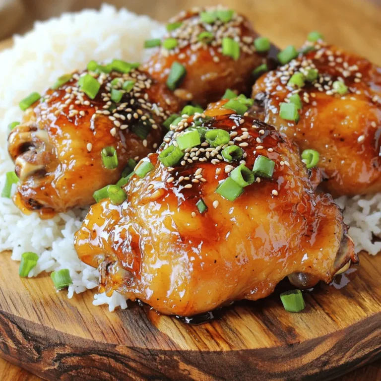 To make honey garlic chicken thighs, you’ll need: - 4 bone-in chicken thighs, skin-on - 1/2 cup honey - 4 cloves garlic, minced - 2 tablespoons soy sauce (or tamari for gluten-free) - 1 tablespoon apple cider vinegar - 1 tablespoon olive oil - 1 teaspoon ground ginger (or 1 tablespoon fresh ginger, grated) - Salt and pepper to taste These ingredients blend to create a sweet and savory flavor. The honey gives a sticky glaze, while the garlic adds depth. Chicken thighs are ideal for this dish as they stay juicy and tender. Feel free to add your twist with these optional ingredients: - Fresh herbs like thyme or rosemary - Red pepper flakes for heat - A splash of orange juice for brightness - Coconut aminos instead of soy sauce for a different taste These options let you personalize the dish based on your taste. Garnish your honey garlic chicken thighs with: - Chopped green onions - Sesame seeds These add a nice crunch and visual appeal. You can also serve them with a side of fluffy rice or roasted veggies. This makes your meal look great and taste even better. For the full details, check out the Full Recipe. First, gather your ingredients. You need honey, garlic, soy sauce, apple cider vinegar, olive oil, ginger, salt, and pepper. In a medium bowl, whisk these ingredients together. This creates a smooth and tasty marinade. Each flavor in the marinade works together to give the chicken a sweet and savory taste. Next, take your chicken thighs. Place them in a large resealable bag or a shallow dish. Pour the marinade over the chicken. Make sure every piece gets coated well. Seal the bag or cover the dish tightly. Let the chicken marinate in the fridge for at least one hour. For best results, marinate overnight. This helps the flavors soak into the meat. Now, it's time to cook. Preheat your oven to 400°F (200°C). Heat some olive oil in a large oven-safe skillet over medium-high heat. Take the chicken out of the marinade. Set the marinade aside for later use. Place the chicken skin-side down in the skillet. Sear it for about 4-5 minutes. You want the skin to turn golden brown and crispy. After searing, flip the chicken thighs over. Pour the reserved marinade over them evenly. Transfer the skillet to the preheated oven. Bake for 25-30 minutes. Check that the chicken reaches an internal temperature of 165°F (75°C). The skin should look rich and caramelized. Once done, take the chicken out and let it rest for a few minutes. This helps keep it juicy. Before you serve it, sprinkle some chopped green onions and sesame seeds on top. This adds color and flavor to your dish. Enjoy your delicious honey garlic chicken thighs! If you want the full recipe, check out the [Full Recipe]. Marinating adds great flavor to your chicken. Use a large resealable bag or a dish. Pour the marinade over the chicken and seal it tightly. Let it sit in the fridge for at least one hour. For deeper flavor, marinate overnight. The longer it sits, the tastier it becomes. You can also turn the bag every so often to coat all sides. To get that crispy skin, start by drying the chicken thighs with paper towels. Moisture is the enemy of crispiness. Sear the chicken in a hot skillet skin-side down for about 4-5 minutes. This step locks in flavor and gives you that lovely brown. After searing, bake the chicken in the oven to finish cooking while keeping the skin crisp. For perfectly cooked chicken, use a meat thermometer. Insert it into the thickest part of the thigh. The chicken is done when it reaches 165°F (75°C). This ensures it is safe to eat and juicy. If you don’t have a thermometer, cook for about 25-30 minutes in the oven. Always let it rest for a few minutes after cooking. This helps the juices redistribute and keeps the meat tender. For the full recipe, check out the details above. {{image_4}} You can easily make this dish gluten-free. Just swap regular soy sauce for tamari. This simple change keeps the flavor intact while ensuring everyone can enjoy it. Tamari is a great choice because it tastes similar to soy sauce. It adds that rich umami flavor you want in this dish. Always check labels to avoid hidden gluten. Want to spice things up? Add some heat! You can mix in red pepper flakes or hot sauce into the marinade. Start with a small amount, then taste and adjust as needed. This adds a nice kick to the sweet and savory mix. Pair it with cooling sides like cucumber salad to balance the heat. You can also add veggies for a complete meal. Toss in chopped bell peppers, carrots, or broccoli in the same pan while baking. This not only adds color but also boosts nutrition. The veggies soak up the sauce, making them extra tasty. You will have a one-pan meal that is easy to serve and clean up. For the full recipe, check out the sticky honey garlic chicken thighs. After enjoying your honey garlic chicken thighs, store leftovers in an airtight container. Let the chicken cool to room temperature before sealing. This keeps the chicken moist and fresh. Place it in the fridge if you plan to eat it within three days. To reheat, preheat your oven to 350°F (175°C). Place the chicken thighs in an oven-safe dish. Cover with foil to keep the moisture in. Heat for about 15-20 minutes or until hot. You can also use a microwave if you are in a hurry. Just heat in 30-second bursts, checking often to avoid drying out. You can freeze honey garlic chicken thighs for up to three months. First, let the cooked chicken cool completely. Wrap each piece in plastic wrap, then place them in a freezer-safe bag. Remove as much air as possible. When ready to eat, thaw in the fridge overnight and reheat as mentioned above for best results. Yes, you can use boneless chicken thighs. They cook faster and still soak up the flavor. Just be careful not to overcook them. Use a meat thermometer to check if they reach 165°F (75°C). I recommend marinating the chicken for at least one hour. For the best flavor, marinate it overnight. This allows the honey and garlic to really soak into the meat. I love serving these thighs with fluffy steamed rice. You can also add colorful roasted vegetables for a balanced meal. A fresh salad pairs nicely too. These sides complement the sweet and savory chicken well. For more ideas, check the Full Recipe. This blog post shared easy steps for making honey garlic chicken thighs. You learned about the main ingredients, how to marinate, and the best cooking methods. I also provided tips for crispy skin and safe cooking. You can customize recipes with gluten-free options or add veggies. Remember, store leftovers right and reheat carefully. I hope you feel excited to try this dish! Cooking can be fun, and you can impress everyone with your skills. Enjoy your sweet and savory creation!