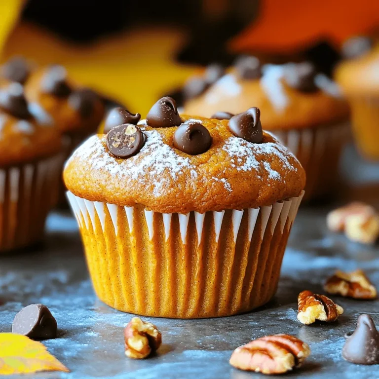 For these bakery-style pumpkin muffins, you'll need just a few simple ingredients. Here’s the complete list to get you started: - 1 ½ cups all-purpose flour - 1 teaspoon baking soda - ½ teaspoon baking powder - 1 teaspoon ground cinnamon - ½ teaspoon ground nutmeg - ¼ teaspoon ground ginger - ½ teaspoon salt - 1 cup granulated sugar - ½ cup packed brown sugar - ½ cup vegetable oil - 2 large eggs - 1 cup canned pumpkin puree - 1 teaspoon vanilla extract - 1 cup chocolate chips (optional) - ½ cup chopped pecans or walnuts (optional) Each ingredient plays a key role in making these muffins moist and flavorful. The pumpkin puree adds a rich texture and a hint of sweetness. The spices bring warmth and depth, perfect for fall. You can also add chocolate chips or nuts for extra flavor. Check out the Full Recipe for detailed instructions on how to make these delightful treats. - Preheat your oven to 375°F (190°C). - Prepare a muffin tin by lining it with paper liners or greasing it lightly. - In a bowl, mix together the flour, baking soda, baking powder, cinnamon, nutmeg, ginger, and salt. - In a large bowl, combine granulated sugar, brown sugar, and vegetable oil. - Whisk these together until they blend well. - Add eggs one at a time, mixing well after each. - Stir in pumpkin puree and vanilla extract until smooth. - Gradually add the dry mixture to the wet mixture. - Fold in optional chocolate chips and nuts for extra flavor. - Fill each muffin cup about ¾ full with batter. - Place the muffin tin in the oven and bake for 18-20 minutes. - Check doneness by inserting a toothpick into a muffin; it should come out clean. For more in-depth steps, check the Full Recipe. - Ensuring muffins rise evenly To help your muffins rise well, fill each cup about ¾ full. This gives them room to expand. Use a scoop for even portions. - Maintaining moist texture Adding pumpkin puree keeps muffins soft. Avoid overbaking; check them at 18 minutes. They will continue cooking outside the oven. - Dusting with powdered sugar Once cooled, sprinkle powdered sugar on top. It adds a sweet touch and looks nice. This simple step makes your muffins look extra special. - Serving suggestions for added indulgence Serve warm muffins with whipped cream. You can also add a drizzle of maple syrup for a fun twist. - Overmixing the batter Mix just until combined. Overmixing can make muffins tough. A few lumps in the batter are okay. - Not using room temperature ingredients Always use room temperature eggs and pumpkin. This helps the batter mix well and improves the texture. For best results, take them out of the fridge ahead of time. {{image_4}} To add more flavor to your pumpkin muffins, try mixing in spices like cloves or allspice. These spices give a warm, cozy taste that complements pumpkin well. You can also switch up the chocolate chips. Use dark chocolate, white chocolate, or even butterscotch chips. Each type brings a new twist that can delight your taste buds. If you want to make your muffins a bit healthier, consider substituting applesauce for oil. This change keeps the muffins moist while cutting down on fat. You can also use whole wheat flour instead of all-purpose flour. Whole wheat adds fiber and nutrients, making your muffins more wholesome without losing flavor. Seasonal add-ins can take your muffins to the next level. Try incorporating cranberries or raisins for a sweet and tart burst. Fresh pumpkin is another great option. It can replace canned pumpkin for a fresher taste. Using fresh pumpkin adds a unique flavor and texture that enhances the overall muffin experience. For the full recipe, check out the detailed instructions above. To keep your muffins fresh, store them in an airtight container. Place the container at room temperature. This method keeps the muffins soft and moist for up to three days. If you live in a humid area, consider putting a paper towel in the container. This helps absorb excess moisture. If you want to save muffins for later, freezing is the best way. Wrap each muffin in plastic wrap, then place them in a freezer bag. They can last up to three months in the freezer. When you're ready to enjoy them, simply take out a muffin and let it thaw at room temperature or heat it in the microwave. To warm up your muffins, use the oven or microwave. For the oven, preheat it to 350°F (175°C) and heat the muffins for about 5-10 minutes. For the microwave, place a muffin on a plate and heat it for 15-20 seconds. This helps restore their fresh-baked flavor and soft texture. Follow the Full Recipe for more tips on baking these delightful muffins! You can tell the muffins are done when they rise and turn golden brown. The best way to check is to use a toothpick. Insert it into the center of a muffin. If it comes out clean, the muffins are ready. If not, bake for a few more minutes. Yes, you can prepare these muffins ahead of time. You can mix the dry ingredients and store them in a sealed bag. When you're ready to bake, mix the wet ingredients and combine them with the dry mix. This method saves time and keeps your muffins fresh. You can use applesauce or mashed bananas as a substitute for pumpkin puree. If you use applesauce, use the same amount as the recipe calls for. For mashed bananas, use a little less than the pumpkin amount since they are thicker. To make gluten-free muffins, use a gluten-free flour blend. Look for one that includes xanthan gum. You can also try almond flour or coconut flour in place of all-purpose flour. Just adjust the amount based on the blend's guidelines for best results. For the complete recipe, check out the Full Recipe link. This blog post shared a simple guide for baking flavorful muffins. We covered essential ingredients, step-by-step instructions, handy tips, and creative variations. Remember, baking success hinges on accurate measuring and not overmixing. Make these muffins your own by trying different flavors or healthier swaps. With the right storage, you can enjoy these treats later too. Follow these tips to bake perfect muffins that delight everyone. Happy baking!