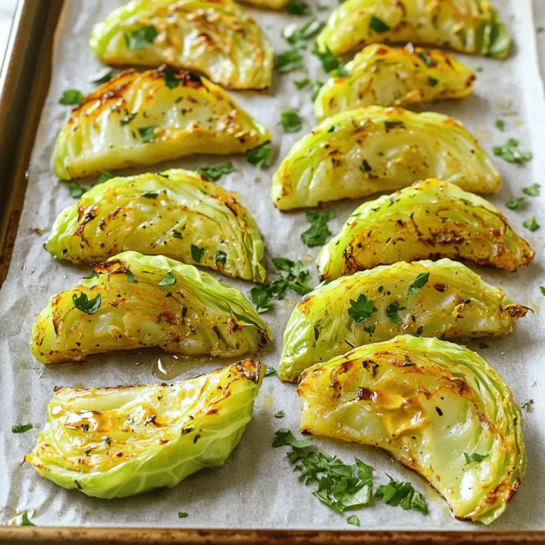 - 1 medium green cabbage, cut into 8 even wedges - 3 tablespoons Dijon mustard - 2 tablespoons extra virgin olive oil - 1 tablespoon honey or maple syrup for a vegan option - 1 teaspoon garlic powder - 1 teaspoon onion powder - Salt and freshly ground black pepper, to taste - Fresh parsley, finely chopped, for garnish In this recipe, the main ingredients make everything come together. The green cabbage acts as a great base. It is firm and holds up well to roasting. The Dijon mustard adds a bold flavor. It gives a nice tang that makes each bite exciting. The olive oil helps the cabbage roast evenly while adding richness. For the additional ingredients, honey or maple syrup sweetens the dish. Garlic powder and onion powder add depth. They enhance the overall taste of the roasted cabbage. When it comes to seasoning and garnish, salt and pepper are key. They bring out the natural flavors in the cabbage. The fresh parsley on top not only looks nice but adds freshness. This recipe is simple yet full of flavor. You can find the full recipe to guide you through the steps. Enjoy making this delicious dish! - Preheat your oven to 400°F (200°C). - Line a baking sheet with parchment paper. This step helps keep the cabbage from sticking. - In a small bowl, whisk together the Dijon mustard, olive oil, and honey (or maple syrup). - Add garlic powder, onion powder, salt, and pepper. Mix until smooth. This glaze adds a rich flavor. - Place the cabbage wedges on the baking sheet with the cut side facing up. - Use a pastry brush or spoon to coat each wedge with the Dijon glaze. Make sure to cover them well. - Roast the cabbage in the oven for about 25-30 minutes. Flip the wedges halfway through for even cooking. Look for a golden, crispy edge. - When done, let them cool for a couple of minutes. They will be full of flavor, ready to serve! For the detailed recipe, check the Full Recipe. To boost the taste of your Dijon roasted cabbage wedges, try adding spices. Smoked paprika gives a nice kick. Cumin adds warmth and depth. You can also mix in some herbs, like thyme or rosemary, for more aroma. If you want a different glaze, consider using balsamic vinegar. It adds a sweet tang. Or, try tahini for a nutty flavor. You can even use a spicy mustard for a bold twist. The best temperature for roasting is 400°F (200°C). This heat helps the cabbage caramelize well. Roast the wedges for 25-30 minutes. Flip them halfway to ensure even cooking. For crispy edges, make sure the cabbage is dry before applying the glaze. Also, spread the wedges out on the baking sheet. This allows hot air to circulate freely. Arrange the roasted cabbage wedges on a large platter. This makes a beautiful display. You can drizzle a little extra Dijon glaze over the top for flair. To enhance visual appeal, sprinkle freshly chopped parsley on top. You can also add lemon wedges on the side. The bright colors make the dish pop. For the full recipe, check out the earlier section! {{image_4}} You can easily make Dijon roasted cabbage wedges vegan. Simply swap honey for maple syrup. This change keeps the dish sweet and tasty. You can also use vegan-friendly garnishes. Try adding toasted sunflower seeds or a sprinkle of nutritional yeast. These options boost flavor and nutrition. To make your cabbage wedges even more exciting, add spices. Smoked paprika or cumin can bring a warm, rich taste. You might also try adding cheese. Feta or goat cheese gives a creamy texture. Nuts, like walnuts or pecans, add crunch and depth. These additions make your meal unique and fun. Dijon roasted cabbage wedges pair well with proteins. Chicken or fish make great options for a balanced meal. You can serve these wedges as a side dish or even as the main course. For a filling meal, add grains like quinoa or rice. This way, you create a delicious, satisfying plate that everyone will love. For the complete recipe, check out the Full Recipe. To keep your Dijon roasted cabbage wedges fresh, store them in an airtight container. Place a paper towel inside to absorb moisture. This helps prevent sogginess. Your cabbage will stay good in the fridge for about 3 to 5 days. After that, the taste and texture may change. When you want to enjoy your leftovers, the best way to reheat them is in the oven. Preheat the oven to 350°F (175°C). Place the wedges on a baking sheet and heat for about 10 to 15 minutes. This will keep them crispy. You can also use a skillet on medium heat. This method gives a nice texture too. Want to get creative? Chop the cabbage and toss it into a stir-fry or salad. You can freeze cabbage wedges before or after roasting. If you freeze them raw, cut the wedges and blanch them in boiling water for about 2 minutes. Cool them in ice water, then pack them in a freezer bag. If you freeze them after roasting, let them cool completely first. Store them in a freezer-safe container. To thaw, leave them in the fridge overnight. Reheat in the oven or skillet for best results. To keep your cabbage wedges crispy, follow these tips. First, make sure to dry the cabbage well after washing it. Moisture can lead to sogginess. Second, use a hot oven, around 400°F (200°C). This helps brown the edges. Third, flip the wedges halfway through roasting. This allows both sides to crisp up evenly. Finally, don’t overcrowd the baking sheet. Give each wedge space to breathe. Yes, you can! Yellow mustard is milder and tangy, making it a good choice. Spicy brown mustard offers a stronger flavor and pairs well too. If you prefer something sweet, honey mustard can work. Each option brings a different taste, so choose one that you enjoy. Green cabbage is a top choice. It has a nice crunch and holds up well to roasting. Savoy cabbage is another great option. It has a softer texture and a slightly sweet flavor. Both types caramelize nicely, making your dish taste amazing. Yes, you can prepare the cabbage wedges ahead of time. Cut and coat them with the Dijon glaze. Store them in the fridge for up to 24 hours. When ready, roast them right before serving. This way, they remain fresh and flavorful. For the best taste, make the glaze just before roasting. This blog post covered how to roast cabbage wedges. We explored main ingredients, tips for flavor, and variations for everyone's taste. I shared essential steps for preparing, coating, and cooking the cabbage for the best results. Remember, with simple ingredients and easy steps, you can create a delicious dish. Experiment with flavors and enjoy this healthy side or main course. Your meal will be vibrant and full of taste!