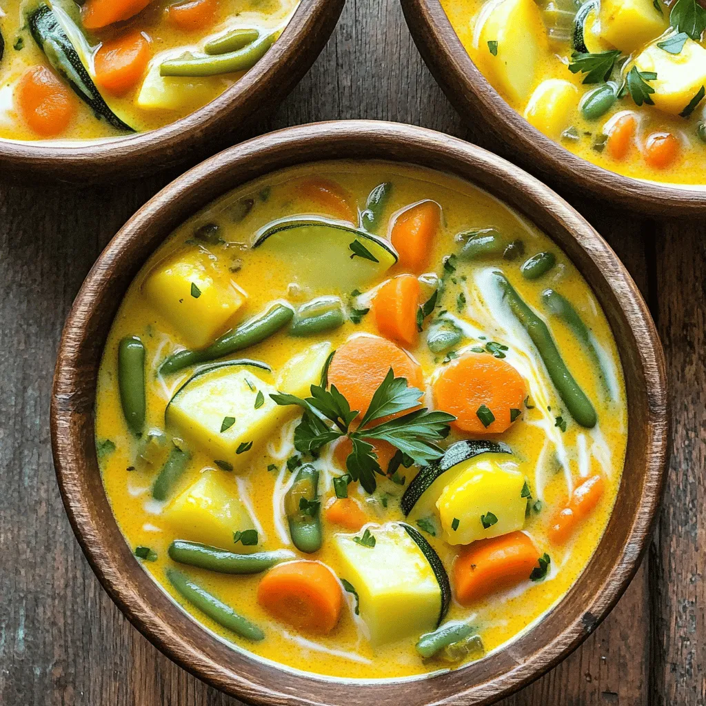 To make One Pot Creamy Vegetable Soup, you need simple, fresh ingredients. Here’s what you will need: - 1 tablespoon olive oil - 1 medium onion, finely chopped - 2 cloves garlic, minced - 2 medium carrots, peeled and diced - 2 stalks celery, diced - 1 medium zucchini, diced - 1 cup potatoes, peeled and cut into small cubes - 1 cup green beans, trimmed and cut into 1-inch pieces - 4 cups vegetable broth (homemade or store-bought) - 1 cup coconut milk (substitute with heavy cream for a richer flavor) - 1 teaspoon dried thyme - 1 teaspoon smoked paprika - Salt and black pepper to taste - Fresh parsley, chopped (for garnish) Each ingredient plays a key role. The olive oil helps to sauté the onion and garlic, creating a flavorful base. The onion gives sweetness, while garlic adds depth. Carrots and celery add a crunchy texture. Zucchini and potatoes bring heartiness, and green beans add freshness. Vegetable broth forms the soup's liquid, making it rich in flavor. Coconut milk makes it creamy, and you can switch to heavy cream for a more decadent taste. Dried thyme and smoked paprika enhance the soup's profile, while salt and pepper balance the flavors. Finally, fresh parsley brightens up the dish, making it a feast for the eyes too. For a full recipe, check out the [Full Recipe]. First, heat 1 tablespoon of olive oil in a large pot over medium heat. Add 1 medium onion, finely chopped, and sauté until it turns translucent. This should take about 3 to 4 minutes. Next, add 2 cloves of minced garlic and cook for an additional minute. The garlic should smell fragrant and golden at this stage. Now, mix in 2 medium carrots, peeled and diced; 2 stalks of celery, diced; and 1 cup of potatoes, peeled and cut into small cubes. Sauté these root vegetables for about 5 minutes. This softens them and helps release their flavors. Next, stir in 1 medium zucchini, diced, and 1 cup of green beans, trimmed and cut into 1-inch pieces. Cook everything together until the green beans turn vibrant in color. This should take about 2 to 3 minutes. Pour in 4 cups of vegetable broth. Bring the mixture to a rolling boil. Once boiling, reduce the heat to low and let it simmer gently for about 15 minutes. The goal is to make the vegetables tender when pierced with a fork. Now comes the fun part! Use an immersion blender to blend the soup until it reaches your desired creaminess. If you like a chunkier soup, blend only half or pulse it a few times. Return the pot to low heat. Stir in 1 cup of coconut milk, 1 teaspoon of dried thyme, and 1 teaspoon of smoked paprika. Season generously with salt and black pepper. Allow the soup to warm through for about 5 minutes, stirring occasionally. Once ready, ladle the creamy vegetable soup into warm bowls. Top each serving with a sprinkle of fresh chopped parsley. This adds a nice pop of color and fresh flavor. Enjoy this comforting dish by following the Full Recipe! - Add heavy cream for extra richness. - Blend half the soup for a smooth and creamy texture. To make your soup even creamier, consider adding heavy cream. This rich addition brings a velvety feel that takes the soup to the next level. If you want some texture, blend just half the soup. This gives you a mix of creamy and chunky bites, making every spoonful exciting. - Use dairy-free alternatives like almond milk or oat milk for coconut milk. - Swap vegetables based on what’s fresh and in season. If you need a dairy-free option, try almond or oat milk instead of coconut milk. It adds a nice flavor without the dairy. You can also change up the veggies based on what you find at the market. Carrots, peas, or even squash can work great, making the soup unique each time. - Use a large pot for even cooking. - An immersion blender makes clean-up easy. A large pot helps everything cook evenly. You want all the veggies to soften at the same rate. An immersion blender is a game changer. It lets you blend the soup right in the pot, which means less mess and easy clean-up. Trust me, it saves time and effort! For the Full Recipe, check the earlier section to get all the steps in one place. {{image_4}} You can boost the nutrition of your soup. Add beans or lentils for more protein. These ingredients not only fill you up but also add a lovely texture. If you want more flavor, try cooked chicken or tofu. Both options enhance the soup's taste while keeping it creamy. Do you like a little heat? Add chili flakes to your soup for a kick. You can also mix in herbs like basil or oregano. These spices will make your soup taste fresh and exciting. Feel free to adjust the amount to match your taste. If you want a different creamy taste, try other dairy-free milk options. Almond or oat milk can work well. For unique flavors, use pureed roasted vegetables. This adds depth to your soup and keeps it interesting. Check out the Full Recipe for more tips on making your soup perfect. To keep your soup fresh, let it cool down first. This step is key. Once cooled, pour the soup into airtight containers. This helps keep the flavors intact. Store it in the fridge for up to 4 days. If you want to save some for later, freezing works great! Pour the cooled soup into freezer-safe bags or containers. Make sure to leave some space, as liquids expand when frozen. It can last up to 3 months in the freezer. When you're ready to eat, thaw it overnight in the fridge for best results. Reheating your soup is easy. For the best taste, heat it on the stove over medium heat. Stir often to avoid burning. If you’re in a rush, the microwave works too. Just heat in short bursts, stirring in between. This helps keep the creamy texture and flavor. Enjoy your soup warm! Yes, you can make this soup ahead of time. Prepare the soup and let it cool. Store it in an airtight container in the fridge. It will stay fresh for about three days. When you're ready to eat, just reheat it on the stove or in the microwave. This soup goes well with several sides. Here are some ideas: - Crusty bread or a baguette - A fresh green salad - Grilled cheese sandwiches - Crackers or breadsticks These options will round out your meal nicely. Yes, frozen vegetables work well in this soup. They save time and are often just as nutritious. Simply add them to the pot when you would add fresh ones. Keep in mind that frozen veggies may need less cooking time, so check for tenderness sooner. The soup lasts about three days in the fridge. Store it in a tight container to keep it fresh. If you notice any strange smells or changes in color, it's best to toss it out. Absolutely! To make this soup vegan, just use vegetable broth and coconut milk. Both are plant-based and add great flavor. Avoid adding any dairy products. You can still enjoy a creamy texture without losing taste! For the full recipe, check out the details above. This blog post covered a tasty one-pot creamy vegetable soup recipe. We reviewed the key ingredients and provided step-by-step instructions. You learned how to blend vegetables and spices for maximum flavor. Plus, we discussed variations and storage tips to help you customize your soup. Remember, cooking is all about experimenting. Enjoy trying new ingredients! You'll make this recipe your own. Happy cooking!