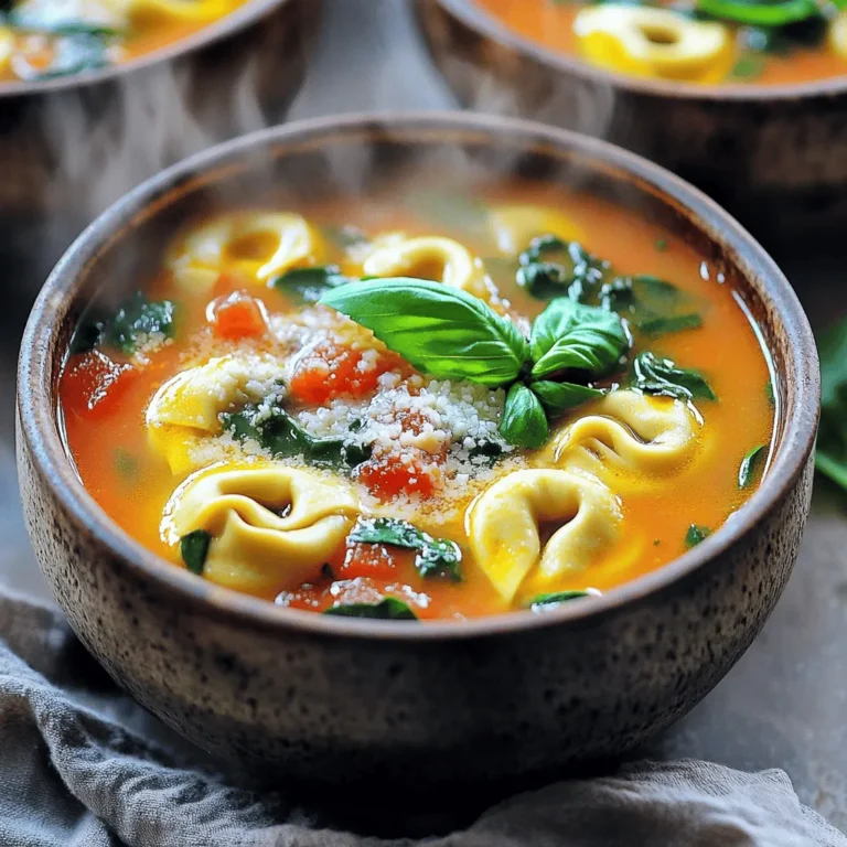 - 2 cans (14.5 oz each) diced tomatoes, undrained - 4 cups vegetable broth - 1 medium onion, diced - 3 cloves garlic, minced - 1 tablespoon dried basil - 1 teaspoon dried oregano - 1 teaspoon granulated sugar - Salt and pepper to taste - 2 cups cheese tortellini (fresh or frozen) - 1 cup heavy cream or coconut cream for a vegan alternative - 1 cup fresh spinach, roughly chopped - Grated Parmesan cheese for serving (optional) - Fresh basil leaves for garnish Gathering the right ingredients is key for this creamy tomato basil tortellini soup. Start with two cans of diced tomatoes. They provide a rich base for your soup. Add four cups of vegetable broth for depth and flavor. Next, chop one medium onion and mince three cloves of garlic. These aromatics will bring warmth to your dish. For herbs, you need one tablespoon of dried basil and one teaspoon of dried oregano. A teaspoon of granulated sugar helps balance the acidity of the tomatoes. Don’t forget salt and pepper to taste. You’ll also need two cups of cheese tortellini. You can use fresh or frozen, depending on what you have. The creamy element comes from one cup of heavy cream, or you can use coconut cream for a vegan option. To finish, gather one cup of fresh spinach, roughly chopped. Optional garnishes include grated Parmesan cheese and fresh basil leaves. These last touches add flavor and color to your soup. 1. Start by adding the diced tomatoes and vegetable broth into your slow cooker. This forms the base of your soup. 2. Next, chop your onion and mince the garlic. Add them to the cooker for a tasty aroma. 3. Now, sprinkle in dried basil, dried oregano, granulated sugar, and a pinch of salt and pepper. Stir well to mix everything together. 1. Cover your slow cooker and set it to cook on low for about 4 hours or on high for 2 hours. This helps the onion soften and flavors to blend. 2. Once the time is up, add cheese tortellini to the soup. Make sure they are fully submerged. Cover and cook on low for an extra 30 minutes or until the tortellini is soft. 3. After the tortellini is ready, stir in heavy cream (or coconut cream for a vegan option) and the fresh spinach. Let it warm for 5-10 minutes until the spinach wilts and the soup is hot. 4. Taste your soup and adjust the seasoning. You can add more salt, pepper, or sugar if you want. 5. Serve hot with a sprinkle of grated Parmesan cheese and some fresh basil leaves on top to make it look great. - Selecting the right tortellini: For this soup, choose cheese tortellini. Fresh tortellini gives a nice bite. If using frozen, ensure they are not overcooked. - Adjusting seasoning to taste: Taste the soup before serving. You might want more salt or pepper. A pinch of sugar can balance the acidity of the tomatoes. - Garnishing ideas for presentation: Garnish with fresh basil leaves and grated Parmesan cheese. A drizzle of olive oil adds a lovely shine. - Cooking times for different settings: If on low, cook for about 4 hours. On high, it takes about 2 hours. Adjust based on your slow cooker. - Ensuring even flavor distribution: Stir the soup halfway through cooking. This mixes the flavors well and helps the tortellini cook evenly. - Choosing the right slow cooker size: A 6-quart slow cooker works best for this recipe. It allows space for all the ingredients to mix well. {{image_4}} You can easily boost the flavor of your soup. Adding more vegetables is one smart way. Think about carrots, bell peppers, or zucchini. They add color and nutrition. You can also try protein options. Cooked chicken or sausage work great. For a vegetarian twist, use chickpeas or lentils. Next, let’s talk spices. You can change the taste by adding different herbs. Try thyme or rosemary for a new flavor. A pinch of red pepper flakes adds heat. Adjust the seasoning to fit your taste. Don't be afraid to experiment! If you want a vegan version, swap out a few key ingredients. Use coconut cream instead of heavy cream. Also, select dairy-free tortellini. Many brands offer great options. For a gluten-free meal, check for gluten-free tortellini. Many stores have tasty alternatives. These swaps keep your soup delicious while meeting your dietary needs. Enjoy the creamy goodness without worry! To keep your soup fresh, store leftovers in the fridge. Use a clean, airtight container. This helps keep the soup for up to five days. Let the soup cool first before sealing it. If you want to save it longer, consider freezing. Pour the cooled soup into freezer-safe bags or containers. Leave some space at the top for expansion. It can last in the freezer for up to three months. To reheat, use a medium pot. Pour the soup in and warm it over low heat. Stir often to keep it from sticking. You can also use the microwave. Just heat it in short bursts, stirring in between. For best results, store the soup in glass containers. They heat evenly and do not stain. Make sure to seal them well to keep out air. Enjoy your soup warm and full of flavor! Can I use fresh tomatoes instead of canned? Yes, you can use fresh tomatoes. You will need about 4-5 medium tomatoes. Chop them and add them to the slow cooker. Fresh tomatoes will add a bright taste to your soup. How long can I store the soup? You can store the soup in the fridge for up to 5 days. Make sure to put it in an airtight container. If you want to keep it longer, freeze it for up to 3 months. Is it possible to make this recipe on the stovetop? Yes, you can make this soup on the stovetop. Start by sautéing the onion and garlic in a pot. Then add the diced tomatoes and broth. Simmer for 20 minutes before adding the tortellini and cream. What can I use instead of heavy cream? You can use coconut cream for a dairy-free option. You can also use milk or half-and-half for a lighter version. Each will change the flavor and texture a bit. Can I use frozen spinach instead of fresh? Yes, frozen spinach works well. Just thaw it first and drain any excess water. Add it at the same time as fresh spinach. How to adjust for different types of broth? You can use chicken broth or beef broth instead of vegetable broth. Just keep in mind that it will change the flavor. Adjust the seasoning to balance the taste if needed. This soup offers a mix of fresh flavors and easy prep. We used diced tomatoes, broth, and spices to build a tasty base. Then we added cheese tortellini and spinach for a satisfying twist. You can customize the recipe with veggies, proteins, or seasoning change-ups. Don’t forget to store leftovers properly and enjoy them later! This dish is versatile and perfect for any meal. Try these steps and enjoy your slow cooker creation. Healthy, simple, and delicious!