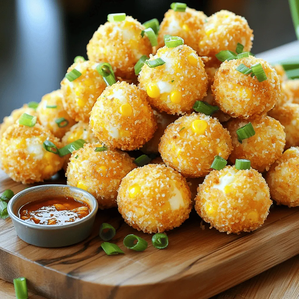 - 2 cups sweet corn kernels - 1 cup shredded mozzarella cheese - 1/2 cup all-purpose flour - 1/2 cup panko breadcrumbs - 1/4 cup finely chopped green onions - 1/4 cup freshly grated Parmesan cheese - 1 teaspoon garlic powder - 1 teaspoon smoked paprika - 1/2 teaspoon salt - 1/4 teaspoon freshly ground black pepper - 2 large eggs, beaten - Vegetable oil for frying Using fresh corn truly makes a difference. Fresh corn tastes sweet and bright. Frozen corn can work if fresh is not available. Just ensure it is fully thawed before using. Quality cheese also affects the flavor. I prefer a good mozzarella for stretch and creaminess. Freshly grated Parmesan adds a rich depth. Measuring corn kernels is simple. Use a measuring cup and fill it loosely. If you need to substitute cheese, try cheddar or gouda. Both melt well and add unique flavors. Always adjust the amount to your taste. To start, combine the sweet corn kernels, shredded mozzarella cheese, and chopped green onions in a large bowl. Add the grated Parmesan cheese, garlic powder, smoked paprika, salt, and black pepper. Mixing well is key. This ensures each bite is packed with flavor. After mixing the dry ingredients, pour in the beaten eggs. Stir again until everything is evenly coated. Next, gradually add the all-purpose flour, stirring as you go. This creates a sticky dough that holds together. Now, it’s time to shape the bites. Take small portions of the dough and roll them into balls. Aim for about 1 inch in diameter for that perfect size. Once shaped, roll each ball in panko breadcrumbs. This step gives them a crunchy exterior that everyone loves. Frying is where the magic happens! Heat vegetable oil in a deep frying pan over medium heat until it reaches about 350°F (175°C). It’s important not to overcrowd the pan. Lower the corn cheese bites into the hot oil in small batches. Fry them for about 3-4 minutes. Look for a golden brown color; that means they are crispy and ready. Use a slotted spoon to remove the bites and place them on a plate lined with paper towels. This helps absorb any extra oil, keeping them light and crispy. Repeat until all the bites are cooked. To make your corn cheese bites extra crispy, use panko breadcrumbs. They create a great crunch. You can also mix regular breadcrumbs with panko for a unique texture. When frying, heat your oil to 350°F (175°C). This temperature helps get the bites golden and crisp without soaking them in oil. Fry them in small batches. This keeps the oil temperature steady. Pair your crispy corn cheese bites with delicious dips. Spicy marinara or garlic aioli works well. These dips add flavor and excitement. For presentation, use a colorful platter. Arrange the bites neatly and add a side of dip. Top them with chopped green onions for a nice touch. Serve them right away to keep them crispy. If your bites turn out soggy, check the frying temperature. Oil that is too cool will absorb into the bites. If they are unevenly cooked, make sure to flip them halfway through frying. This ensures every side gets golden brown. Also, don't overcrowd the pan. This allows hot oil to circulate and cook evenly. {{image_4}} You can change up the flavors in your crispy corn cheese bites easily. Adding spices and herbs can make a big difference. Try adding a pinch of cayenne for heat. You can also mix in some fresh cilantro or parsley for a fresh taste. If you love bold flavors, consider adding chili powder or cumin. You can also incorporate other cheeses. While mozzarella gives great meltiness, try using cheddar for a sharper taste. Feta cheese can add a tangy twist. Mixing cheeses will create unique flavors in each bite. If you want gluten-free bites, you can swap all-purpose flour with gluten-free flour. You can also use gluten-free panko breadcrumbs for the crunch. This way, everyone can enjoy these tasty bites. For vegetarian options, you can leave out the eggs. Use a flaxseed meal mixture instead. Mix one tablespoon of flaxseed with three tablespoons of water. Let it sit for five minutes to thicken. This will help bind your mixture without using eggs. You can make crispy corn cheese bites in different ways. Baking is a healthier option. Preheat your oven to 400°F (200°C). Place the bites on a lined baking sheet and spray with cooking oil. Bake for about 20 minutes or until golden. If you prefer frying, make sure your oil is hot enough. Aim for 350°F (175°C) for perfect frying. If you want to use an air fryer, it’s easy too! Preheat the air fryer to 375°F (190°C). Arrange the bites in a single layer and spray with oil. Cook for about 10-12 minutes, flipping halfway through. This method gives you a nice crunch without much oil. To keep leftover crispy corn cheese bites fresh, store them in an airtight container. This helps maintain their texture and flavor. Place a paper towel in the container to absorb moisture. This prevents sogginess. These bites will stay good for about 2-3 days in the fridge. To reheat without losing crispiness, use an oven or an air fryer. Preheat your oven to 350°F (175°C). Place the bites on a baking sheet and heat for about 10-12 minutes. In an air fryer, set it to 350°F (175°C) and heat for 5-7 minutes. Both methods help keep the bites crispy. You can freeze both uncooked and cooked bites. For uncooked bites, place them on a baking sheet in a single layer. Freeze until firm, then transfer to a freezer bag. For cooked bites, allow them to cool completely. Then, store in an airtight container or freezer bag. Thaw uncooked bites in the fridge overnight before frying. For cooked bites, reheat directly from frozen, following the reheating techniques mentioned above. Crispy Corn Cheese Bites are small, fried snacks made from sweet corn and cheese. The bites have a golden, crunchy outside and a warm, cheesy inside. They are perfect for sharing at parties or gatherings. With the blend of mozzarella and Parmesan, they burst with flavor. Each bite offers a delightful crunch from the panko breadcrumbs. You can enjoy them with your favorite dipping sauce, like marinara or garlic aioli. Yes, you can prepare the mixture ahead of time. Mix the ingredients and form the balls. Place them on a tray and cover them. Store the tray in the fridge for up to 24 hours. When you are ready to fry, take them out and heat the oil. You can also freeze the uncooked bites. Just freeze them on a tray first, then transfer to a bag. Fry them straight from the freezer when you're ready. To adjust the spice level, you can add more or less smoked paprika. If you want heat, add some cayenne pepper or red pepper flakes. Mixing in jalapeño or diced green chilies can also spice things up. For milder bites, reduce the amount of paprika or skip it entirely. Taste the mixture before frying to ensure the flavor is just right. These crispy corn cheese bites are fun to make and eat. We covered key ingredients, fresh choices, and precise measurements. Next, we walked through preparation and frying methods to achieve that perfect crunch. I shared tips for serving and storage so you can enjoy them later. Try experimenting with flavors and different cooking methods. Enjoy making and sharing these bites at your next gathering!