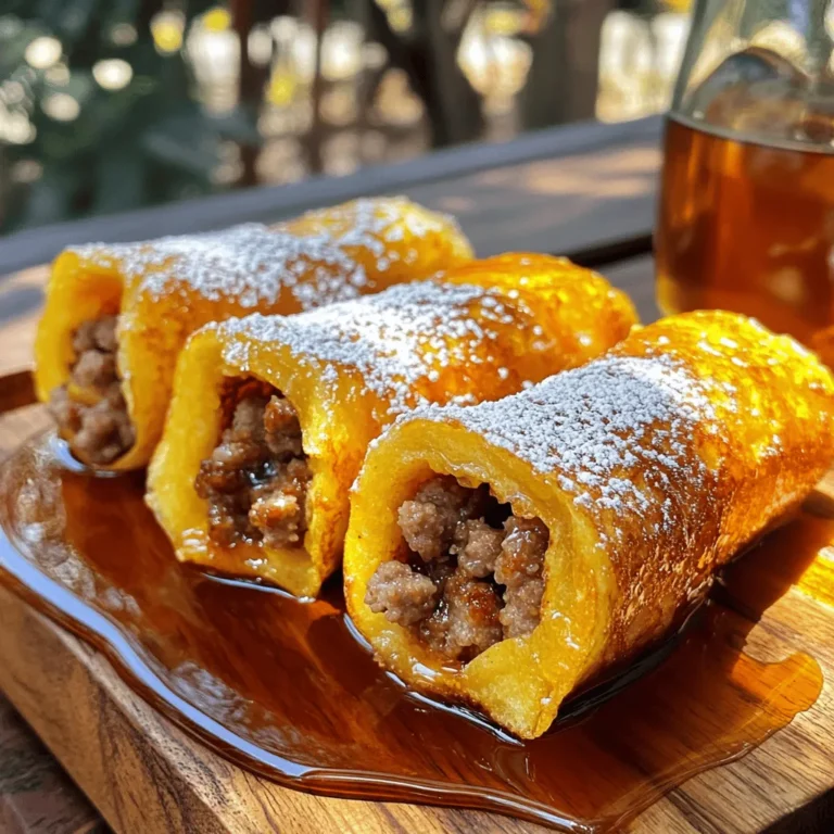 - 8 slices of soft sandwich bread - 4 breakfast sausage links, fully cooked and crumbled - 4 large eggs - 1 cup whole milk - 1 teaspoon pure vanilla extract - 1 teaspoon ground cinnamon - 2 tablespoons granulated sugar - 2 tablespoons unsalted butter (for frying) - Maple syrup (for drizzling) - Powdered sugar (for dusting) Gather these ingredients before you start. The bread forms the base, while the sausage adds flavor. Eggs and milk create a rich custard for dipping. Vanilla and cinnamon provide warmth and sweetness. Butter, syrup, and powdered sugar finish the dish perfectly. Each ingredient plays a vital role in making the roll-ups both tasty and fun. Use high-quality sausage for the best taste. If you like, add shredded cheese to the filling. It melts nicely and adds creaminess. This mix of flavors makes every bite a delight. Make sure to have everything ready before cooking. It keeps the process smooth and enjoyable. With these ingredients, you’ll create a dish that is simple yet impressive. Flattening the Sandwich Bread To start, grab a rolling pin. Place your sandwich bread on a clean surface. Roll each slice gently until it’s thin. This makes it easy to roll later. You want them nice and pliable. Filling the Roll-Ups Next, take your crumbled sausage. If you want, add some shredded cheese for extra flavor. Take about 2 tablespoons of this mix. Place it at one end of each flattened bread slice. Now, roll the bread tightly around the filling. Make sure it’s snug. If needed, use a toothpick to hold it together. Repeat for all slices. Whisking the Egg Mixture In a large bowl, crack 4 eggs. Pour in 1 cup of whole milk. Add 1 teaspoon of vanilla extract, 1 teaspoon of cinnamon, and 2 tablespoons of sugar. Whisk this mixture until it’s smooth. This will soak into your roll-ups later. Frying the Roll-Ups Heat a non-stick skillet over medium heat. Add 2 tablespoons of unsalted butter and let it melt. This will coat the pan. Dip each roll-up into the egg mix for 2-3 seconds on each side. Don’t let them soak too long. Place the roll-ups seam side down in the skillet. Cook until golden brown, about 2-3 minutes per side. Once done, transfer them to a paper towel-lined plate. Drizzling with Maple Syrup Now for the fun part! Serve the roll-ups warm. Drizzle them with maple syrup. This adds a sweet touch. Dusting with Powdered Sugar For a lovely finish, sprinkle some powdered sugar on top. It looks great and tastes even better! Enjoy your Sausage French Toast Roll-Ups! How to Roll the Bread Snugly To make the best roll-ups, flatten the bread well. Use a rolling pin. This step helps the bread bend without tearing. When you fill them, place about 2 tablespoons of sausage at one end. Start rolling tightly from this end. The snug roll keeps the filling inside. If needed, use a toothpick to hold the shape. Egg Mixture Soaking Time Soaking the bread is key. Dip each roll-up into the egg mixture for 2-3 seconds per side. This brief soak lets the bread absorb flavor without getting soggy. If you soak too long, the bread will fall apart. So, keep an eye on the time. Cooking Temperature Recommendations Heat your skillet to medium heat. This temperature cooks the roll-ups evenly. If the heat is too high, the outside burns while the inside stays cold. A non-stick skillet is best for cooking. It helps prevent sticking and ensures a nice brown color. Achieving Golden Brown Perfection Cook each roll-up for about 2-3 minutes per side. Look for a deep golden color. This color shows that they are cooked through and crispy outside. Once cooked, transfer them to a paper towel-lined plate. This step helps soak up any excess grease. {{image_4}} Adding cheese to the filling makes these roll-ups even better. You can use shredded cheddar or mozzarella for great taste. Just mix the cheese with the crumbled sausage before filling the bread. This adds a rich flavor. You can also incorporate veggies for extra nutrition. Try adding finely chopped spinach or bell peppers. These veggies will give a nice crunch and color. They also boost the health factor of the dish. Just sauté the veggies a bit before mixing them with the sausage. Using different syrups or fruit toppings can change the whole dish. Maple syrup is a classic choice, but you might enjoy berry syrup or honey too. Fresh fruit like strawberries or blueberries on top adds natural sweetness. This gives your roll-ups a fresh twist. Experimenting with flavored bread is another fun way to mix it up. Cinnamon bread adds extra spice. Brioche bread gives a rich, buttery taste. Try different types to find your favorite flavor combo. Each option brings a new delight to your meal. - Storing Leftover Roll-Ups Once you finish enjoying your Sausage French Toast Roll-Ups, let them cool down. Place the leftovers in an airtight container. They will stay fresh in the fridge for up to three days. If you want to keep them longer, consider freezing them. - Best Container Options The best containers for leftovers are glass or BPA-free plastic. These materials keep the roll-ups safe and fresh. Use a container that seals tightly to prevent air from entering. - How to Reheat for Best Flavor To enjoy the roll-ups again, reheat them in a skillet. This method keeps them crispy. Heat over medium-low heat and flip them often. You can also use an oven at 350°F for about 10-15 minutes. - Recommended Heating Methods For quick reheating, a microwave works well, but it may make them soft. Place a damp paper towel over the roll-ups to keep moisture. Heat in 20-second intervals, checking until warm. Can I make this recipe ahead of time? Yes, you can prepare the roll-ups ahead. Assemble the roll-ups, then store them in the fridge for up to one day. When ready to eat, dip them in the egg mixture and cook as usual. What can I substitute for the bread? You can use various breads. Try whole wheat, gluten-free, or even croissants for a twist. Each type adds its own flavor and texture. How do I make this recipe gluten-free? To make this dish gluten-free, use gluten-free bread. Ensure all other ingredients are also gluten-free. This keeps the flavor while meeting dietary needs. Caloric Content per Serving Each serving contains about 400 calories. This varies based on the bread and toppings you choose. Dietary Considerations This dish includes protein from eggs and sausage. It also has carbs from bread. For a lighter option, use less sausage or whole grain bread. Adjust to fit your diet. Sausage French Toast Roll-Ups are easy and tasty. You learned about the main ingredients, like bread, sausage, and eggs. I shared step-by-step instructions, tips, and variations to try. You can even store leftovers for later. These roll-ups are fun to make and taste great for breakfast or snacks. Experiment with your own flavors, and enjoy every bite. Make this recipe your own, and delight in the delicious results.