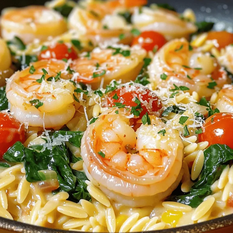 - 1 cup orzo pasta - 1 pound shrimp, peeled and deveined - 2 tablespoons olive oil - 2 garlic cloves, finely minced - 1 teaspoon red pepper flakes (optional) - 4 cups vegetable or seafood broth - 1 cup cherry tomatoes, halved - 1 cup fresh spinach - 1/2 cup grated Parmesan cheese - Salt and freshly cracked pepper, to taste - Fresh parsley, chopped (for garnish) Gather these ingredients before you start. You will want everything ready to go. The orzo pasta is the star of this dish. It absorbs flavors well and gives a nice texture. The shrimp adds protein and a sweet taste. Olive oil helps to sauté the garlic, making it fragrant. Garlic is key here, giving depth to the dish. If you want a bit of heat, add red pepper flakes. The broth is a base for cooking the orzo. You can use vegetable or seafood broth, depending on what you have. Cherry tomatoes bring sweetness and color. Fresh spinach adds a pop of green and nutrients. Parmesan cheese gives a creamy finish. Finally, don’t forget salt and pepper to enhance all the flavors. Fresh parsley on top adds a nice touch for presentation. To start, grab a large skillet. Heat the olive oil over medium heat until it shimmers. Add the minced garlic and red pepper flakes if you want some spice. Sauté for about one minute. You want the garlic fragrant but not browned. This step builds a great flavor base. Next, add the orzo pasta to the skillet. Stir continuously for about two minutes. This toasts the orzo, bringing out a nutty flavor. After that, carefully pour in the broth. Stir to mix it well. Raise the heat to bring it to a gentle boil. Once boiling, reduce the heat to low and cover the skillet. Let it simmer for about ten minutes. You want most of the liquid absorbed and the orzo al dente. When the orzo is cooked, it’s time for the shrimp and tomatoes. Add the shrimp and halved cherry tomatoes to the skillet. Cover it again and cook for three to four more minutes. The shrimp should turn bright pink and be fully cooked by now. Now, take the skillet off the heat. Gently fold in the fresh spinach. It will wilt with the residual heat. Then, sprinkle in the grated Parmesan cheese. Mix well until everything combines. Taste it and adjust the seasoning with salt and cracked pepper as needed. Ensuring Orzo is Al Dente To cook orzo perfectly, watch the time closely. Aim for about ten minutes of simmering. Taste a piece to check if it has a slight bite. This al dente texture gives the dish a nice mouthfeel and keeps it from getting mushy. Avoiding Overcooked Shrimp Shrimp cooks quickly. You only need three to four minutes in the pan. When they turn bright pink, they're done. Remove them from heat right away to keep them tender. Overcooked shrimp become rubbery and tough, ruining your dish. Serving Suggestions for an Elegant Dish Serve the orzo in shallow bowls. This makes it look fancy and allows for easy eating. Drizzle some extra olive oil on top for a glossy finish. A wedge of lemon adds a bright touch and enhances the flavors. Using Fresh Herbs for Garnish Fresh parsley is a perfect garnish. It adds color and freshness. Just chop a bit and sprinkle it on top before serving. You can also use basil or chives for a different flavor. Fresh herbs make any dish look more appealing and taste better. {{image_4}} You can change the protein in this dish. Chicken works well if you prefer it. Just cut it into small pieces and cook it until it’s no longer pink. If you want a veggie option, use tofu. Cut the tofu into cubes and sauté it like the shrimp. You can also switch up the vegetables. Seasonal veggies add color and taste. Try zucchini, bell peppers, or asparagus. Just chop them and add them when you cook the garlic. They will blend nicely with the orzo. To brighten the dish, add some citrus zest. A little lemon or lime zest will lift the flavors. Just grate the outer peel and mix it in at the end. If you want some heat, add more spices. Extra red pepper flakes will spice things up. You can also try herbs like thyme or basil. These will add a nice layer of flavor to the orzo. Store leftover One-Pan Parmesan Orzo with Shrimp in an airtight container. Make sure to let it cool down first. This helps keep the taste fresh. Place it in the fridge within two hours of cooking. Keep the dish away from any strong-smelling foods. This will prevent unwanted flavors from mixing. You can reheat this dish in two ways: stovetop or microwave. For stovetop, heat a skillet over medium heat. Add a splash of broth or water to help steam the orzo. Stir often until heated through. For the microwave, use a microwave-safe bowl. Cover it with a damp paper towel and heat in short bursts. Stir in between until hot. This dish lasts about three to four days in the fridge. After that, it may lose its flavor and texture. If you want to keep it longer, consider freezing it. In the freezer, it can last up to three months. Just remember to thaw it in the fridge before reheating. Can I make this dish ahead of time? Yes, you can make One-Pan Parmesan Orzo with Shrimp ahead of time. Cook it fully and cool it down. Store it in the fridge for up to three days. When you are ready to eat, heat it gently on the stove. Add a splash of broth to keep it moist. Is it possible to use frozen shrimp? Absolutely! Frozen shrimp work well in this dish. Just thaw them first. You can run them under cold water for a few minutes. Remove the shells and devein them if needed. Is One-Pan Parmesan Orzo with Shrimp healthy? Yes, this dish can be a healthy option. It has protein from shrimp and fiber from spinach and tomatoes. The orzo adds carbs for energy. Use low-sodium broth to make it even healthier. How many calories does this dish contain per serving? One serving of this dish has about 400-450 calories. This can vary based on the exact ingredients you use. Always check your specific brands for more accurate numbers. What can I substitute for orzo? If you need a substitute for orzo, you can use other small pasta types. Try ditalini, couscous, or even quinoa. Each option brings its own flavor and texture. Can I use pre-cooked shrimp for this recipe? Yes, you can use pre-cooked shrimp. Just add them in during the last few minutes of cooking. This way, they can heat up without becoming tough. This blog post detailed a simple, tasty recipe for One-Pan Parmesan Orzo with Shrimp. We covered key ingredients, step-by-step instructions, and even useful tips. Remember, using fresh herbs and the right cooking methods can elevate your dish. Feel free to experiment with swaps and variations to suit your taste. This recipe is not just quick but also healthy, making it a great choice for any meal. Enjoy your cooking and the delicious results!