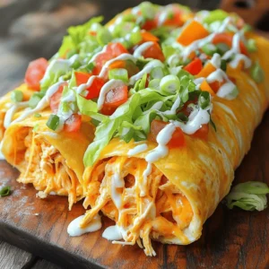 - 2 cups cooked chicken, shredded - 1/2 cup buffalo sauce - 1 cup cream cheese, softened - 1 cup shredded cheddar cheese The main ingredients for Cheesy Buffalo Chicken Burritos are simple but packed with flavor. First, use cooked chicken. You can shred it yourself or buy it pre-cooked. Then, add buffalo sauce. This sauce gives the burritos their bold kick. Next, cream cheese adds a smooth texture. It helps bind everything together. Finally, shredded cheddar cheese brings a rich, cheesy flavor that ties it all up. - 1/2 cup crumbled blue cheese - Additional toppings like ranch dressing, shredded lettuce, diced tomatoes, and sliced green onions Optional add-ins give you room to play. Crumbled blue cheese adds a sharp taste that pairs well with buffalo sauce. You can also choose toppings. Ranch dressing cools the spice. Shredded lettuce adds crunch, while diced tomatoes bring freshness. Sliced green onions add a nice pop of color and flavor. - 4 large flour tortillas - Olive oil for grilling For the tortillas, go with large flour tortillas. They wrap around the filling nicely. To grill them, use olive oil. This oil helps achieve a golden-brown, crispy finish. Warming the tortillas briefly makes them easier to roll. It keeps your filling secure and creates a delightful bite. First, take a large mixing bowl. Add 2 cups of shredded chicken. Next, pour in 1/2 cup of buffalo sauce. Then, add 1 cup of softened cream cheese. Mix everything well until it is smooth and creamy. Make sure all the chicken gets coated. After that, gently fold in 1 cup of shredded cheddar cheese. If you like blue cheese, add 1/2 cup of crumbled blue cheese too. This step makes the filling rich and flavorful. Now, it’s time to prepare your tortillas. Warm 4 large flour tortillas for easier handling. You can microwave them for about 20-30 seconds. Alternatively, heat them on a dry skillet over low heat for a few seconds. This makes them soft and flexible. Once warm, take each tortilla and spread 1/4 of the chicken mixture horizontally in the center. Leave about an inch of space at each edge to help with rolling. Next, let’s roll those burritos! Start by drizzling a little ranch dressing over the chicken mixture. Then, add a handful of shredded lettuce, diced tomatoes, and sliced green onions on top. To wrap the burrito, fold the edges of the tortilla inward. After that, roll it tightly from the bottom up. Make sure the filling stays secure inside. This technique keeps all the tasty bits in place. Finally, it’s time to grill the burritos. Heat a medium skillet over medium heat. Add a drizzle of olive oil to the skillet. Place the burritos seam-side down in the skillet. Grill them for about 3-4 minutes on each side. You want them to turn golden brown and crispy. Once grilled, remove the burritos from the skillet. Let them cool for a minute before slicing each burrito in half for serving. Enjoy your delicious Cheesy Buffalo Chicken Burritos! To get the best shredded chicken, cook it in a few ways. You can boil it, bake it, or use a slow cooker. Boiling is fast and keeps the chicken moist. Baking adds flavor but takes longer. A slow cooker is great for busy days. For shredding, you can use two forks, your hands, or a stand mixer. Two forks work well for small amounts. Your hands can shred larger pieces easily. A stand mixer is best for big batches, just use the paddle attachment. Choosing the right buffalo sauce makes a big difference. I suggest Frank's RedHot or Crystal Hot Sauce. They have great flavor and heat. You can also add extra spices for more kick. Try garlic powder, onion powder, or even smoked paprika. These spices can really boost the taste. Serve your burritos on a big platter to impress guests. Add a small bowl of ranch dressing for dipping. For garnish, use fresh cilantro or extra green onions. They add color and freshness to your dish. You can also add a side of crunchy veggies for a fun touch. {{image_4}} You can make your burritos spicy or mild. Just adjust the amount of buffalo sauce. For more heat, add extra sauce. If you prefer a milder flavor, use less. You can also use different sauces, like BBQ, for a twist. For those who want a vegetarian option, try using jackfruit instead of chicken. Shred the jackfruit and mix it with buffalo sauce. You get a great texture and flavor without meat. Cheese is key to making these burritos tasty. You can swap cheddar for pepper jack or Monterey Jack. Pepper jack adds a nice kick, while Monterey Jack is creamy and mild. If you need a dairy-free option, look for dairy-free cheese. Many brands offer tasty alternatives. Just make sure they melt well, so your burritos stay creamy. Want a low-carb option? Use lettuce wraps instead of tortillas. They are fresh and crunchy. Just fill the leaves like you would a tortilla for a lighter meal. You can also experiment with different types of tortillas. Try whole wheat, spinach, or even corn tortillas. Each adds its own flavor and texture to your burritos. To keep your Cheesy Buffalo Chicken Burritos fresh, store them in the fridge. Use an airtight container to prevent drying. This helps keep them tasty for up to three days. When ready to eat, reheat them in the microwave. Heat for about one to two minutes. If you want a crispy finish, use a skillet. Just heat it on medium and grill for a few minutes on each side. You can freeze burritos before or after grilling. If you freeze them before grilling, wrap each burrito tightly in plastic wrap. Then, place them in a freezer-safe bag. They will last up to three months. If you freeze them after grilling, let them cool first. Then, wrap and bag as before. When it's time to eat, thaw the burritos in the fridge overnight. For quick reheating, use the microwave. Heat for two to three minutes or until hot. If you want that crispy crust, warm them in a skillet. Grill for about four to five minutes on each side. Enjoy your tasty burritos! Yes, you can use rotisserie chicken. It saves time and adds great flavor. Shred the chicken into bite-sized pieces before mixing it with the buffalo sauce and cream cheese. This makes the process quick and easy. Plus, using rotisserie chicken gives you that rich, roasted taste. You can serve these burritos with a variety of sides. Here are a few ideas: - Crispy tortilla chips with salsa - A fresh green salad - Celery sticks and carrot sticks with ranch dressing - Extra ranch or blue cheese dressing for dipping These sides balance the spicy flavor of the burritos. To add more heat, try these options: - Use a hotter buffalo sauce. - Mix in diced jalapeños or crushed red pepper flakes. - Add a few drops of hot sauce to the chicken mixture. These tweaks will kick up the spice level. Adjust the heat to fit your taste. Yes, you can prepare the burritos ahead. Assemble them, then wrap each one in plastic wrap. Store them in the fridge for up to 24 hours. When ready to eat, grill them straight from the fridge. They will still taste fresh and delicious. This is a great way to save time on busy days. You can create delicious Cheesy Buffalo Chicken Burritos by following these easy steps. Start with cooked chicken, buffalo sauce, and cream cheese. Add optional ingredients like blue cheese for extra flavor. Roll your tortillas, grill them to a perfect crisp, and enjoy! Remember, you can customize these burritos with spice levels, cheese choices, and different wraps. Store leftovers well or freeze them for later. Happy cooking!