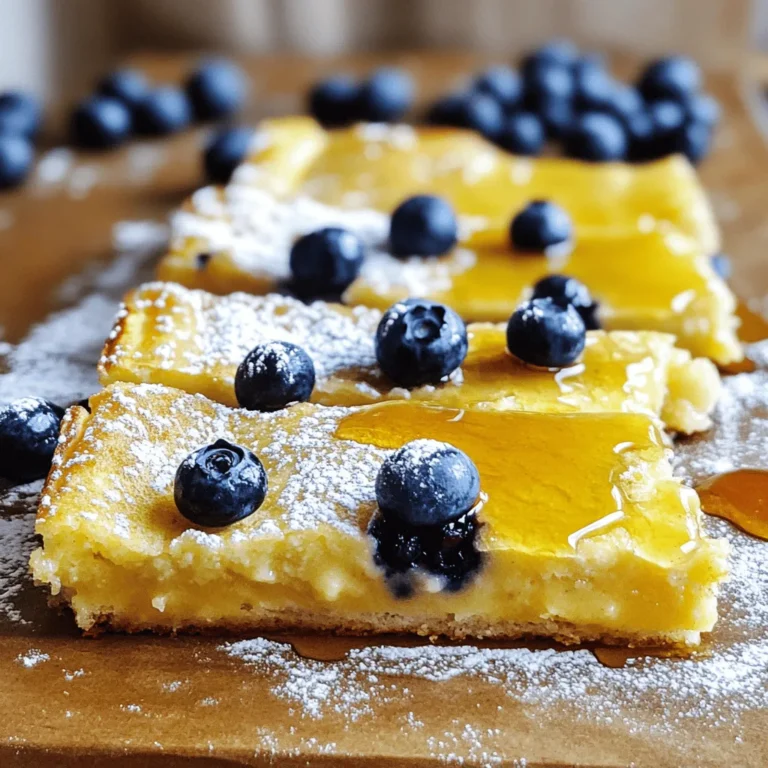 To make the Fluffy Pancake Casserole, gather these ingredients: - 2 cups all-purpose flour - 2 tablespoons granulated sugar - 1 tablespoon baking powder - 1 teaspoon baking soda - ½ teaspoon fine sea salt - 2 cups buttermilk (or regular milk with a splash of vinegar) - 2 large eggs, at room temperature - 4 tablespoons unsalted butter, melted and slightly cooled - 1 teaspoon pure vanilla extract - 1 cup blueberries (fresh or thawed frozen) - Maple syrup for serving You can swap ingredients if needed: - Flour: Use whole wheat flour for a nuttier flavor. - Sugar: Honey or maple syrup can replace granulated sugar. - Buttermilk: Regular milk with lemon juice works well. - Blueberries: Try raspberries or chopped strawberries instead. Fresh ingredients make a big difference in taste. Here’s how to pick them: - Blueberries: Choose firm, plump berries with a deep color. - Eggs: Look for eggs with clean, uncracked shells. - Butter: Use unsalted butter for better control over salt levels. - Milk: Check the expiration date for freshness. To start, gather all your ingredients. You will need flour, sugar, baking powder, baking soda, and salt. Next, grab buttermilk, eggs, melted butter, and vanilla extract. Don't forget the blueberries! Preheat your oven to 350°F (180°C) and grease your baking dish. 1. Mix Dry Ingredients (5 minutes): In a large bowl, whisk together the flour, sugar, baking powder, baking soda, and salt. Make sure everything blends well. 2. Mix Wet Ingredients (5 minutes): In another bowl, whisk the buttermilk, eggs, melted butter, and vanilla. Blend until it looks smooth. 3. Combine Ingredients (5 minutes): Pour the wet mixture into the bowl with dry ingredients. Stir gently with a spatula. The batter can be lumpy; that’s okay! 4. Add Blueberries (2 minutes): Carefully fold the blueberries into the batter. Be gentle so you don’t crush them. 5. Pour Batter (3 minutes): Transfer the batter to your greased baking dish. Use a spatula to spread it evenly. 1. Bake (25-30 minutes): Place your dish in the oven. Check for a golden top. Insert a toothpick in the center; it should come out clean. 2. Cool (10 minutes): Once baked, take the casserole out. Let it cool in the dish for about 10 minutes. This helps it set before you slice it. Now, your fluffy pancake casserole is ready to enjoy! To get the fluffiest pancake casserole, use room temperature eggs. Cold eggs can make the batter dense. Mix the wet and dry ingredients gently. A few lumps are okay; they help keep the casserole light. Avoid overmixing. If you mix too much, you lose that airy texture. One common mistake is using cold ingredients. Always use room temperature eggs and buttermilk. This helps the batter mix better. Another mistake is overbaking. Check your casserole a few minutes early. If it’s golden brown and a toothpick comes out clean, it’s done! Lastly, don’t skip greasing the baking dish. A non-stick surface keeps your casserole from sticking. Serve warm slices drizzled with maple syrup. Fresh blueberries on top add color and flavor. For extra sweetness, dust the top with powdered sugar. You can also pair it with crispy bacon or savory sausage. A side of yogurt or fresh fruit adds a nice touch, too! {{image_4}} You can switch up the fruit in your pancake casserole. Try using sliced strawberries, diced apples, or ripe bananas. Each fruit adds a unique taste. For a tropical twist, use pineapple or mango. These fruits work well with the fluffy texture. Just remember to adjust the cooking time if you add more moisture. If you need a gluten-free option, swap all-purpose flour for a gluten-free blend. Many brands offer great alternatives. For a dairy-free version, you can use almond milk or oat milk. Substitute butter with coconut oil or a plant-based butter. These changes keep your casserole tasty and light. Get creative with flavors! Add a teaspoon of cinnamon for warmth. A splash of almond extract can bring a nutty note. Try mixing in some chocolate chips for a sweet twist. You can even fold in nuts like walnuts or pecans for crunch. These combinations let you make a casserole that suits your taste perfectly. To keep your fluffy pancake casserole fresh, let it cool first. Once cool, slice it into squares. Place the slices in an airtight container. You can store it in the fridge for up to three days. If you want to keep it longer, freezing is a great option. To reheat your pancake casserole, take a slice out of the fridge. You can use a microwave or an oven. If using a microwave, warm it for 30-60 seconds. For the oven, preheat to 350°F (180°C) and bake for about 10 minutes. This way, it stays soft and warm. If you want to freeze the casserole, wrap each slice in plastic wrap tightly. Then, place the wrapped slices in a freezer bag. Make sure to label the bag with the date. You can freeze the casserole for up to three months. When you're ready to eat, thaw it overnight in the fridge before reheating. Yes, you can prepare the casserole ahead of time. Mix the batter and store it in the fridge overnight. This way, you save time in the morning. Just pour it into the baking dish and bake when ready. If you don't have buttermilk, use regular milk with a splash of vinegar. Mix 2 cups of milk with 1 tablespoon of vinegar. Let it sit for five minutes. This makes a great buttermilk substitute that works well in the recipe. The casserole is ready when the top is golden brown and a toothpick comes out clean. Insert the toothpick into the center. If it comes out with wet batter, bake for a few more minutes. Be patient; it will be worth the wait! This blog post shared how to create a fluffy pancake casserole. You learned about the key ingredients, helpful cooking steps, and tips for perfect texture. Remember to choose fresh ingredients for the best flavor. We also covered variations to suit your diet and ideas for storing leftovers. With these instructions, you can enjoy a delicious dish. Try experimenting with flavors and have fun in the kitchen. Enjoy your cooking adventure!