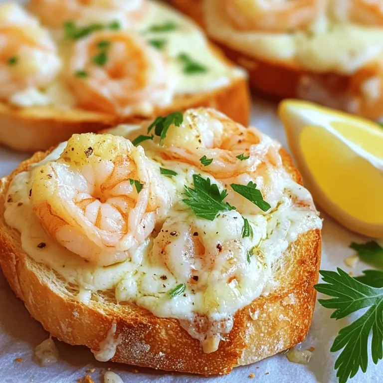 - 1 baguette, cut into 1-inch thick slices - 12 oz shrimp, peeled and deveined - 4 tablespoons unsalted butter, melted - 4 cloves garlic, minced - 2 tablespoons fresh parsley, finely chopped - 1 teaspoon lemon juice - Salt and freshly ground black pepper to taste - 1 cup shredded mozzarella cheese Fresh vs. Frozen Shrimp: Fresh shrimp has a sweeter taste and a firmer texture. Frozen shrimp is often just as good if you thaw it properly. Look for shrimp labeled as "wild-caught" for better flavor. Butter Alternatives: If you want a lighter option, try using olive oil or a plant-based butter. This change will still give you a rich taste without the extra calories. Herb Substitutions: If you don’t have parsley, you can use basil or cilantro. Both herbs add a fresh flavor. You can also add dried herbs like oregano for a different twist. These tips can help you choose the best ingredients for your Air Fryer Garlic Butter Shrimp Toasts. Enjoy cooking and experimenting! To start, I melt 2 tablespoons of butter in a medium skillet over medium heat. Once the butter melts, I add 4 cloves of minced garlic. I sauté the garlic for about 1-2 minutes. I stir occasionally to keep it from burning. The garlic should smell fragrant and soft, not brown. Next, I add 12 ounces of peeled and deveined shrimp to the skillet. I season them with salt and black pepper. I cook the shrimp for 3-4 minutes. I know they are done when they turn pink and opaque. After cooking, I remove the skillet from heat. I stir in 1 teaspoon of lemon juice and 2 tablespoons of chopped parsley. Now, I preheat the air fryer to 370°F (188°C). This helps the toast get that crispy texture. While it preheats, I take the remaining melted butter and mix it with a pinch of salt. I brush each side of the baguette slices with this garlic butter. After the air fryer is hot, I arrange the buttered baguette slices in the basket. I make sure they do not overlap. I cook them for about 3 minutes until they turn golden brown. Once they are crispy, I remove them carefully. I top each slice with the garlic shrimp mixture. Then, I sprinkle a cup of shredded mozzarella cheese on top. I place the toasts back in the air fryer for another 3-4 minutes. I check that the cheese is melted and bubbly before serving. To keep your bread crispy, brush it lightly with garlic butter. Avoid soaking it too much. Place the bread in a single layer in the air fryer. This helps it cook evenly. For the shrimp, look for a nice pink color. It should be opaque all the way through. This shows they are perfectly cooked. Set your air fryer to 370°F (188°C) for the best results. Preheating is key to getting that nice, crisp toast. Do not overcrowd the basket. Give each piece space so air can flow around. If you have a lot to cook, do it in batches. This keeps everything evenly cooked. For a beautiful presentation, arrange the toasts on a nice platter. A lemon wedge on the side adds a nice touch. It also gives a fresh flavor when squeezed. Garnish with more chopped parsley for color. Pair your shrimp toasts with a simple salad or a light dip, like garlic aioli, for a complete meal. {{image_4}} You can make this dish fit your needs. For a gluten-free version, use gluten-free bread. This way, you keep the flavor and texture. If you want to switch up the seafood, try scallops or crab instead of shrimp. You can also use veggies like bell peppers or zucchini for a lighter option. Just chop them small and sauté them in the garlic butter. To give these toasts a kick, add spices like red pepper flakes or smoked paprika. You can also mix in a bit of lemon zest for extra brightness. If you love cheese, consider using a blend of mozzarella and parmesan. This will add a depth of flavor that you will enjoy. For sauces, a drizzle of sriracha or a garlic aioli can add an exciting twist. If you don’t have an air fryer, no worries! You can bake these toasts in the oven. Preheat your oven to 400°F (200°C). Place the buttered baguette slices on a baking sheet. Bake them for about 5 minutes until they are crispy. After topping with shrimp and cheese, return them to the oven and bake for another 5-7 minutes. Keep an eye on them to ensure the cheese melts and bubbles nicely. To keep your garlic butter shrimp toasts fresh, use an airtight container. Glass or plastic containers work well. Place the toasts in a single layer if possible. Store them in the fridge for up to three days. This helps keep the flavors intact and prevents sogginess. When you're ready to enjoy the leftovers, you can reheat them in either the air fryer or the microwave. For the air fryer, set it to 350°F (175°C). Heat the toasts for about 3-5 minutes until warmed through. In the microwave, place the toasts on a microwave-safe plate. Heat in 30-second intervals until hot. Be careful not to overheat as this can make the bread tough. Yes, you can freeze shrimp toasts! To do this, let them cool completely first. Place the toasts in a single layer on a baking sheet and freeze for about 1-2 hours. Once frozen, transfer them to a freezer-safe bag or container. This way, they won't stick together. You can freeze them for up to a month. When ready to eat, reheat directly from the freezer. Just add a few extra minutes to the air fryer cooking time. You can make shrimp toast using your oven. Preheat your oven to 375°F (190°C). Prepare the baguette slices as you would for the air fryer. Brush them with garlic butter and place them on a baking sheet. Bake for about 10 minutes or until golden brown. For the shrimp, sauté them in a pan as usual. Once the bread is toasted, top each slice with the shrimp and cheese. Bake in the oven for another 5-7 minutes until the cheese melts. Yes, you can use cooked shrimp. It can save time, but be careful. Pre-cooked shrimp does not need long cooking. Just warm it up with the garlic and butter for 2 minutes. This keeps the shrimp juicy. However, overcooking might make it rubbery. Always check the shrimp's texture before serving. There are many great sides for shrimp toasts. Consider a light salad with greens and lemon vinaigrette. You can also serve it with garlic aioli for dipping. Another great option is a bowl of soup, like tomato or chowder. For a more filling meal, serve with roasted vegetables or coleslaw. This blog post covered how to make garlic butter shrimp toasts. We explored the ingredients, gave tips for success, and provided step-by-step instructions. I shared variations for different diets and explained how to store and reheat your leftovers. With these easy recipes and tricks, you can create delicious shrimp toasts. Enjoy these flavorful bites at your next meal or gathering. Happy cooking!