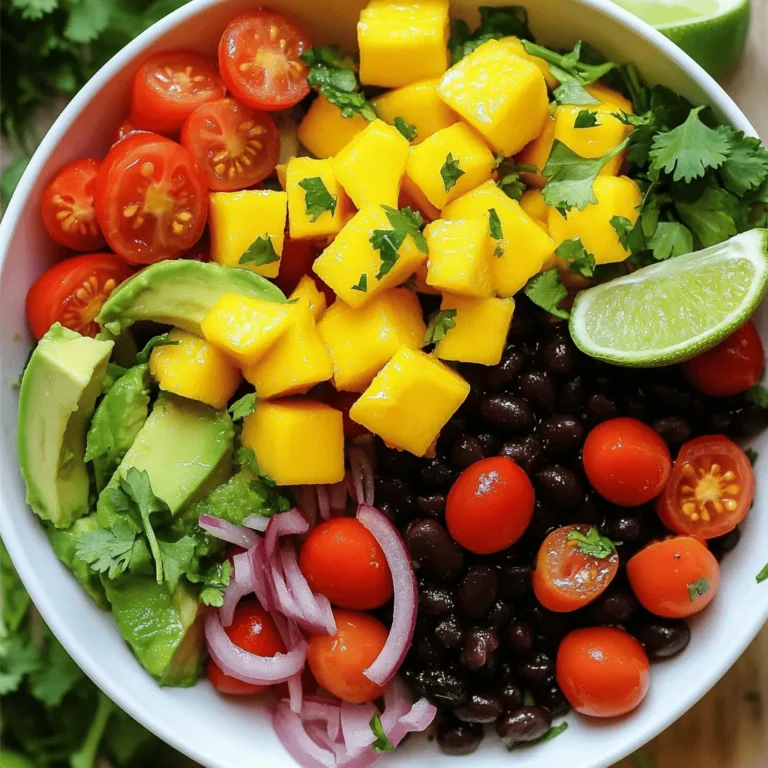 - Ripe mango - Ripe avocado - Black beans - Red bell pepper - Cherry tomatoes - Red onion - Fresh cilantro - Lime juice - Extra virgin olive oil - Salt and pepper - Optional: Jalapeño This salad is a feast for your eyes and taste buds. You need ripe mango and avocado for a creamy texture. Use one can of black beans, as they add protein and fiber. The red bell pepper brings a sweet crunch, while cherry tomatoes add juicy bursts. Red onion gives a nice zing, and fresh cilantro adds brightness. Don't forget the lime juice; it brings acidity. Extra virgin olive oil adds richness and depth to the dish. Add salt and pepper for flavor. For a spicy kick, include a minced jalapeño. This ingredient is optional, but it balances the sweetness of the mango. Each ingredient plays a vital role in making this salad fresh and flavorful. Enjoy gathering these ingredients for a vibrant mix! Start by dicing the ripe mango into bite-sized pieces. I love the sweet taste and bright color it adds. Next, take your ripe avocado and chop it into similar-sized cubes. Be gentle, as you want to keep the avocado intact for a nice look. Now, grab a can of black beans. Rinse them well under cold water. This step helps remove excess salt and keeps your salad fresh. Drain them thoroughly before using. Chop the red bell pepper into small pieces. This adds a nice crunch and sweetness. Then, halve the cherry tomatoes to release their juicy flavor. Next, finely chop the red onion for that zing. Lastly, don’t forget to chop the fresh cilantro. It brings a lovely herbal note to the dish. In a large mixing bowl, combine the diced mango, avocado, and the rinsed black beans. This mixture will be the base of your salad. Next, add in the diced red bell pepper and halved cherry tomatoes. If you like some heat, fold in the minced jalapeño. It will give your salad a nice kick! In a small bowl, whisk together the juice of one lime, extra virgin olive oil, salt, and pepper. This zesty dressing will tie all the flavors together. Make sure to mix it well so the flavors blend nicely. Drizzle the dressing over your salad mixture. Use a spatula or wooden spoon to gently toss everything together. Be careful not to mash the avocado; you want it to stay in nice pieces. Finally, sprinkle the fresh cilantro on top. Give it one last gentle toss to mix it in. Enjoy this vibrant and fresh mango avocado black bean salad! For a beautiful display, you can serve this salad in a large bowl or on individual plates. Using a big bowl lets everyone scoop their own portions. If you use plates, it looks fancy and is easy to share. Garnish each serving with fresh cilantro leaves and lime wedges. This adds a pop of color and extra flavor. A nice touch makes your dish more inviting. If you like spice, add minced jalapeño to your salad. It gives a nice kick! Start with a small amount, then taste. You can always add more if you want more heat. Feel free to try other herbs instead of cilantro. Fresh parsley or basil can give a new twist. Mixing up the herbs keeps things exciting. To keep your avocado intact, be gentle when mixing. Use a spatula or wooden spoon to fold the ingredients. This way, the avocado stays in nice pieces, not mush. When you dress the salad, pour a little at a time. Toss gently to coat everything evenly. This helps every bite taste great without sogginess. {{image_4}} You can easily adapt this Mango Avocado Black Bean Salad to fit many diets. It is naturally vegan and gluten-free, making it a great choice for many. If you want more protein, try adding grilled chicken or shrimp. These options will make the salad heartier and more filling. You can add different fruits for a twist. Pineapple or papaya brings a fun sweetness. They pair well with the creamy avocado and tangy lime. You can also switch the beans. Try kidney beans or chickpeas for a unique taste and texture. Incorporating seasonal fruits and veggies can elevate your salad. In summer, add fresh corn or zucchini. In fall, consider roasted sweet potatoes or apples. These ingredients will keep your salad fresh and exciting all year round. To keep your mango avocado black bean salad fresh, store it in an airtight container. This helps prevent air from spoiling the ingredients. If you have leftovers, try to use them within two days. - Avoid adding dressing until you're ready to eat. This keeps the salad crisp. - If you notice browning on the avocado, sprinkle some lime juice on top. This slows down oxidation. For long-term storage, freezing is not ideal for the whole salad. The texture of avocado and tomatoes changes when frozen. - If you want to prepare ahead, freeze the dressing separately. Mix lime juice and olive oil in a small container. - You can also freeze black beans if you have extra. Just rinse and drain them well before freezing. By following these tips, you can enjoy your mango avocado black bean salad fresh or save components for later use! To make this salad, start by gathering your ingredients. You will need diced mango, diced avocado, black beans, red bell pepper, cherry tomatoes, red onion, and fresh cilantro. 1. In a bowl, add the mango, avocado, and black beans. 2. Then add the diced red bell pepper and halved cherry tomatoes. 3. If you like spice, mix in minced jalapeño. 4. In a small bowl, whisk lime juice, olive oil, salt, and pepper. 5. Drizzle this dressing over the salad. 6. Toss gently to combine. Be careful not to mash the avocado. 7. Finish with fresh cilantro on top. Yes, you can make this salad ahead of time. Prepare the salad base without the dressing and avocado. Store it in the fridge for a day. When ready to serve, add the avocado and dressing. This keeps the avocado fresh and prevents it from browning. If you need a substitute for black beans, try kidney beans or chickpeas. Both options work well and add protein. Make sure to rinse and drain them before adding to the salad for the best taste. To pick ripe mangoes, look for fruit that gives slightly when you press it. The skin should be a mix of green and yellow. For avocados, choose ones that feel soft but not mushy. Dark skin often indicates ripeness, but check for firmness. Yes, this recipe is very customizable. It is naturally vegetarian and can be made vegan by using oil. For gluten-free diets, this salad is safe. You can also add grilled chicken or shrimp for extra protein. Adjust ingredients to fit your taste and dietary needs! This salad is a fresh mix of ripe mango, avocado, and black beans. I shared steps for prep, mixing, and dressing. You can add your twist with spices or herbs. Remember, gentle mixing keeps the avocado intact. Store leftovers well to enjoy later. Feel free to customize it to your taste and dietary needs. Explore flavors and enjoy experimenting! Making this salad can offer a delicious upgrade to your meals. Enjoy creating and sharing this healthy dish!
