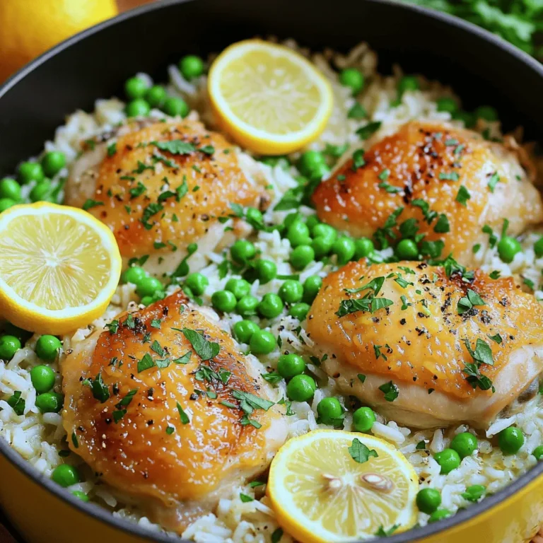 To create this tasty dish, you need the following key ingredients: - 4 boneless, skinless chicken thighs - 1 cup long-grain rice - 1 medium onion, diced - 2 cloves garlic, minced - 2 cups chicken broth - 1 lemon (for both zest and juice) - 1 teaspoon dried oregano - 1 teaspoon dried thyme - 1 teaspoon paprika - 1/2 cup frozen peas - 2 tablespoons olive oil - Salt and pepper to taste - Fresh parsley, chopped (for garnish) These ingredients work together to give a bright and fresh taste. The chicken thighs keep the dish juicy. The rice soaks up all the flavors, making every bite delicious. The lemon zest and juice add a bright kick, while the herbs bring warmth. You can also add some optional ingredients if you want to boost the dish's taste: - 1 bell pepper, diced - 1 cup chopped spinach - 1/2 teaspoon red pepper flakes - 1 tablespoon capers Adding these items can deepen the flavor and add more texture. For instance, bell peppers add sweetness, while spinach brings in a savory touch. Red pepper flakes give a bit of heat, perfect for spice lovers. To make this dish, having the right tools is key. Here are the tools I recommend: - Large pot or Dutch oven - Wooden spoon or spatula - Measuring cups and spoons - Cutting board and knife - Zester or grater These tools help you cook efficiently. A good pot ensures even cooking, while measuring tools help with accuracy. A zester is handy for getting the perfect lemon zest. Start by getting your large pot or Dutch oven ready. Pour in two tablespoons of olive oil and heat it over medium heat. While the oil warms, season four boneless, skinless chicken thighs with salt, pepper, and paprika. Once the oil is hot, add the chicken in a single layer. Let it brown for about 5-6 minutes on each side until it turns golden. When done, remove the chicken and set it aside on a plate. In the same pot, toss in one medium diced onion and two minced garlic cloves. Sauté this mixture for about 2-3 minutes. Stir it often to keep the onion from burning. You want it soft and a bit clear. Next, add one cup of long-grain rice to the pot. Make sure to stir well so the rice gets coated in the flavorful oil and onion mix. Sauté the rice for another 2 minutes to toast it lightly. Now it’s time to bring it all together. Carefully pour in two cups of chicken broth. Then squeeze in the juice of one lemon and add both the lemon zest and one teaspoon each of dried oregano and dried thyme. Stir everything to blend it well. Next, place the browned chicken thighs back into the pot. Ensure they are submerged in the liquid. Cover the pot with a lid and bring it to a gentle simmer. Lower the heat and let it cook for 20 minutes, until the rice is tender and has soaked up most of the broth. In the last 5 minutes, stir in half a cup of frozen peas. Re-cover the pot to warm the peas through. When the time is up, fluff the rice with a fork and garnish with fresh chopped parsley before serving. To get the best flavor from your One Pot Lemon Herb Chicken and Rice, focus on a few key steps. First, season the chicken well with salt, pepper, and paprika before browning. This helps build a rich base. Use fresh lemon juice and zest; it brightens the dish beautifully. Sauté the onion and garlic until soft, as this releases their flavors into the oil. Finally, let the rice toast briefly before adding the broth. This step enhances the taste. Many people rush the browning stage. Take your time! If you crowd the pot, the chicken won't brown well. Avoid skipping the toasting of the rice; it adds a deeper flavor. Also, don’t forget to cover the pot while simmering. This keeps the steam in and cooks the rice evenly. Lastly, be gentle when fluffing the rice after cooking. This prevents it from becoming mushy. For a gourmet touch, serve the dish directly from the pot. It makes for a warm, inviting presentation. Add lemon slices on the side for a splash of color and freshness. A sprinkle of freshly chopped parsley brightens the plate. Pair your meal with a light salad or steamed veggies for a balanced plate. This keeps your meal simple yet elegant. {{image_4}} You can easily modify the recipe to suit your needs. For a healthier option, use skinless chicken breasts instead of thighs. If you want a vegetarian dish, swap the chicken for chickpeas or tofu. For gluten-free options, choose rice that is certified gluten-free. You can also use vegetable broth instead of chicken broth for a plant-based flavor. Seasonal vegetables can boost both flavor and nutrition. In spring, add asparagus or fresh peas for a pop of color. In summer, consider zucchini or bell peppers for a fresh taste. Autumn brings great options like butternut squash or carrots. Just chop them small and add them when you mix in the rice. Herbs and spices can take this dish to the next level. Fresh herbs like basil or dill can add brightness. For a bolder flavor, try adding red pepper flakes or cumin. A splash of white wine in the broth can also deepen the taste. Just remember to adjust the salt to keep the balance right. After enjoying your One Pot Lemon Herb Chicken and Rice, store leftovers properly. Allow the dish to cool down to room temperature first. Then, transfer it to an airtight container. This way, it keeps the flavors intact and prevents spills. Label the container with the date. Leftovers stay fresh in the fridge for up to three days. If you want to keep it longer, freezing is a good option. To enjoy your leftovers, reheating is key. For the best taste, use a pot on the stove. Add a splash of chicken broth or water to help rehydrate the rice. Heat over low to medium heat while stirring occasionally. This method helps to keep the chicken juicy and the rice fluffy. If you prefer, use a microwave. Cover the dish with a microwave-safe lid or wrap. Heat in short intervals, stirring in between, until warm. If you want to store the dish for a long time, freezing works well. Portion the meal into smaller, airtight containers. This makes it easy to grab a single serving. Make sure to leave some space in the container, as the rice will expand when frozen. Label the containers with the date. You can freeze it for up to three months. When ready to eat, thaw the container in the fridge overnight and follow the reheating steps. Yes, you can use brown rice. However, you need to adjust the cooking time. Brown rice takes longer to cook, about 40-45 minutes. Use 2 1/2 cups of chicken broth for best results. Keep in mind that the dish may have a nuttier flavor and a chewier texture. To add spice, use hot paprika or red pepper flakes. You can also add diced jalapeños or chili powder. Start with a small amount, then taste and adjust. Adding a splash of hot sauce before serving can also give it a nice kick. Several sides go great with this dish. Consider a fresh green salad with lemon vinaigrette. Roasted vegetables like asparagus or Brussels sprouts also make a nice pairing. You could serve garlic bread or crusty rolls to soak up the flavorful juices, too. This blog post covered the key ingredients and steps for making One Pot Lemon Herb Chicken and Rice. You learned about must-have ingredients, optional adds for more flavor, and essential tools. I shared tips to enhance taste and avoid common errors. I also discussed variations for dietary needs and how to store leftovers properly. In closing, this dish is simple yet tasty. With practice, you'll impress everyone at your table. Enjoy cooking!