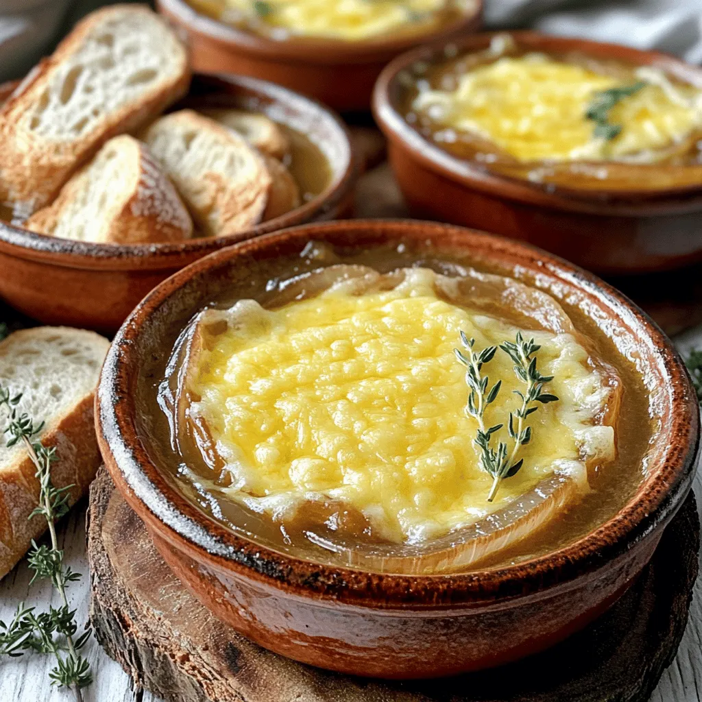 - 4 large yellow onions, thinly sliced - 4 cloves garlic, minced - 4 cups low-sodium beef broth - 1 cup vegetable broth French onion soup shines with its simple yet rich flavor. The star of this dish is the yellow onion. When cooked slowly, it becomes sweet and deeply flavorful. You will need four large yellow onions. Slice them thinly to help them cook evenly. Garlic adds a nice punch. Four cloves, minced, will do the trick. Next, the broth. Four cups of low-sodium beef broth create a savory base. If you prefer a lighter taste, add one cup of vegetable broth. This mix gives depth without overpowering the sweet onions. - 2 cups shredded Gruyère cheese - 1 cup shredded mozzarella cheese Cheese is key to a great French onion soup. Gruyère cheese is the classic choice. Its nutty flavor melts beautifully over the soup. You need two cups of shredded Gruyère. To add a stretchy texture, use one cup of mozzarella cheese. This combination makes each bite rich and creamy. - 1 tablespoon olive oil - 1 tablespoon unsalted butter - 2 teaspoons dried thyme - 1 teaspoon granulated sugar - Salt and freshly ground black pepper to taste The right seasonings enhance the soup's flavor. Start with one tablespoon of olive oil and one tablespoon of unsalted butter. This blend helps caramelize the onions. Add two teaspoons of dried thyme for a herby note. A teaspoon of granulated sugar helps caramelize the onions further, balancing their flavor. Lastly, season with salt and freshly ground black pepper to taste. Adjust these to your liking. A pinch here or there can make all the difference! First, I heat a large skillet over medium heat. I add one tablespoon of olive oil and one tablespoon of unsalted butter. Once the butter melts, I toss in four large yellow onions that I have thinly sliced. I cook these onions for about ten minutes, stirring now and then. I want them to soften up a bit. Next, I add four minced garlic cloves and one teaspoon of granulated sugar to the skillet. The sugar helps the onions caramelize nicely. I keep cooking them for about 15 to 20 minutes. I stir often, watching for that beautiful golden brown color. This step brings out their sweet flavor, making the soup rich and tasty. Once my onions are caramelized, I transfer them to the crockpot. Then, I pour in four cups of low-sodium beef broth and one cup of vegetable broth. I sprinkle in two teaspoons of dried thyme, adding even more flavor. Next, I season the mix with salt and freshly ground black pepper to taste. I gently stir everything together until it is well combined. Now, I cover the crockpot with its lid. I set it to cook on low heat for six to eight hours. If I am in a hurry, I can set it on high for three to four hours instead. Slow cooking is key here; it allows all those flavors to blend and deepen. After the cooking time is up, I taste the soup to check the seasoning. If it needs more salt or pepper, I add a little more to fit my taste. This simple step ensures that my French onion soup is just right before serving. To get that rich, sweet flavor, timing is key. Start cooking the onions on medium heat. Stir them often to help them cook evenly. This will take about 25 to 30 minutes. If you see them starting to burn, lower the heat. You want them golden brown, not black. Want to boost the taste? Try adding herbs like rosemary or bay leaves. These can add depth to your soup. You can also mix broth types. Using chicken broth with beef broth can give a nice twist. Feel free to adjust the salt and pepper to fit your taste. The best bread for this soup is a French baguette. Slice it into thick pieces. After broiling, the bread becomes crunchy and perfect for soaking up the soup. For garnish, use fresh thyme sprigs. They add a pop of color and flavor. Serve in oven-safe bowls for a fun touch. {{image_4}} To make this soup vegetarian, swap the beef broth for vegetable broth. This simple change keeps the flavor rich and hearty. For the cheese, you can use a blend of mozzarella and a creamy cheese like fontina. Both options melt well and add a nice touch. While Gruyère is a classic choice, you can experiment with other cheeses. Try using sharp cheddar for a bolder taste. Provolone adds a nice stretch, and even goat cheese can bring a tangy flair. Just remember to choose cheeses that melt well. You can boost this soup's flavor by adding proteins or vegetables. Shredded chicken or cooked lentils work great for extra protein. If you want to add veggies, consider mushrooms or spinach. Both add nutrients and depth. Just mix them in with the onions while they cook for an even more flavorful dish. How long does it last? You can keep your Crockpot French onion soup in the fridge for about 3 to 4 days. Make sure it cools down first. This will help keep it fresh. Proper container recommendations? Use an airtight container. Glass or plastic works well. This keeps out air and helps avoid any bad smells. Best practices for freezing soup? If you want to freeze your soup, let it cool completely. Pour it into freezer-safe bags or containers. Leave some space at the top. This allows for expansion when it freezes. Thawing and reheating tips? When you want to eat it, take the soup out of the freezer. Move it to the fridge for a day to thaw. You can also thaw it in a bowl of cold water. For reheating, use a pot on low heat. Stir often to avoid burning. Creative ways to use leftover soup? You can turn your soup into a tasty risotto or pasta sauce. Just add some cooked rice or pasta to it. Top it with more cheese and broil until bubbly. You can also use it as a base for a savory stew. Just add vegetables or meat for a new meal! Yes, you can use other onions. Sweet onions, like Vidalia, work well. Red onions add a slight tang. Each type of onion gives a unique taste. Try using shallots for a milder flavor. Remember, the key is to caramelize them properly. Caramelization brings out the sweet flavor you want in the soup. You can store leftover soup for up to five days in the fridge. Make sure to use an airtight container. This keeps the soup fresh and tasty. If you want to keep it longer, consider freezing it. Frozen soup lasts up to three months. Just remember to cool it completely before freezing. This helps prevent ice crystals from forming. Reheat the soup on the stove for best results. Use low heat and stir often. This prevents the soup from sticking to the pot. You can also use the microwave. Heat it in short bursts, stirring in between. This helps the soup heat evenly. If you want to enjoy your soup like fresh, place cheesy toast on top just before serving! This blog covered how to make delicious French onion soup. We discussed key ingredients like onions, garlic, and broth. We explored cheese choices and how to season your soup perfectly. The step-by-step guide helped with caramelizing and combining the ingredients. Tips for perfecting flavor and variations offered fun twists. Lastly, we talked about storage and reheat methods. Enjoy your cooking adventure with this classic dish!