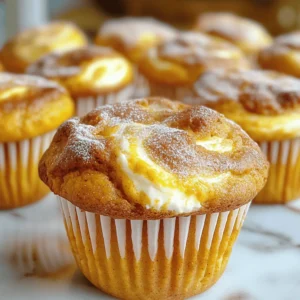 - 1 cup all-purpose flour - 1 cup whole wheat flour - 1 teaspoon baking soda - 1 teaspoon baking powder - 1 teaspoon ground cinnamon - 1/2 teaspoon ground nutmeg - 1/4 teaspoon ground ginger - 1/4 teaspoon salt - 1 cup canned pumpkin puree - 1 cup granulated sugar - 1/2 cup packed brown sugar - 1/2 cup vegetable oil - 4 large eggs - 1 teaspoon vanilla extract - 8 oz cream cheese, softened - 1/4 cup powdered sugar - 1 teaspoon lemon juice Canned pumpkin puree is the star of these muffins. It adds moisture and flavor. It also gives a rich, warm color. Ground spices like cinnamon, nutmeg, and ginger add depth. They make the muffins taste like fall. The cream cheese filling brings creaminess. It contrasts with the soft muffin texture. Whole wheat flour adds health benefits. It gives a hearty feel to the muffins. Using both granulated and brown sugar helps balance sweetness and flavor. - Choose pure pumpkin puree, not pumpkin pie filling. The latter has added sugars and spices. - When selecting spices, check the date on the label. Fresh spices give better flavor. - Look for cream cheese that is full-fat for the best creaminess. - Use fresh eggs. They should feel heavy and have a clean shell. - For flour, choose unbleached all-purpose flour for a more natural taste. First, set your oven to 350°F (175°C). It needs to be hot for baking. Next, grab a muffin tin. Line it with paper liners or grease it lightly with cooking spray. This step helps the muffins come out easily. In a medium bowl, mix the dry ingredients. Combine 1 cup of all-purpose flour, 1 cup of whole wheat flour, 1 teaspoon of baking soda, 1 teaspoon of baking powder, 1 teaspoon of ground cinnamon, 1/2 teaspoon of ground nutmeg, 1/4 teaspoon of ground ginger, and 1/4 teaspoon of salt. Whisk them together until they blend well. Set this mixture aside for now. In a large bowl, it’s time for the wet ingredients. Add 1 cup of canned pumpkin puree, 1 cup of granulated sugar, 1/2 cup of packed brown sugar, 1/2 cup of vegetable oil, 4 large eggs, and 1 teaspoon of vanilla extract. Use an electric mixer or a whisk to blend everything. Mix until it is smooth and well combined. In a small bowl, prepare the cream cheese filling. Beat together 8 oz of softened cream cheese, 1/4 cup of powdered sugar, and 1 teaspoon of freshly squeezed lemon juice. Mix until it becomes smooth and creamy. This filling adds a nice surprise to your muffins. Now, let’s assemble the muffins. Fill each muffin cup with about 1 tablespoon of the pumpkin batter. Then, add a dollop of the cream cheese filling on top. Follow this by adding another tablespoon of the pumpkin batter to cover the cream cheese. For a lovely swirl, gently use a toothpick or skewer to swirl the cream cheese into the batter. Be careful not to mix it completely. Place the muffin tin in the oven. Bake for 18-22 minutes. Check doneness by inserting a toothpick into a muffin. If it comes out clean, they are ready. After baking, let the muffins cool in the tin for about 5 minutes. Then, move them to a wire rack to cool completely. Enjoy your delicious pumpkin cream cheese muffins! To bake perfect muffins, avoid overmixing your batter. When you mix too much, your muffins can turn dense. Stir gently until the dry and wet ingredients just blend. Also, check your oven temperature. An oven that is too hot or too cool can ruin your muffins. Use an oven thermometer to ensure it is accurate. To keep your muffins moist, use canned pumpkin puree. It has a lot of water, which helps. You can also add a bit of vegetable oil. This will add moisture and keep your muffins soft. Another tip is to bake them just until a toothpick comes out clean. Overbaking can lead to dry muffins. To make a beautiful swirl, don’t mix the cream cheese filling too much. After adding the cream cheese, use a toothpick to swirl it in. Be gentle and avoid mixing it fully into the batter. This will give your muffins a lovely marbled look, making them as pretty as they are tasty. {{image_4}} You can add nuts or chocolate chips to your muffins for extra flavor. Walnuts or pecans work well. They add a nice crunch and a nutty taste. If you prefer chocolate, use semi-sweet chocolate chips. This will make your muffins more indulgent. Just fold in about 1/2 cup of your choice into the batter before filling the muffin cups. For gluten-free muffins, you can swap all-purpose flour with a gluten-free blend. Many blends work well and keep the muffins soft. Look for a blend that contains xanthan gum. This helps the muffins rise and stay together. You could also use almond flour or coconut flour, but you may need to adjust the liquid amounts. If you want to change the cream cheese filling, there are many options. You can mix in some chocolate or peanut butter for a twist. For a fruity flavor, try adding crushed pineapple or mashed berries. Just make sure to adjust the sugar if you add fruits. This keeps the balance of flavors right in your muffins. To keep your pumpkin cream cheese muffins fresh, follow these simple tips: - Cool Completely: Let the muffins cool down before storing. This keeps them moist. - Use an Airtight Container: Store them in an airtight container. This prevents drying out. - Layer with Paper Towels: Place a paper towel at the bottom and top of the muffins. This absorbs excess moisture. If you want to save some muffins for later, freezing works well. Here’s how: - Wrap Individually: Wrap each muffin in plastic wrap. This helps keep them fresh. - Use a Freezer Bag: Place the wrapped muffins in a freezer-safe bag. Remove as much air as possible. - Reheat in the Oven: To reheat, preheat your oven to 350°F (175°C). Bake for about 10-15 minutes until warm. This keeps the muffins soft and tasty. These muffins stay fresh for a while. Here’s a quick guide: - At Room Temperature: They last for 2-3 days in an airtight container. - In the Fridge: Store them in the fridge for up to a week. - In the Freezer: If frozen, they can last for 2-3 months. Just remember to label them with the date. Yes, you can use fresh pumpkin. First, you need to cook it. Cut the pumpkin, remove the seeds, and roast or boil it until soft. Then, mash it well. Fresh pumpkin gives a sweeter taste, but it needs more time to prepare. Check the muffins with a toothpick. Insert it into the center of one muffin. If it comes out clean, your muffins are ready. They should also be golden and spring back when touched lightly. Yes! You can make these muffins a day ahead. Store them in an airtight container at room temperature. For longer storage, freeze them. Just remember to thaw them before serving. These muffins pair well with coffee or chai tea. You can also enjoy them with a dollop of whipped cream or a spread of butter. Adding a sprinkle of cinnamon on top enhances the flavors. In this post, I covered everything you need for perfect pumpkin cream cheese muffins. We discussed ingredient choices, detailed instructions, and handy tips to avoid mistakes. Remember, selecting high-quality ingredients is key to great flavor. Explore variations to make these muffins your own, and follow storage tips for freshness. Baking can be fun and rewarding. With these insights, you can create delicious treats that everyone will enjoy. Get baking and share your tasty results!
