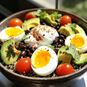 - 1 cup cooked quinoa - 2 large eggs - 1/2 cup black beans, rinsed and drained - 1 small avocado, diced - 1/2 cup cherry tomatoes, halved - 1/4 cup Greek yogurt - 2 tablespoons chopped fresh cilantro - 1 tablespoon fresh lime juice - Salt and freshly ground black pepper to taste - Chili flakes (optional) The ingredients in these breakfast bowls offer a great mix of protein and flavor. Quinoa serves as a solid base. It’s packed with protein and gives you energy. Eggs add more protein and healthy fats. Black beans bring fiber and texture. Avocado adds creaminess and healthy fats. Cherry tomatoes provide sweetness and color. Greek yogurt gives a lovely tang and creaminess. This breakfast bowl is not just tasty; it’s also nutritious. Each serving has about 20 grams of protein. It includes healthy fats from avocado and yogurt. Plus, you get fiber from beans and quinoa. This meal keeps you full and satisfied. - Small pot for boiling eggs - Large mixing bowl for combining ingredients - Spoon for scooping and mixing - Knife for chopping vegetables - Cutting board for safety These tools make cooking easier. A pot helps you boil the eggs perfectly. A mixing bowl allows you to combine all ingredients well. A knife and cutting board help you chop safely and effectively. With these tools, you'll have a smooth cooking experience! To cook the eggs, start by boiling water in a small pot. Once it reaches a rolling boil, gently lower the eggs in with a spoon. Let them cook for 6-7 minutes for that perfect soft-boiled egg. This way, the yolk stays runny and rich. After cooking, move the eggs to a bowl of cold water. This stops the cooking and makes peeling easier. Once cool, peel and slice the eggs in half. If you don’t have cooked quinoa, follow the package instructions. This usually takes around 15 minutes. Rinse the quinoa before cooking for the best taste. After cooking, fluff it with a fork. In a large mixing bowl, combine the fluffy quinoa with black beans, diced avocado, and halved cherry tomatoes. Add lime juice for zest and season with salt and pepper. Be gentle when mixing to keep the avocado intact. Now comes the fun part—assembling your bowls! Start by spooning the quinoa mixture into two serving bowls. This will be your base. Carefully place the sliced eggs on top. Add a dollop of Greek yogurt in the middle for creaminess. Finish with a sprinkle of chopped cilantro for freshness. If you like it spicy, add chili flakes for a kick. Serve right away for a delightful and nutritious breakfast! To make the best quinoa, rinse it first. This removes any bitter taste. Cook it in water at a 1:2 ratio. Bring it to a boil, then lower the heat. Cover it and let it simmer for about 15 minutes. Fluff it with a fork when done. For a perfectly ripe avocado, look for one that feels slightly soft but not mushy. If it’s hard, let it sit at room temperature for a few days. You can speed up ripening by placing it in a brown paper bag with a banana. You can swap quinoa for brown rice or farro for a different taste. If you need a vegan option, replace eggs with tofu or chickpeas. Add nuts or seeds for extra crunch. Try tempeh or chicken for even more protein. To boost protein, consider adding cheese or cottage cheese. You can also add nuts like almonds or walnuts. Each option can enhance the flavor and keep you full longer. Arrange your ingredients in colorful layers. Start with quinoa, then add beans, avocado, and tomatoes. Place the eggs right on top for a nice look. Use a spoon for the yogurt to make it stand out. Using bright colors makes the bowl more appealing. For example, red tomatoes and green avocado create a nice contrast. Garnish with cilantro for a pop of freshness. A sprinkle of chili flakes adds color and zest! {{image_4}} For a vegetarian twist, swap the eggs for other protein sources. Great options include: - Chickpeas: Rinse and use them for a hearty base. - Tofu: Sauté it for added flavor and texture. - Hemp seeds: Sprinkle them for a nutty crunch. You can also boost the veggie content. Try adding: - Spinach: Toss in fresh or sautéed for extra greens. - Bell peppers: They add color and sweetness. - Zucchini: Grate or dice it for a fresh bite. To make this bowl vegan, replace the eggs and Greek yogurt. Here’s how: - Scrambled tofu: This gives a similar texture to eggs. - Vegan yogurt: Use coconut or almond-based options for creaminess. For toppings, consider: - Nuts or seeds: They provide healthy fats and protein. - Avocado: Always a great choice! - Salsa: Add some spice and flavor. Spice things up by adding flavors from around the world. Some ideas include: - Cumin or coriander: They add warmth and depth. - Sriracha or harissa: For a spicy kick. - Soy sauce: A splash can give an Asian twist. You can take inspiration from cultures too. Try: - Mexican: Top with pico de gallo and cilantro. - Mediterranean: Add olives and feta cheese. - Indian: Mix in curry powder and fresh herbs. To keep your breakfast bowls fresh, store them in airtight containers. This helps keep out air and moisture. It’s best to refrigerate them right after serving. Leftovers can last in the fridge for up to three days. Make sure to check for any signs of spoilage before eating. When it’s time to enjoy your leftovers, I suggest reheating in the microwave. Place the bowl in the microwave and heat for about one to two minutes. Stir halfway through to heat evenly. Avoid overcooking; you want to keep the texture and flavor intact. If you prefer, you can also reheat in a small pan on low heat. Preparing these bowls in advance saves time on busy mornings. Cook the quinoa and eggs ahead of time. Store each ingredient separately in the fridge. This way, you can mix and match as you like. Portion out servings into containers for easy grab-and-go meals. It makes breakfast simple and tasty! Yes, you can make these bowls ahead. Cook the quinoa and beans the night before. Store them in the fridge. You can also boil the eggs ahead. Just keep them in cold water until you're ready to eat. When serving, simply reheat the quinoa and beans. Add fresh toppings like avocado and yogurt right before enjoying. If you want options besides eggs, consider using tofu or tempeh. Both are rich in protein. You can also add cottage cheese or chickpeas for protein boosts. Another option is to sprinkle nuts or seeds on top. They add crunch and healthy fats. To serve four, double the ingredients. Use 2 cups of quinoa and 4 eggs. Add 1 cup of black beans, and double the avocado and tomatoes. This makes enough for everyone. You can also mix the ingredients in a large bowl and serve it family-style. Yes, you can lower the carbs by swapping quinoa for cauliflower rice. This keeps the bowl light. You could also reduce the number of beans. Focus more on the eggs and avocado. Adding leafy greens like spinach can also enhance nutrition while keeping carbs low. These breakfast bowls combine health and taste with simple ingredients. We explored each step, from cooking eggs to layering your bowl. I shared tips for perfecting each element and suggested fun variations. Incorporating these bowls into your routine can make mornings enjoyable and healthy. Try customizing your dish with unique flavors that suit your taste. Enjoy nourishing meals that boost your day!