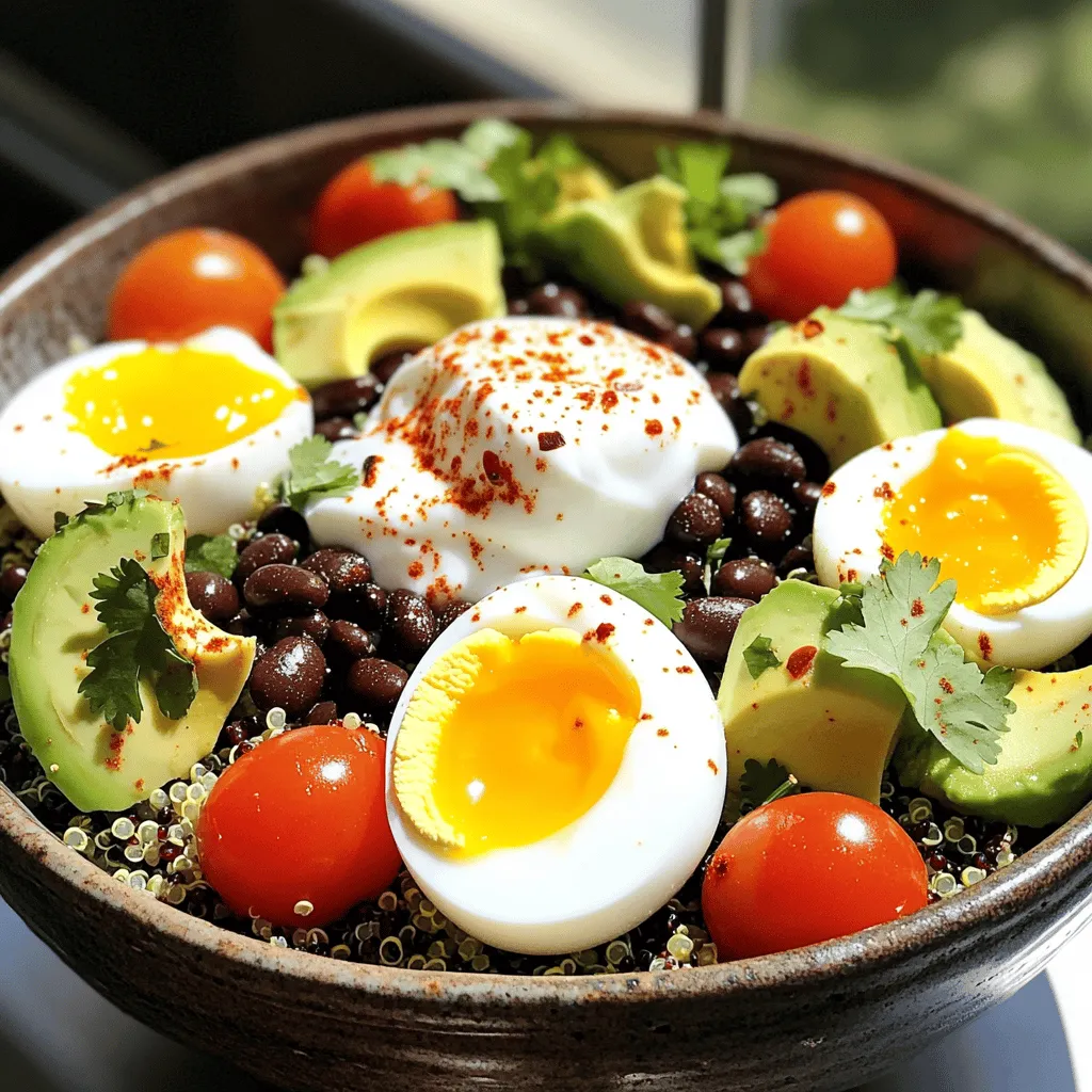 - 1 cup cooked quinoa - 2 large eggs - 1/2 cup black beans, rinsed and drained - 1 small avocado, diced - 1/2 cup cherry tomatoes, halved - 1/4 cup Greek yogurt - 2 tablespoons chopped fresh cilantro - 1 tablespoon fresh lime juice - Salt and freshly ground black pepper to taste - Chili flakes (optional) The ingredients in these breakfast bowls offer a great mix of protein and flavor. Quinoa serves as a solid base. It’s packed with protein and gives you energy. Eggs add more protein and healthy fats. Black beans bring fiber and texture. Avocado adds creaminess and healthy fats. Cherry tomatoes provide sweetness and color. Greek yogurt gives a lovely tang and creaminess. This breakfast bowl is not just tasty; it’s also nutritious. Each serving has about 20 grams of protein. It includes healthy fats from avocado and yogurt. Plus, you get fiber from beans and quinoa. This meal keeps you full and satisfied. - Small pot for boiling eggs - Large mixing bowl for combining ingredients - Spoon for scooping and mixing - Knife for chopping vegetables - Cutting board for safety These tools make cooking easier. A pot helps you boil the eggs perfectly. A mixing bowl allows you to combine all ingredients well. A knife and cutting board help you chop safely and effectively. With these tools, you'll have a smooth cooking experience! To cook the eggs, start by boiling water in a small pot. Once it reaches a rolling boil, gently lower the eggs in with a spoon. Let them cook for 6-7 minutes for that perfect soft-boiled egg. This way, the yolk stays runny and rich. After cooking, move the eggs to a bowl of cold water. This stops the cooking and makes peeling easier. Once cool, peel and slice the eggs in half. If you don’t have cooked quinoa, follow the package instructions. This usually takes around 15 minutes. Rinse the quinoa before cooking for the best taste. After cooking, fluff it with a fork. In a large mixing bowl, combine the fluffy quinoa with black beans, diced avocado, and halved cherry tomatoes. Add lime juice for zest and season with salt and pepper. Be gentle when mixing to keep the avocado intact. Now comes the fun part—assembling your bowls! Start by spooning the quinoa mixture into two serving bowls. This will be your base. Carefully place the sliced eggs on top. Add a dollop of Greek yogurt in the middle for creaminess. Finish with a sprinkle of chopped cilantro for freshness. If you like it spicy, add chili flakes for a kick. Serve right away for a delightful and nutritious breakfast! To make the best quinoa, rinse it first. This removes any bitter taste. Cook it in water at a 1:2 ratio. Bring it to a boil, then lower the heat. Cover it and let it simmer for about 15 minutes. Fluff it with a fork when done. For a perfectly ripe avocado, look for one that feels slightly soft but not mushy. If it’s hard, let it sit at room temperature for a few days. You can speed up ripening by placing it in a brown paper bag with a banana. You can swap quinoa for brown rice or farro for a different taste. If you need a vegan option, replace eggs with tofu or chickpeas. Add nuts or seeds for extra crunch. Try tempeh or chicken for even more protein. To boost protein, consider adding cheese or cottage cheese. You can also add nuts like almonds or walnuts. Each option can enhance the flavor and keep you full longer. Arrange your ingredients in colorful layers. Start with quinoa, then add beans, avocado, and tomatoes. Place the eggs right on top for a nice look. Use a spoon for the yogurt to make it stand out. Using bright colors makes the bowl more appealing. For example, red tomatoes and green avocado create a nice contrast. Garnish with cilantro for a pop of freshness. A sprinkle of chili flakes adds color and zest! {{image_4}} For a vegetarian twist, swap the eggs for other protein sources. Great options include: - Chickpeas: Rinse and use them for a hearty base. - Tofu: Sauté it for added flavor and texture. - Hemp seeds: Sprinkle them for a nutty crunch. You can also boost the veggie content. Try adding: - Spinach: Toss in fresh or sautéed for extra greens. - Bell peppers: They add color and sweetness. - Zucchini: Grate or dice it for a fresh bite. To make this bowl vegan, replace the eggs and Greek yogurt. Here’s how: - Scrambled tofu: This gives a similar texture to eggs. - Vegan yogurt: Use coconut or almond-based options for creaminess. For toppings, consider: - Nuts or seeds: They provide healthy fats and protein. - Avocado: Always a great choice! - Salsa: Add some spice and flavor. Spice things up by adding flavors from around the world. Some ideas include: - Cumin or coriander: They add warmth and depth. - Sriracha or harissa: For a spicy kick. - Soy sauce: A splash can give an Asian twist. You can take inspiration from cultures too. Try: - Mexican: Top with pico de gallo and cilantro. - Mediterranean: Add olives and feta cheese. - Indian: Mix in curry powder and fresh herbs. To keep your breakfast bowls fresh, store them in airtight containers. This helps keep out air and moisture. It’s best to refrigerate them right after serving. Leftovers can last in the fridge for up to three days. Make sure to check for any signs of spoilage before eating. When it’s time to enjoy your leftovers, I suggest reheating in the microwave. Place the bowl in the microwave and heat for about one to two minutes. Stir halfway through to heat evenly. Avoid overcooking; you want to keep the texture and flavor intact. If you prefer, you can also reheat in a small pan on low heat. Preparing these bowls in advance saves time on busy mornings. Cook the quinoa and eggs ahead of time. Store each ingredient separately in the fridge. This way, you can mix and match as you like. Portion out servings into containers for easy grab-and-go meals. It makes breakfast simple and tasty! Yes, you can make these bowls ahead. Cook the quinoa and beans the night before. Store them in the fridge. You can also boil the eggs ahead. Just keep them in cold water until you're ready to eat. When serving, simply reheat the quinoa and beans. Add fresh toppings like avocado and yogurt right before enjoying. If you want options besides eggs, consider using tofu or tempeh. Both are rich in protein. You can also add cottage cheese or chickpeas for protein boosts. Another option is to sprinkle nuts or seeds on top. They add crunch and healthy fats. To serve four, double the ingredients. Use 2 cups of quinoa and 4 eggs. Add 1 cup of black beans, and double the avocado and tomatoes. This makes enough for everyone. You can also mix the ingredients in a large bowl and serve it family-style. Yes, you can lower the carbs by swapping quinoa for cauliflower rice. This keeps the bowl light. You could also reduce the number of beans. Focus more on the eggs and avocado. Adding leafy greens like spinach can also enhance nutrition while keeping carbs low. These breakfast bowls combine health and taste with simple ingredients. We explored each step, from cooking eggs to layering your bowl. I shared tips for perfecting each element and suggested fun variations. Incorporating these bowls into your routine can make mornings enjoyable and healthy. Try customizing your dish with unique flavors that suit your taste. Enjoy nourishing meals that boost your day!