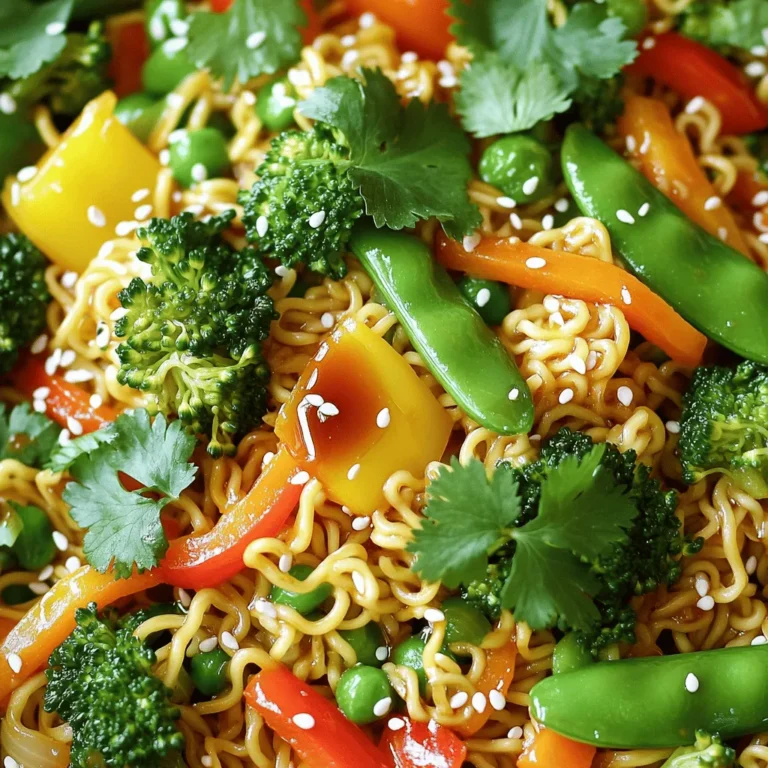 To make the Sweet & Spicy Ramen Stir-Fry, gather these key items: - 2 packs of instant ramen noodles (discard flavor packets) - 1 tablespoon vegetable oil - 1 cup mixed bell peppers, sliced - 1 cup broccoli florets - 1 medium carrot, julienned - 1 cup snap peas - 2 green onions, sliced - 2 cloves garlic, minced - 1 tablespoon fresh ginger, grated - 2 tablespoons soy sauce - 2 tablespoons honey - 1 tablespoon sriracha (adjust to taste) - 1 teaspoon sesame oil You can add these for an extra kick: - Cooked chicken, shrimp, or tofu for protein - Extra sriracha or chili flakes for more spice - Other vegetables like mushrooms or spinach Finish your dish with these fresh touches: - Sesame seeds for crunch - Fresh cilantro for brightness - Lime wedges for a zesty twist Gather these ingredients, and you’re ready to create a delicious and colorful meal! First, cook the ramen noodles. Follow the package instructions. I like to cook them for 1-2 minutes less. This keeps them firm and chewy. Once cooked, drain the noodles and set them aside. Now, let’s get the veggies ready. Slice the bell peppers, chop the broccoli, and julienne the carrot. Also, grab the snap peas and green onions. Mince the garlic and grate the ginger. This mix of colors will make your dish pop! Next, we’ll make the sauce. In a small bowl, measure out the soy sauce, honey, sriracha, and sesame oil. Mix them well. This sauce adds the sweet and spicy kick to your dish. You can adjust the sriracha if you want it hotter. Time to combine everything! Heat a large skillet or wok over medium-high heat. Add vegetable oil and let it shimmer. Sauté the garlic and ginger for about 30 seconds. Then, add the sliced veggies. Stir-fry them for 3-4 minutes until tender but still crisp. Pour the sauce over the veggies and stir well. Gently fold in the cooked ramen noodles. Toss everything until the noodles are heated and coated. Finally, it’s time to serve! Remove the skillet from heat. Transfer your stir-fry to a serving platter. Garnish with sesame seeds and fresh cilantro. This adds a nice touch and bright flavor. Enjoy your colorful, sweet, and spicy ramen stir-fry! To make perfect ramen noodles, cook them just right. Start boiling water and add your noodles. Follow the package instructions but reduce the time by 1-2 minutes. This keeps them firm and chewy. Drain the noodles and set them aside. A trick I use is rinsing them with cold water to stop the cooking process. This helps them stay separate when you add them to the stir-fry. If you like spice, add more sriracha to the sauce. Start with one tablespoon. Taste it and see if you want more heat. For milder flavors, you can leave it out. Honey helps balance the spice, so adjust it to your taste. Remember, you can always add more spice, but it’s hard to take it out! Storing leftovers is easy. Place any extra stir-fry in an airtight container. It stays fresh for about 3 days in the fridge. To reheat, use a microwave or a skillet. Add a bit of water or oil to keep it from drying out. I also like to freeze portions for later. Just make sure to use freezer-safe containers. They can last for about 2 months, making for a quick meal option later! {{image_4}} You can add many proteins to this ramen stir-fry. Options include: - Chicken: Cook bite-sized chicken pieces until golden brown. - Shrimp: Sauté shrimp until pink and tender for a quick boost. - Tofu: Use firm tofu, cubed and sautéed until crispy for a vegan choice. - Beef: Thinly slice beef and cook it fast for a hearty flavor. Adding protein not only enhances taste but also makes the dish more filling. Feel free to swap in your favorite veggies. Here are some ideas: - Spinach: Add fresh spinach leaves for a nutritious boost. - Zucchini: Slice zucchini to add a mild, fresh crunch. - Mushrooms: Use shiitake or button mushrooms for umami depth. - Asparagus: Cut asparagus into pieces for a spring twist. Mixing different veggies keeps the dish fresh and colorful. If you need gluten-free options, consider these: - Gluten-Free Noodles: Look for rice noodles or gluten-free ramen. - Tamari: Substitute soy sauce with tamari for a gluten-free sauce. - Vegetable Broth: Use vegetable broth instead of water for cooking noodles. These swaps help everyone enjoy the sweet and spicy flavors without worry. Store your Sweet & Spicy Ramen Stir-Fry in an airtight container. Let it cool before sealing. Keep it in the fridge for up to three days. This helps keep the flavors fresh and tasty. To reheat, use a skillet or microwave. If using a skillet, add a splash of water. Heat over medium until warm. If using the microwave, cover the bowl with a lid or wrap. Heat in 30-second bursts, stirring in between. This keeps the noodles from getting too dry. You can freeze this stir-fry! Let it cool completely first. Then, transfer it to a freezer-safe container. It can last for about a month in the freezer. To eat, thaw it overnight in the fridge and reheat as mentioned above. Enjoy your meal anytime! Yes, you can use many noodles! Try udon, soba, or rice noodles. Each type adds a unique texture. Just cook them according to package directions. Make sure to adjust the cooking time. This way, your noodles stay firm and delicious. Yes, this recipe is mostly vegetarian. The main ingredients are vegetables and noodles. Just check the soy sauce for any non-vegetarian additives. You can swap soy sauce with a plant-based option if needed. This makes it a great choice for vegetarians. To adjust spice, play with the sriracha. Add more for heat, or use less for mild. You can also add fresh chili peppers for extra kick. If you prefer milder flavors, try using sweet chili sauce instead. You can pair this dish with various sides. A simple cucumber salad works well. You might also enjoy spring rolls or dumplings. They add crunch and flavor to your meal. For a drink, try iced tea or a light soda. These choices make your meal complete and enjoyable. This blog post covered how to make a tasty Sweet & Spicy Ramen Stir-Fry. We explored the key ingredients, step-by-step cooking, useful tips, and fun variations. You can make it your own with protein and veggie swaps. Remember, storage tips help keep leftovers fresh. Embrace your creativity and adjust flavors to suit your taste. Enjoy making this dish again and again! Your kitchen journey starts now.