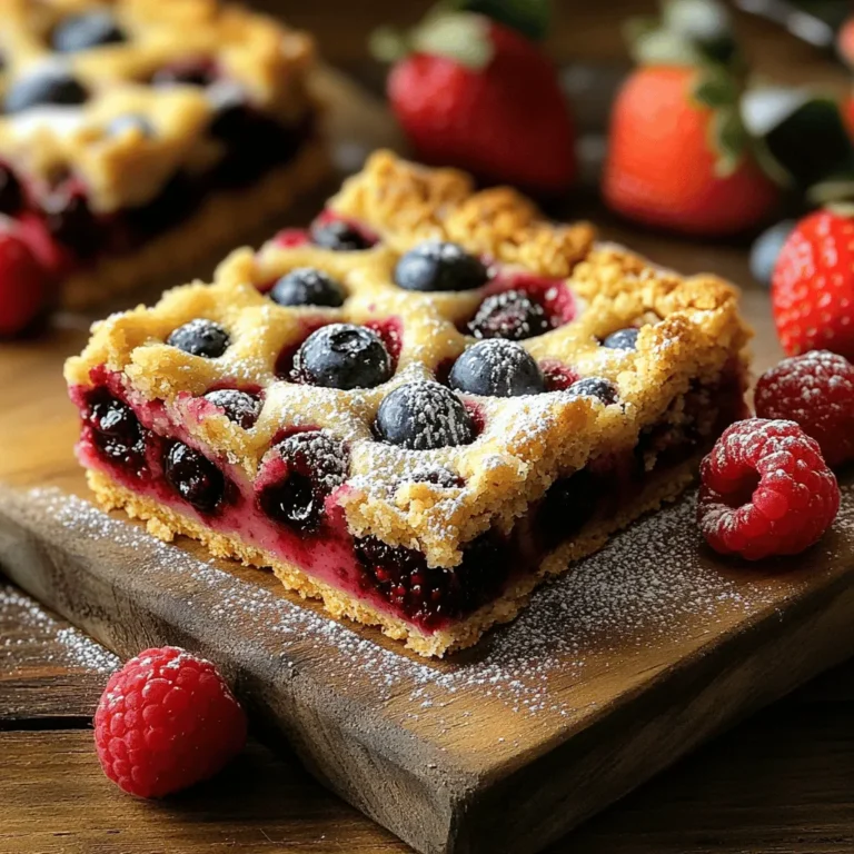 To make these tasty crumble bars, gather these key ingredients: - 1 cup all-purpose flour - 1 cup rolled oats - 1/2 cup packed brown sugar - 1/2 cup granulated sugar - 1/2 cup unsalted butter, melted and slightly cooled - 1/2 teaspoon baking powder - 1/4 teaspoon sea salt For the berry filling, I love using a mix of berries. You can pick: - Blueberries - Strawberries - Raspberries Fresh berries taste great, but frozen berries work too. When using frozen berries, they may release more juice. This can make the bars a bit softer but still delicious. To boost flavor, consider adding: - 1 tablespoon fresh lemon juice - 1 teaspoon pure vanilla extract These add a bright taste. The lemon juice balances the sweetness of the berries. The vanilla enhances the overall flavor. First, preheat your oven to 350°F (175°C). This helps the bars bake evenly. While the oven heats, grease a 9x9-inch baking pan. You can also line it with parchment paper. Make sure some paper hangs over the edges. This will help you lift the bars out later. In a large bowl, mix the dry ingredients. Combine 1 cup of all-purpose flour, 1 cup of rolled oats, ½ cup of packed brown sugar, ½ cup of granulated sugar, ½ teaspoon of baking powder, and ¼ teaspoon of sea salt. Pour in ½ cup of melted butter. Stir this mixture with a spatula until it looks like coarse crumbs. Some pieces can be larger for texture. In a separate bowl, take 1 cup of mixed berries. You can use blueberries, strawberries, and raspberries. Add 1 tablespoon of cornstarch, 1 tablespoon of fresh lemon juice, and 1 teaspoon of pure vanilla extract. Gently toss the berries with these ingredients. Make sure each berry gets coated well. This step helps thicken the berry juices while baking. Now it’s time to put everything together! Press about 2 cups of the crumb mixture into the bottom of your prepared pan. Spread it evenly across the base. Next, pour the berry mixture over the crust. Use a spatula to spread it out evenly. Finally, sprinkle the reserved crumb mixture on top of the berries. This will create a lovely crumble topping. Place the pan in your preheated oven. Bake for 30-35 minutes. Look for a golden brown topping and bubbling edges. These are signs that your bars are done. Once baked, take the pan out of the oven. Let it cool for at least 15 minutes. This cooling time is key before slicing the bars. After cooling, lift the bars out using the parchment paper. Place them on a wire rack to cool completely. For a beautiful presentation, serve the bars on a rustic wooden board. Dust with powdered sugar and arrange fresh berries around them for a pop of color. To make the best crumble, butter temperature is key. Use unsalted butter that is melted and slightly cooled. This ensures your crumble is tender and not too greasy. When mixing your crumble ingredients, work quickly. Combine the flour, oats, sugars, baking powder, and salt in a bowl. Pour in the melted butter and stir gently. Stop when the mixture looks like coarse crumbs. You want some larger clumps for texture. To prevent soggy bars, use cornstarch. It thickens the berry juices. Mix the berries with lemon juice and cornstarch before adding them to the base. This will keep your crust nice and firm. Adjust sweetness based on the berries you choose. If your berries are tart, add a little more sugar. Taste the mix before you pour it over the crust. This way, you control the flavor. Pair these crumble bars with drinks like tea, coffee, or lemonade. They make a great afternoon snack. These bars are perfect for gatherings or picnics. They fit well at birthday parties or holiday events. You can easily serve them on a rustic wooden board. Dust with powdered sugar and add fresh berries for a lovely display. {{image_4}} You can change the fruit in your crumble bars based on the season. Fresh peaches, apples, or even cherries work great. You can use only one type of fruit, like just blueberries or just strawberries. This makes it simple and fun to try new flavors every time. If you want a healthier version, try gluten-free flour. Almond flour or oat flour are great options. You can also reduce the sugar. Use a sugar substitute like honey or maple syrup. This way, you keep the yummy taste while making it a bit better for you. Spices can really elevate your bars. Add a sprinkle of cinnamon or nutmeg to the crumble. It gives a warm, cozy taste. You can also throw in some nuts for crunch, or mix in chocolate chips for a sweet twist. This lets you customize your bars to fit your mood! To keep your crumble bars fresh, store them in an airtight container. This method prevents them from drying out. Place parchment paper between layers if stacking. Keep the container in a cool, dry place. The ideal storage temperature is room temperature, around 70°F (21°C). To freeze your crumble bars, first let them cool completely. Cut them into squares. Wrap each square tightly in plastic wrap. Then, place the wrapped bars in a freezer-safe bag. Make sure to remove excess air. For thawing, leave them in the fridge overnight or at room temperature for a few hours. To reheat, warm them in the oven at 350°F (175°C) for about 10 minutes. In the refrigerator, these bars last about five days. You’ll know they have gone bad if you see mold or they smell off. If the texture becomes very dry, it’s time to toss them. Always trust your senses when checking for freshness. Yes, you can use frozen berries. They can still taste great! Pros of using frozen berries: - Frozen berries are often picked at peak ripeness, so they can be very sweet. - They are available year-round and save you a trip to the store. Cons of using frozen berries: - Frozen berries can release more juice. This may make the bars a bit soggy. - They may not hold their shape as well during baking. To minimize sogginess, try to thaw and drain the berries before using them. This helps keep the texture nice. You can easily adjust the sweetness in this recipe. To make the bars sweeter: - Add more granulated or brown sugar to the mixture. - Consider using sweeteners like honey or maple syrup. To reduce sweetness: - Cut back on the sugars. Start by lowering each type by a couple of tablespoons. - You can also use unsweetened applesauce as a natural sweetener. Always taste the berry mixture before adding it to the crust. This helps ensure the right level of sweetness. Cutting the bars neatly can be tricky. Here are some tips: - Let the bars cool completely before cutting. This helps firm them up. - Use a sharp knife for clean cuts. A dull knife will just squish the bars. - Wipe the knife with a damp cloth after each cut. This keeps the edges clean. If they crumble a bit, don't worry! They will still taste amazing. Enjoy every bite! In this post, we explored how to make delicious crumble bars with berries. We covered essential ingredients, step-by-step instructions, and helpful tips for perfecting your bars. You learned about berry selection and optional flavor enhancers. With variations and storage tips, you're set for success. Now it’s your turn to create these tasty treats. Enjoy the process and share them with friends! Happy baking!