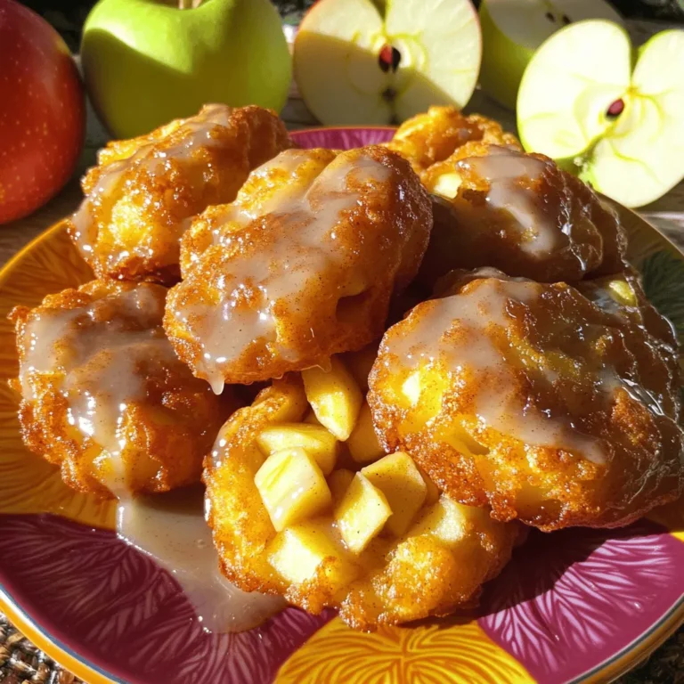 To make oven-baked apple fritters, you need the following items: - 2 large apples, peeled and diced into small pieces - 1 cup all-purpose flour - 1/2 cup granulated sugar, plus extra for dusting - 1 teaspoon baking powder - 1/2 teaspoon ground cinnamon - 1/4 teaspoon ground nutmeg - 1/4 teaspoon salt - 1/2 cup unsweetened applesauce - 1/4 cup milk (dairy or plant-based) - 1 large egg, beaten - 1 teaspoon vanilla extract - 1/4 cup powdered sugar (for glaze) - 1 tablespoon milk (for glaze) - A sprinkle of cinnamon for optional dusting You can add a few items to boost flavor: - Chopped nuts like walnuts or pecans for crunch - Raisins or dried cranberries for sweetness - Lemon zest for a fresh, zesty kick If you lack some ingredients, here are swaps: - Use whole wheat flour instead of all-purpose for a healthier twist. - Swap granulated sugar with brown sugar for deeper flavor. - Use flaxseed meal mixed with water instead of the egg for a vegan option. - Unsweetened almond milk can replace dairy milk for a plant-based choice. Start by preheating your oven to 375°F (190°C). Next, line a baking sheet with parchment paper. This step helps prevent sticking later. In a large bowl, add the following dry ingredients: - 1 cup all-purpose flour - 1/2 cup granulated sugar - 1 teaspoon baking powder - 1/2 teaspoon ground cinnamon - 1/4 teaspoon ground nutmeg - 1/4 teaspoon salt Whisk these together well. This makes the mixture fluffy and ensures even flavor. In another bowl, combine: - 1/2 cup unsweetened applesauce - 1/4 cup milk (dairy or plant-based) - 1 large beaten egg - 1 teaspoon vanilla extract Mix these until smooth. This blend adds moisture and flavor to your fritters. Now, pour the wet mixture into the dry ingredients. Use a spatula to fold them together gently. Do not overmix; this keeps the fritters light. Then, fold in: - 2 large apples, peeled and diced Make sure the apple pieces are evenly mixed in. Next, scoop about 2 tablespoons of batter onto your baking sheet. Shape each fritter to be about 2 inches wide and 1 inch thick. Leave space between them for baking. Bake in the preheated oven for 15-20 minutes. They should turn golden brown. Use a toothpick to check if they are done; it should come out clean. While the fritters bake, prepare the glaze. In a small bowl, mix: - 1/4 cup powdered sugar - 1 tablespoon milk Stir this until it is smooth. If needed, add more milk for your desired thickness. Once the fritters cool slightly, drizzle the glaze over them. For a fun touch, sprinkle some cinnamon on top. To make the best oven-baked apple fritters, I recommend a few key steps. First, don’t overmix the batter. When you combine the wet and dry ingredients, mix just until they come together. This keeps the fritters fluffy. Second, try to use fresh apples. They add great flavor and moisture. I suggest using a mix of sweet and tart apples for balance. Lastly, shape your fritters neatly. Aim for about 2 inches wide and 1 inch thick. This helps them bake evenly. If you want sweeter fritters, add more granulated sugar to the batter. You can also sprinkle extra sugar on top after baking. For a flavor boost, try adding a bit of vanilla extract or even almond extract to the wet mix. Ground ginger or cloves can also spice things up. Just remember, a little goes a long way. Adjust to your taste, and don’t be afraid to experiment! If you have fritters left over, store them in an airtight container. They will keep well at room temperature for a day. For longer storage, place them in the fridge. They should last for about three days. To reheat, pop them back in the oven at 350°F (175°C) for about 5-7 minutes. This keeps them warm and slightly crispy. You can also freeze fritters for up to a month. Just thaw them overnight in the fridge before reheating. {{image_4}} You can make oven-baked apple fritters even tastier by adding nuts or dried fruits. Chopped walnuts or pecans give a nice crunch. Dried cranberries or raisins add a sweet, chewy texture. Just add about 1/2 cup of your choice to the batter when you fold in the diced apples. This adds flavor and makes each bite special. The glaze can change the whole vibe of your fritters. Instead of just powdered sugar and milk, try a maple syrup glaze. Mix 1/4 cup of maple syrup with 1 tablespoon of milk for a sweet twist. You can even make a chocolate glaze by melting chocolate and mixing it with a bit of milk. These options will let you customize your fritters for any occasion. Adding extracts or zests can give your fritters a unique taste. A teaspoon of almond extract adds a sweet, nutty flavor. Lemon or orange zest brightens the fritters and adds freshness. Just remember to adjust the amounts based on your taste. This small change can make a big difference in the final dish. To keep your oven-baked apple fritters fresh, store them in an airtight container. Line the container with a paper towel to absorb extra moisture. This step helps maintain their texture and taste. Place the fritters in a single layer, if possible. If you have many fritters, use parchment paper between layers. Stored this way, they can last for up to three days on your kitchen counter. When you want to enjoy your fritters again, reheating is simple. Preheat your oven to 350°F (175°C). Place the fritters on a baking sheet. Bake them for about 5 to 10 minutes. This method keeps them warm and restores their crispy edges. You can also use a microwave if you're in a hurry. Heat each fritter for about 15 to 20 seconds. However, this may make them a bit soft. If you want to save fritters for later, freezing is a great option. Let the fritters cool completely first. Then, wrap each fritter in plastic wrap. Place them in a freezer-safe bag or container. They can stay frozen for up to three months. When you're ready to eat them, thaw in the fridge overnight. Then, reheat in the oven for the best results. Enjoy your fritters anytime! To make oven-baked apple fritters, start by preheating your oven to 375°F (190°C). Line a baking sheet with parchment paper. In a bowl, mix flour, sugar, baking powder, cinnamon, nutmeg, and salt. In another bowl, combine applesauce, milk, egg, and vanilla. Pour the wet mix into the dry mix and stir gently. Fold in diced apples. Scoop the batter onto the baking sheet, forming fritters. Bake for 15-20 minutes until golden. Drizzle with glaze made from powdered sugar and milk. Yes, you can use different types of apples. Each apple adds unique taste. Sweet apples like Fuji or Gala provide a nice flavor. Tart apples like Granny Smith add a bit of zing. Feel free to mix types for a fun twist. Yes, these fritters are healthier. Baking uses less oil than frying, cutting down on fat. You still get a tasty treat without the extra calories from frying. Plus, using applesauce adds moisture and sweetness without added sugar. To check if your fritters are done, look for a golden-brown color. Insert a toothpick into the center of a fritter. If it comes out clean, they are ready. If it has wet batter, bake them a few more minutes. Yes, you can make these fritters dairy-free. Simply use a plant-based milk like almond or oat milk. You can also use dairy-free butter if you want a richer flavor. Enjoy delicious fritters that fit your dietary needs! You learned how to make tasty apple fritters. We covered key ingredients and flavors. I shared tips for baking and storing leftovers. You now know fun variations, like adding nuts and different glazes. These fritters are easier and healthier than fried versions. Enjoy making these treats! They will impress friends and family.