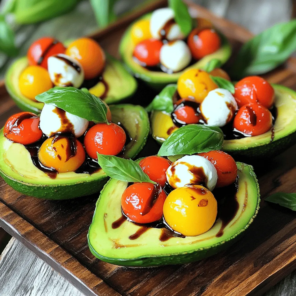 - 2 ripe avocados - 1 cup cherry tomatoes, halved - 1 cup fresh mozzarella balls (bocconcini), halved - ¼ cup fresh basil leaves, finely chopped - 2 tablespoons balsamic glaze - 1 tablespoon extra virgin olive oil - Sea salt and freshly cracked black pepper For Caprese stuffed avocados, fresh and quality ingredients matter. The ripe avocados serve as the creamy base for our dish. I pick avocados that yield slightly when pressed, showing they are ready. Next, I choose sweet cherry tomatoes. Halving them brings out their juicy goodness. The fresh mozzarella balls add a delightful creaminess, while the basil adds a burst of flavor. Balsamic glaze gives a sweet tang that ties everything together. Extra virgin olive oil adds richness. Finally, I season with sea salt and black pepper to enhance all the flavors. Each ingredient plays a key role in making this dish delicious and fresh. To start, slice the ripe avocados in half lengthwise. Hold the avocado steady and cut down to the pit. Rotate your knife around the pit to create two halves. Next, carefully remove the pit with a spoon or knife. If you want more filling, scoop out a small amount of the flesh to enlarge the cavity. This extra space lets you add more delicious Caprese mixture. Set the avocado halves aside on a plate. In a mixing bowl, combine one cup of halved cherry tomatoes, one cup of halved fresh mozzarella balls, and ¼ cup of finely chopped fresh basil. This colorful mix brings the dish to life. Drizzle two tablespoons of balsamic glaze and one tablespoon of extra virgin olive oil over the mixture. Season it with sea salt and freshly cracked black pepper. Gently fold the ingredients together until they are well mixed. This allows all the flavors to blend nicely. Now it's time to fill the avocado halves. Use a spoon to scoop out the Caprese mixture and place it into each avocado half. Make sure each half is overflowing with the vibrant mix. For a finishing touch, drizzle any remaining balsamic glaze over the stuffed avocados. This adds an extra burst of flavor and makes them look great. If you like, you can also place whole basil leaves on top for a pop of fresh color. Enjoy this delightful dish! To make Caprese stuffed avocados, you need ripe avocados. Here’s how to choose them: - Ripeness guide: Gently squeeze the avocado. It should feel slightly soft but not mushy. If it’s hard, leave it to ripen for a few days. If it’s too soft, it might be overripe. - Tips for selecting ingredients: Choose avocados that have a rich, dark green color. Ideal avocados are firm but yield to gentle pressure. If you see any dark spots, avoid those. Serving your dish well makes it more enjoyable. Here are some ideas to make your Caprese stuffed avocados look great: - Serving suggestions: Use a beautiful serving platter. Place the stuffed avocados on it, making them the star of the show. - How to enhance visuals with garnishes: Drizzle extra virgin olive oil and balsamic glaze around the platter. Scatter whole basil leaves around the avocados for a pop of color. This not only looks nice but adds aroma too. {{image_4}} You can have fun by changing the cheese in this dish. Mozzarella is classic, but you can try feta or goat cheese. Both add a unique flavor. If you want a creamier taste, use burrata. Substituting tomatoes is another great idea. Instead of cherry tomatoes, try bell peppers or cucumbers. You can also mix in some roasted red peppers for a smoky twist. These swaps keep the dish fresh and exciting. If you follow a vegan diet, you can easily adapt this recipe. Swap mozzarella for vegan cheese or add avocado to boost creaminess. Use a balsamic reduction made from plant-based ingredients. For those on a low-carb diet, skip the tomatoes or use fewer. You can fill the avocados with just cheese and basil. This keeps the dish light while still being full of flavor. Store leftovers in an airtight container. This keeps them fresh longer. You can also wrap each avocado half tightly in plastic wrap. Keep them in the fridge for up to two days. To maintain freshness, add a bit of extra lime juice. This helps slow browning. Avoid stacking avocados to prevent bruising. Can you freeze stuffed avocados? No, it’s best not to freeze them. The texture will change and become mushy. Instead, make the filling and freeze it. You can then stuff fresh avocados when ready to eat. For reheating thawed filling, place it in a microwave-safe dish. Heat for 30 seconds. Stir and check if it’s warm enough. If not, heat in 10-second bursts. Enjoy your fresh Caprese flavors! Yes, you can prepare these avocados ahead of time. I suggest making the Caprese mixture a few hours before serving. Store the filling in the fridge to keep it fresh. However, wait to fill the avocados until just before serving. This way, the avocado stays bright and green, not brown. If you have leftovers, you can keep them in an airtight container for one day. Just remember that the texture may change slightly. If you don’t have balsamic glaze, you can use balsamic vinegar instead. Just drizzle a bit over the filling. You can also try a lemon vinaigrette for a zesty twist. Another option is to use a store-bought dressing, like Italian or pesto. Each of these choices adds a different flavor, so feel free to mix it up! Caprese stuffed avocados are great for many occasions. They shine as an appetizer at dinner parties or BBQs. You could also serve them as a light lunch or a side dish. Pair them with crusty bread or a light salad to complete the meal. For an extra touch, drizzle olive oil and balsamic glaze around the platter for a beautiful display. Don't forget to add whole basil leaves for a pop of color! These Caprese Stuffed Avocados are easy to make and tasty. You can fill ripe avocados with a mix of fresh tomatoes, mozzarella, and basil. Remember to choose the best avocados for great flavor. Use balsamic glaze for a delicious finish. Feel free to try different ingredients to suit your taste. With these tips, you can impress your guests or enjoy a healthy meal. Keep leftovers fresh in the fridge. Happy cooking!
