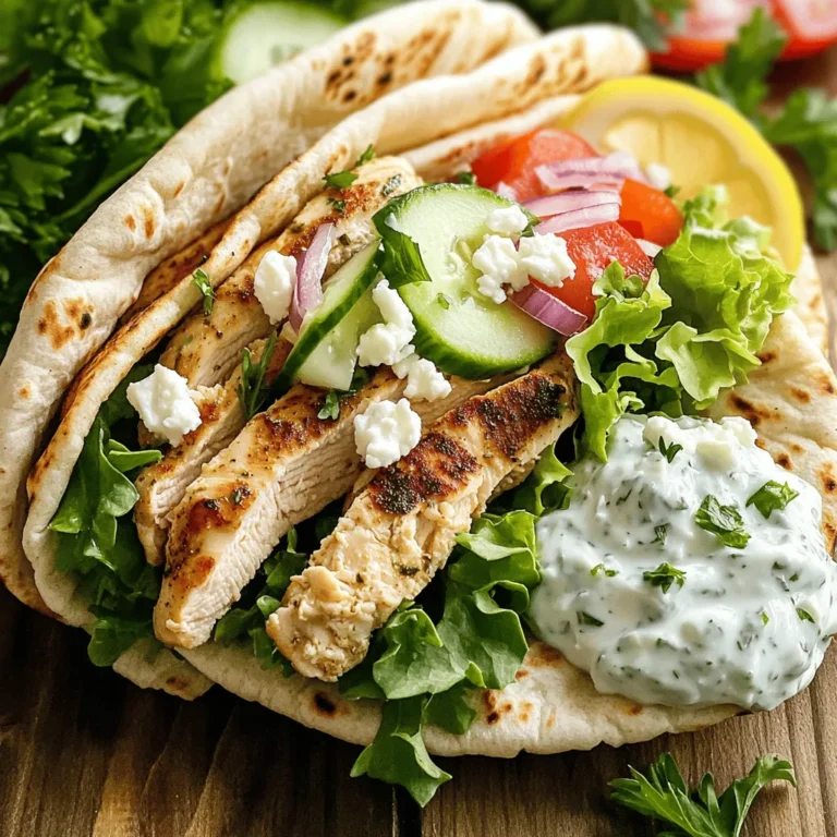 Gather these key items for your gyros: - 2 boneless, skinless chicken breasts, thinly sliced - 2 tablespoons extra virgin olive oil - 1 tablespoon fresh lemon juice - 1 teaspoon dried oregano - 1 teaspoon garlic powder - Salt and freshly cracked black pepper to taste - 4 large pita breads or wrap bread - 1 cup creamy tzatziki sauce - 1 cup romaine lettuce, finely shredded - 1 medium ripe tomato, diced - ½ cucumber, thinly sliced - ¼ red onion, finely sliced These ingredients blend to create a fresh and tasty meal. To boost taste and texture, consider adding: - Feta cheese, crumbled - Fresh dill or parsley for garnish These extras make your gyros even more special. You can also whip up a simple tzatziki sauce with: - 1 cup Greek yogurt - 1 medium cucumber, grated - 1-2 cloves garlic, minced - 1 tablespoon fresh dill, chopped - Salt and pepper to taste Tzatziki adds a creamy, tangy kick to your wraps. Start by making the marinade. In a medium bowl, mix 2 tablespoons of olive oil, 1 tablespoon of lemon juice, 1 teaspoon of dried oregano, and 1 teaspoon of garlic powder. Add salt and pepper to taste. Next, add the thinly sliced chicken breasts to the bowl. Stir well to coat each piece. Cover the bowl with plastic wrap, then place it in the fridge. Let the chicken marinate for at least 30 minutes. This step helps the chicken soak up all the great flavors. After marinating, heat a non-stick skillet over medium-high heat. Once it's hot, add the marinated chicken slices in a single layer. Cook them for about 6 to 8 minutes. Make sure to turn them occasionally so they cook evenly. You want the chicken to be golden brown and fully cooked through. When done, remove the chicken from the skillet and set it aside. Next, warm the pita breads. Take a dry skillet and heat it over medium heat. Place the pita breads in the skillet for about 1 to 2 minutes on each side. You want them to be soft and pliable. This makes it easier to fold the gyros later. Now it’s time to put everything together. Take a warm pita and spread a good amount of tzatziki sauce in the center. Next, layer the cooked chicken on top. Add a handful of shredded romaine lettuce, diced tomatoes, cucumber slices, and red onion. If you like, sprinkle some crumbled feta cheese on top for extra taste. To wrap the gyro, fold the pita in half, enclosing all the yummy filling. To make serving easier, wrap the open end with parchment paper or foil. This keeps the gyro intact. Serve your Greek chicken gyros right away for the best flavor and texture. Enjoy this quick and flavorful meal! To make the chicken tasty, marinate it well. Use a medium bowl to mix: - 2 tablespoons extra virgin olive oil - 1 tablespoon fresh lemon juice - 1 teaspoon dried oregano - 1 teaspoon garlic powder - Salt and freshly cracked black pepper Add the sliced chicken and coat it well. Cover the bowl and chill for at least 30 minutes. This helps the flavors soak in. If you can marinate longer, like 2 hours or overnight, that’s even better. When cooking chicken, heat your skillet first on medium-high. This step helps brown the chicken. Add the marinated slices in one layer. Cook for about 6-8 minutes. Turn the chicken often to cook evenly. Look for a golden brown color and ensure it is fully cooked. Use a meat thermometer to check. The chicken should reach 165°F for safety. Warm pita bread to make it soft and easy to fold. Use a dry skillet over medium heat. Heat each pita for 1-2 minutes on both sides. This step makes your wraps more enjoyable. Soft pitas will hold the filling better. If you like, you can also toast the pita for a crispy touch. {{image_4}} If you want to make a vegetarian gyro, use grilled vegetables. Try zucchini, bell peppers, and eggplant. You can also use marinated tofu or tempeh for a protein boost. For a vegan option, skip the feta cheese and tzatziki. Instead, blend cashews with garlic, lemon juice, and herbs for a creamy spread. Chicken is great, but other proteins work well too. You can swap chicken for lamb or beef if you prefer red meat. Shrimp is another tasty choice; just grill it quickly for a light meal. For a plant-based option, consider chickpeas. Roasted chickpeas add a nice crunch and flavor. You can easily swap ingredients to match your taste. Instead of romaine lettuce, use spinach or arugula for a peppery kick. If you don’t have fresh dill, parsley or mint will add a fresh flavor. Switch out the tomato for roasted red peppers for a sweet touch. You can even use whole wheat pita for more fiber. Store your leftover chicken gyros in an airtight container. This keeps them fresh for about 3 days in the fridge. If you have extra tzatziki sauce, store that separately. Make sure to cover it well to prevent it from absorbing smells. You can freeze the cooked chicken separately. Place it in a freezer bag and remove as much air as you can. It lasts about 3 months in the freezer. When ready to eat, thaw it in the fridge overnight before reheating. Do not freeze the assembled gyros, as the pita will become soggy. To reheat, warm the chicken in a skillet over low heat. This keeps it juicy. You can also microwave it for about 1 minute, but watch it closely. If you have leftover pita bread, warm it in a dry skillet for a minute on each side. This way, it stays soft and tasty. Enjoy your gyros fresh and hot! You can serve Greek chicken gyros with a few tasty sides. I love pairing them with a fresh Greek salad. A simple salad with cucumbers, tomatoes, olives, and feta works great. You can also add crispy roasted potatoes or a side of hummus with pita chips. These sides keep the meal light and flavorful. Yes, you can prepare parts of the gyros ahead of time. Marinate the chicken earlier in the day or even the night before. Cook the chicken and store it in the fridge for up to two days. Warm it up when you are ready to assemble the gyros. You can also slice the veggies in advance. Just keep them in an airtight container. Making tzatziki sauce is easy! You need just a few ingredients. Combine 1 cup of Greek yogurt, 1 grated cucumber, 1 tablespoon of olive oil, 1 tablespoon of fresh lemon juice, and 1 minced garlic clove. Mix well and season with salt and pepper. Let it chill in the fridge for at least 30 minutes. This allows the flavors to meld. Yes, there are gluten-free pita bread options available. Look for brands that make gluten-free wraps or pita. You can also use lettuce leaves instead of bread for a lighter option. This way, you still get the same great flavors without gluten. Greek chicken gyros are tasty and easy to make. We covered the main and optional ingredients, along with tzatziki sauce. I shared step-by-step instructions for marinating, cooking, and wrapping the gyros. Tips helped ensure perfect chicken and pita preparation. Variations allow for vegetarian options and ingredient swaps. Lastly, we discussed storage and reheating tips to enjoy gyros later. Now you can create your own delicious Greek chicken gyros. Enjoy the process and share this tasty dish with others!