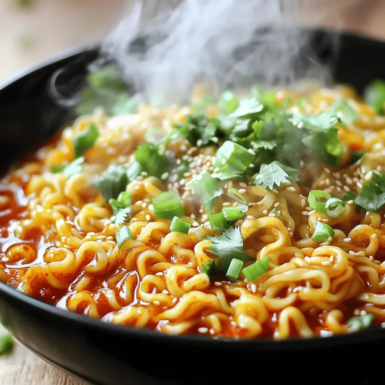 - 200g instant noodles - 3 tablespoons vegetable oil - 4 cloves garlic, minced - 1-2 red chilies, finely sliced The heart of Minute Spicy Garlic Chili Noodles lies in these main ingredients. Instant noodles are quick and easy to cook, making them the perfect base. Vegetable oil gives a rich flavor and helps the garlic and chilies sauté well. Garlic adds a fragrant touch, while red chilies bring the heat. Adjust the amount of chilies to match your spice level. - 2 tablespoons soy sauce - 1 tablespoon chili paste (like sambal oelek) - 1 tablespoon honey or maple syrup These sauces and sweeteners create a deliciously balanced sauce. Soy sauce adds a savory depth. Chili paste enhances the heat and flavor, while honey or maple syrup adds a hint of sweetness to balance the spice. This mix makes every bite exciting. - 1 green onion, chopped (for garnish) - Sesame seeds (for garnish) - Fresh cilantro (optional, for garnish) Garnishes elevate your dish. Chopped green onion adds a fresh crunch. Sesame seeds give a nutty flavor and nice texture. Fresh cilantro can bring brightness, but it’s optional. Garnishing not only looks good but also adds extra flavor to your meal. To start, fill a medium pot with water and bring it to a boil. This is key for cooking your noodles just right. Once the water bubbles, add 200g of instant noodles. Follow the package instructions for cooking time, which is usually about 3-5 minutes. After they are cooked, drain the noodles but save about 1/4 cup of that water. This saved water helps to make your sauce perfect later. Next, grab a large skillet or frying pan. Set it on medium heat and add 3 tablespoons of vegetable oil. Let the oil heat up a bit. Once hot, toss in 4 minced garlic cloves and 1-2 finely sliced red chilies. Sauté them for 1-2 minutes. Stir often until the garlic smells great and turns slightly golden. Be careful; you don’t want to burn it, as that can make your dish taste bitter. Now it’s time to mix everything. Add the drained noodles to the skillet with the garlic and chili oil. Pour in 2 tablespoons of soy sauce, 1 tablespoon of chili paste, and 1 tablespoon of honey or maple syrup. Use tongs or chopsticks to toss the noodles well. If it looks too dry, add a splash of the reserved noodle water. Stir-fry for another 2-3 minutes to heat everything through. Once it’s well combined, take the skillet off the heat. Plate the noodles on serving dishes. For the final touches, sprinkle chopped green onion, sesame seeds, and fresh cilantro if you like. Now, your Minute Spicy Garlic Chili Noodles are ready to enjoy! - Perfecting the garlic sauté: Heat your oil over medium heat. Once hot, add the minced garlic and red chilies. Stir often for 1-2 minutes. The goal is a fragrant and golden garlic. Watch closely! Burnt garlic can ruin your dish. - Avoiding overcooked noodles: Follow the package directions for cooking time. Instant noodles usually take 3-5 minutes. Drain them right away to stop the cooking. Remember to save some of that noodle water! - Balancing spice levels: Taste your dish as you cook. If it’s too spicy, add more honey or maple syrup. This will help balance the heat. If you like it spicy, add more chilies or chili paste. - Alternative sweeteners: You can swap honey with maple syrup or agave nectar. Both options add sweetness. Choose what you have on hand. - Best skillet/pan types: A non-stick skillet works great for this recipe. It helps prevent sticking and burning. A cast iron skillet can also add nice flavor. - Recommended utensils for tossing: Use tongs or chopsticks when mixing the noodles. They make it easier to coat the noodles in sauce. You’ll get a perfect mix every time! {{image_4}} You can easily make these noodles vegan. Just swap honey for maple syrup. Maple syrup adds sweetness without any animal products. You can also add more veggies to boost nutrition. Try bell peppers, snap peas, or broccoli. These will add color and crunch! Want more protein? You can add cooked chicken or shrimp. Simply sauté them before adding the garlic and chili mixture. If you prefer plant-based options, use tofu or tempeh. Cook them until golden, then mix them in with the noodles. This will give your dish a hearty feel. If you like less heat, use fewer red chilies. You can also try different chili types, like jalapeños or poblano peppers. These can give flavor without too much spice. Adjust the chili paste as needed, too. This way, everyone can enjoy their bowl of noodles just the way they like it! To store leftovers, let the noodles cool first. Place them in an airtight container. This helps keep them fresh. Use a container made of glass or BPA-free plastic. These options work well for storing food. The best way to reheat these noodles is on the stove. Add a splash of water to the skillet. This keeps the noodles moist. Heat them on low, stirring gently. You can also use a microwave. Just cover the bowl with a damp paper towel. This will help steam the noodles and keep them from drying out. You can freeze these noodles, but some care is needed. It's best to freeze the noodles without sauce. This keeps the texture better. To freeze, place the cooled noodles in a freezer-safe bag. Remove as much air as possible before sealing. For best taste, use them within a month. When ready to eat, thaw them overnight in the fridge. Reheat as mentioned above for a quick meal. To make chili paste, combine red chilies, garlic, and oil. You can add salt for flavor too. Blend these ingredients until smooth. You can adjust the heat by adding more or fewer chilies. This paste works great in many dishes! Yes, you can use any noodles you like! Rice noodles, udon, or even whole wheat noodles all work well. Just cook them as per the package directions. Each type brings a different texture and taste. These noodles pair well with many dishes. You could serve them with grilled chicken, shrimp, or tofu for protein. A fresh salad on the side adds crunch. You might also enjoy them with steamed veggies for a colorful plate. These noodles can be quite spicy depending on the chilies you use. You can adjust the spice by using fewer chilies or adding more honey. If you want less heat, remove the seeds from the chilies before slicing. Yes, these noodles are great for meal prep! You can cook a large batch and store them in the fridge. Just keep the noodles and sauce separate to prevent sogginess. Reheat them with a little water for the best texture. You now know how to make spicy garlic chili noodles. We covered the main ingredients, sauces, and garnishes. You learned step-by-step cooking, along with tips to avoid mistakes. We discussed tasty variations and storage tips too. These noodles are easy to make and full of flavor. Don't hesitate to experiment with spices or proteins. Enjoy your meal, and share this recipe with friends. Happy cooking!