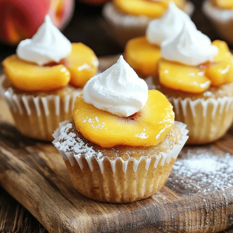 To make the best mini peach upside down cupcakes, choose a ripe peach. Look for peaches that are slightly soft and fragrant. The skin should have a nice color. Peeling the peach is simple. Use a sharp knife to cut around the peach. Then, gently peel off the skin. For an even slice, cut the peach into thin pieces. Aim for around 1/4 inch thick. This helps the peach cook evenly in the cupcakes. For the dry ingredients, you will need: - 1 cup all-purpose flour - 1/2 teaspoon baking powder - 1/4 teaspoon baking soda - 1/4 teaspoon salt These ingredients help create a light and fluffy base for your cupcakes. The wet ingredients include: - 1/4 cup unsalted butter, melted - 1/2 cup packed brown sugar - 1/2 cup granulated sugar - 1 large egg, at room temperature - 1/2 cup milk, at room temperature - 1 teaspoon pure vanilla extract These ingredients add moisture and sweetness to the cupcakes. Ground cinnamon plays an important role in this recipe. It adds warmth and a hint of spice to the sweetness of the peach. Just 1/2 teaspoon gives a nice flavor boost. Using unsalted butter is key. It allows you to control the salt level in your cupcakes. This helps balance the sweetness of the sugars and enhances the peach flavor. Preheating your oven to 350°F (175°C) is key. This ensures even baking. If you skip this step, your cupcakes may not rise well. While the oven heats, line a muffin tin with cupcake liners. Make sure the liners fit snugly. This helps the cupcakes hold their shape. In a small bowl, mix melted butter, brown sugar, and cinnamon. Whisk until it's smooth. Spoon about 1 tablespoon into each cupcake liner. Then, place a peach slice on top of the sugar mix. Press it down gently. Next, sift the flour, baking powder, baking soda, and salt in another bowl. This gets rid of lumps. In a large bowl, cream together granulated sugar and the egg. Use an electric mixer for about 2-3 minutes. The mixture should look light and fluffy. Add milk and vanilla extract, mixing on low until combined. Now, fold the dry ingredients into the wet mixture. Be gentle while mixing. Over-mixing can make the cupcakes dense, so stop as soon as it’s blended. Use a spoon or ice cream scoop to fill each cupcake liner. Cover the peach slices completely. Fill each liner about two-thirds full. This gives the cupcakes space to rise. Place the muffin tin in the preheated oven. Bake for 18-20 minutes. To check doneness, insert a toothpick into a cupcake. If it comes out clean, they’re done. Once baked, remove the tin from the oven. Let the cupcakes cool for about 5 minutes. Then, turn the cupcakes onto a platter with the peach side up. To avoid over-mixing the batter, mix gently. Combine the wet and dry ingredients just until blended. If you see flour spots, that’s okay. This will keep your cupcakes light and fluffy. After baking, cool the cupcakes in the tin for about five minutes. This helps them set. Then, invert them onto a platter while they’re still warm. This gives you a nice peach topping. Dust your mini cupcakes with powdered sugar. This adds a sweet touch and a nice look. You can also serve them warm with a dollop of whipped cream. A fresh mint leaf on top adds color and flavor. One common mistake is filling the cupcake liners too full. Fill them only two-thirds full. This gives the cupcakes room to rise without spilling over. Another pitfall is not adjusting baking time for different ovens. Ovens can vary in heat. Check your cupcakes a few minutes early. Use a toothpick to see if they are done. If it comes out clean, they are ready. {{image_4}} You can switch out peaches for other fruits. Try cherries, plums, or nectarines. All these stone fruits work well in this recipe. Their flavors shine through when baked. You can also use berries for a fresh twist. Strawberries, blueberries, or raspberries add a fun taste. They pair nicely with the sweet cake base. Seasonal fruits make this recipe versatile. Want to make it gluten-free? Use gluten-free flour instead of all-purpose flour. Many brands offer great blends that work well. For vegan options, swap the egg for flaxseed meal mixed with water. Use almond milk or oat milk in place of dairy milk. This way, everyone can enjoy these tasty treats. To enhance the flavor, add spices like nutmeg or allspice. Just a pinch can elevate the taste. You can also add nuts for a crunchy texture. Walnuts or pecans work well with the sweetness of the fruit. These small changes can make your cupcakes unique. Get creative and have fun with your flavors! To keep your mini peach upside down cupcakes fresh, use airtight containers. This helps keep moisture in and air out. Place the cupcakes in a single layer to avoid squishing. If you have a lot of cupcakes, stack them carefully with parchment paper in between. This prevents sticking and keeps them looking nice. You can freeze these cupcakes before or after baking. For freezing before baking, prepare the batter and fill your cupcake liners. Then, place the muffin tin in the freezer until solid. Once frozen, transfer the liners to a freezer bag. For baking later, just add a few extra minutes to the bake time. If you want to freeze them after baking, let the cupcakes cool completely. Wrap each cupcake tightly in plastic wrap, then place them in a freezer bag. To thaw, just take them out and let them sit at room temperature for about an hour. They taste best when fresh, so don’t freeze them for too long. At room temperature, these cupcakes stay fresh for about 2-3 days. Place them in an airtight container to keep them soft. If you keep them in the fridge, they can last up to a week. However, they might dry out a bit. Always check for any signs of spoilage before eating. To stop the cupcakes from sticking, use non-stick liners. If you use regular liners, lightly grease them with butter or cooking spray. Make sure the liners fit snugly in the muffin tin. This helps the cupcakes lift out easily. Yes, you can use frozen peaches. Thaw and drain them before slicing. They may not be as firm as fresh peaches, but they will still taste great. Frozen peaches work well in baked goods. These cupcakes pair well with sweet tea or coffee. You can also serve them with whipped cream on the side. A scoop of vanilla ice cream adds a nice touch too. Fresh mint leaves make a lovely garnish, adding color and flavor. Making peach upside-down cupcakes is simple and fun. We covered choosing ripe peaches, mixing key ingredients, and baking fundamentals. I shared tips to ensure your cupcakes turn out perfectly and explored alternative fruit options for variety. Lastly, we discussed how to store and serve these treats. Enjoy your baking experience. You can impress friends and family with these cupcakes. Don't forget to experiment and make it your own! Trust me, the results will be worth it.