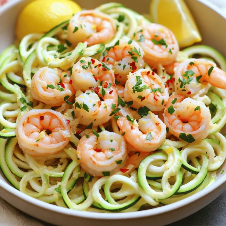 - 2 medium zucchinis, spiralized into zoodles - 1 lb large shrimp, peeled and deveined - 3 tablespoons olive oil - 4 cloves garlic, minced - 1 teaspoon red pepper flakes - Juice of 1 lemon - Zest of 1 lemon - Salt and pepper to taste - ¼ cup fresh parsley, finely chopped - ¼ cup grated Parmesan cheese (optional) This dish offers a healthy balance. Each serving has about: - Calories: 250 - Protein: 20g - Carbohydrates: 10g - Fat: 15g - Fiber: 3g Shrimp adds protein, while zoodles keep it light. Olive oil provides healthy fats. If you want to change things up, consider these swaps: - Zucchini: Use yellow squash for a different flavor. - Shrimp: Swap shrimp for chicken or tofu. - Olive oil: Use avocado oil for a different taste. - Lemon juice: Lime juice works well too. - Parmesan: Nutritional yeast is a great dairy-free option. These substitutions help cater to your taste and dietary needs while keeping the dish delicious. First, take two medium zucchinis and spiralize them into zoodles. A spiralizer helps make perfect noodle shapes. If you don't have one, you can use a vegetable peeler to create thin strips. Set the zoodles aside once you finish. Next, heat two tablespoons of olive oil in a large skillet over medium heat. When the oil is hot, add four minced garlic cloves and one teaspoon of red pepper flakes. Cook this mix for about one minute. The garlic should smell nice and turn a light gold. Now, raise the heat to medium-high. Add one pound of peeled and deveined shrimp to the skillet. Sprinkle some salt and pepper on top. Cook the shrimp for about two to three minutes on each side. They will turn pink and opaque when they are done. Once the shrimp are cooked, move them to a plate. Keep the garlic oil in the skillet. Add one tablespoon of olive oil and the zoodles. Sauté the zoodles for two to three minutes. You want them to be tender but still crunchy. Then, lower the heat and bring the shrimp back to the skillet. Squeeze the juice of one lemon over everything and add the lemon zest. Mix gently for one more minute. Finally, stir in ¼ cup of chopped parsley. Taste and add more salt or pepper if needed. Serve the zoodles and shrimp on plates. If you like, sprinkle some grated Parmesan cheese on top for extra flavor. To cook zoodles well, start with fresh zucchinis. Choose firm ones without soft spots. Spiralize them just before cooking. This keeps them fresh and crunchy. When cooking, don’t overdo the heat. A few minutes is all you need. You want them tender, not mushy. Sauté them quickly after cooking shrimp. This way, they soak up all the lovely flavors. Look for shrimp that are pink and shiny. The smell should be clean, like the sea. Avoid any shrimp with a strong fishy odor. If you can, buy shrimp that are wild-caught. They usually taste better than farmed shrimp. Check for the size too; larger shrimp work best in this dish. A good skillet is key for this recipe. It allows you to cook the shrimp and zoodles evenly. A spiralizer helps create perfect zoodles. You can use a handheld one or a countertop version. Make sure you have a sturdy spatula for flipping shrimp. Lastly, have a citrus juicer handy for the lemon juice. It makes squeezing easier and cleaner. {{image_4}} You can swap shrimp for other proteins. Chicken or scallops work well. Tofu is a great option for a plant-based dish. Cook these proteins the same way as shrimp. Just ensure they reach a safe temp for eating. Each protein brings a different taste to the dish. Want to add more veggies? Try bell peppers, spinach, or cherry tomatoes. These add color and nutrients. Just sauté them briefly with the zoodles. You can also mix in some broccoli or asparagus. This makes your meal even more vibrant and healthy. Do you like it spicy? Increase the red pepper flakes. You can also add fresh chili for more heat. If you want less spice, cut the flakes in half. For a milder taste, try adding a splash of cream. This will balance the flavors nicely. Adjust the spice to suit your taste buds. To keep your Shrimp Scampi Zoodles fresh, store leftovers in an airtight container. Place the zoodles and shrimp together if you plan to eat them soon. They will stay good in the fridge for about 2 days. If you want to keep them longer, separate the zoodles from the shrimp. Zoodles can get soggy if stored too long. When you are ready to eat, you can reheat your leftovers on the stove or in the microwave. To reheat on the stove, place the zoodles and shrimp in a pan over low heat. Stir to warm them evenly. If using the microwave, heat in short bursts of 30 seconds. Check often to avoid overcooking. I do not recommend freezing the cooked zoodles. They can turn mushy when thawed. However, you can freeze cooked shrimp. Place them in a freezer-safe bag and remove as much air as possible. They can last in the freezer for up to 3 months. When ready to use, thaw shrimp in the fridge overnight before cooking or reheating. Zoodles are noodles made from zucchini. You spiralize zucchini to create long, thin strands. Zoodles are a great low-carb and gluten-free alternative to pasta. They are light and soak up flavors well. Using zoodles makes dishes like shrimp scampi healthier and more fun. You can prep some parts ahead. Spiralize the zoodles and store them in the fridge. Cook the shrimp and store them separately. When ready to eat, just sauté the zoodles and mix in the shrimp. This way, you keep the meal fresh and tasty. Avoid cooking the zoodles too early, as they can get soggy. This dish is already gluten-free if you use zoodles. Just skip the Parmesan cheese if you're sensitive to dairy. You can also use gluten-free alternatives for any other toppings. That way, everyone can enjoy this tasty meal without worry. In this blog post, we covered zoodles with shrimp, highlighting key ingredients, preparation steps, and useful tips. You learned about ingredient substitutions, cooking techniques, and how to store leftovers. Variations allow you to customize this dish by adding different proteins or adjusting flavors. I hope you feel ready to create a tasty meal that fits your taste. Enjoy making your zoodles with shrimp and share your experience!