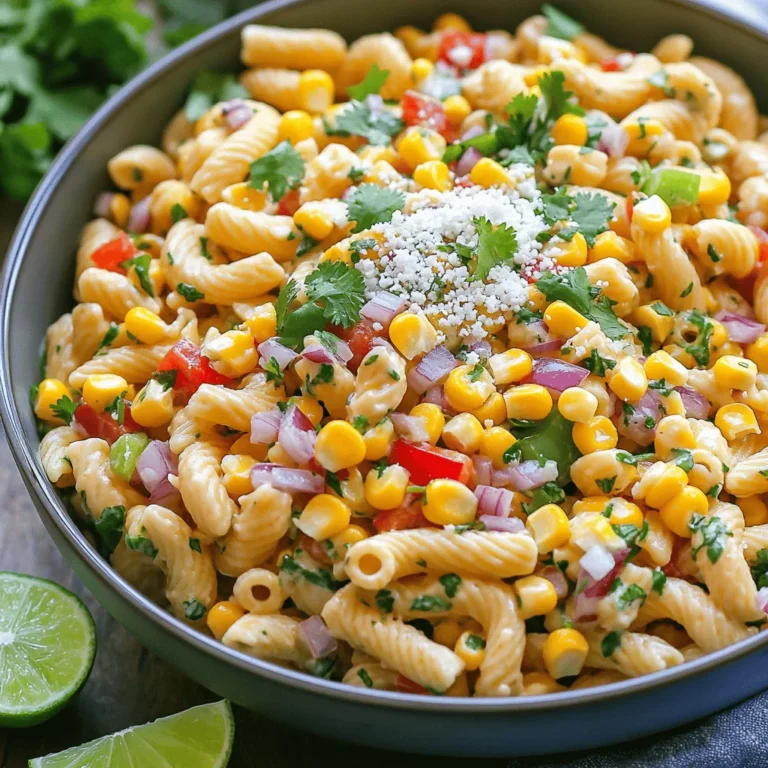 - 2 cups elbow pasta - 1 cup corn kernels (fresh off the cob or frozen) - 1 red bell pepper, diced into small pieces - ½ cup red onion, finely chopped - 1 jalapeño pepper, deseeded and minced (adjust to taste for spice) - ½ cup Cotija cheese, crumbled - ½ cup fresh cilantro, chopped, plus more for garnish - 3 tablespoons mayonnaise - 2 tablespoons sour cream - 2 tablespoons fresh lime juice - 1 teaspoon chili powder - Salt and pepper to taste When I think about the ingredients for Mexican street corn pasta salad, I feel excitement. The mix of fresh and vibrant flavors captivates me. Each ingredient plays a key role in creating a dish that shines. The elbow pasta serves as a hearty base. It absorbs the dressing well and pairs nicely with other flavors. I recommend cooking it al dente for the best texture. Next comes the corn. Whether you choose fresh or frozen, corn brings a sweet crunch. If you use fresh corn, grill it for that smoky flavor. I love the charred bits! The red bell pepper adds color and sweetness. Dicing it into small pieces helps it blend well. The red onion gives a little bite without being overpowering. I finely chop it to keep the taste balanced. The jalapeño pepper can heat things up. You can adjust its amount to suit your taste. If you're unsure, start with a small amount. Cotija cheese is the star. Its crumbly texture and salty flavor enhance the salad. I like to add a bit more on top for garnish. Finally, fresh cilantro adds a bright note. It ties everything together and makes the salad feel fresh. Now, let's talk about the dressing. The creamy mix of mayonnaise and sour cream coats the salad beautifully. The lime juice adds zing, while chili powder gives that classic Mexican flavor. Salt and pepper help bring out all the tastes. Together, these ingredients create a beautiful and flavorful dish. You can enjoy it at a picnic, barbecue, or any gathering. To start, fill a large pot with water and add a good pinch of salt. Bring the water to a rolling boil. Then, add 2 cups of elbow pasta. Cook the pasta until al dente, which means it should still have a little bite. This usually takes about 8-10 minutes. After cooking, drain the pasta in a colander. Rinse it under cold running water to stop the cooking. This also helps cool the pasta quickly. You can use fresh corn or frozen corn for this salad. If you choose fresh corn, grill it on high heat for about 5-7 minutes. Turn it occasionally until the kernels get a nice char. If you use frozen corn, heat it in a skillet over medium heat for about 3-4 minutes. Make sure it’s warmed through. Let the corn cool before you mix it into the salad. In a large mixing bowl, combine the cooled pasta, corn, diced red bell pepper, finely chopped red onion, and minced jalapeño. Add ½ cup of crumbled Cotija cheese to the bowl. Use a spatula or wooden spoon to gently mix everything together. This ensures that all the flavors blend well. Next, it's time to make the dressing. In a smaller bowl, whisk together 3 tablespoons of mayonnaise, 2 tablespoons of sour cream, 2 tablespoons of fresh lime juice, and 1 teaspoon of chili powder. Add a pinch of salt and pepper to taste. Once the dressing is smooth, pour it over the pasta mixture. Gently fold everything together until the pasta and veggies are well coated. Now, fold in ½ cup of chopped cilantro. Save a little for garnish later. Taste the salad and see if it needs more salt or pepper to enhance the flavor. Finally, cover the bowl with plastic wrap or a lid and chill it in the fridge for at least 30 minutes. This chilling time lets the flavors come together, making each bite even better! To ensure pasta is cooked perfectly, use a large pot. Fill it with water and add a generous pinch of salt. Bring the water to a boil. Add the elbow pasta and cook until al dente, as per the package instructions. Once done, drain the pasta and rinse it under cold running water. This stops the cooking and cools it quickly. When grilling corn, you can use fresh corn for the best flavor. Heat your grill to high. Place the corn on the grill and turn it every few minutes. Grill until the kernels are charred and tender, about 5 to 7 minutes. For frozen corn, heat a skillet over medium heat. Add the corn and stir until warmed through, around 3 to 4 minutes. Let the corn cool before mixing it into your salad. To adjust spice levels, use jalapeño peppers. Mince them finely for more heat. If you prefer a milder flavor, deseed them well before adding. Taste as you go to find your perfect balance. For the dressing, balance flavors by tasting and adjusting. Whisk together mayonnaise, sour cream, lime juice, chili powder, salt, and pepper. If it feels too tart, add a little more sour cream. If it needs more kick, a touch more chili powder can help. For creative serving ideas, transfer the pasta salad into a large bowl that stands out. This makes it more inviting for gatherings. You can also serve it in individual bowls for a personal touch. To garnish, sprinkle extra Cotija cheese over the top. Add a few cilantro leaves for a pop of color. This not only enhances the look but also adds fresh flavor. Enjoy making this dish look as good as it tastes! {{image_4}} You can switch the elbow pasta for any pasta shape you like. Try penne or fusilli for a fun twist. If you want a gluten-free option, use chickpea or quinoa pasta. For cheese, if Cotija is hard to find, feta works well too. It gives a nice salty taste. You can also skip cheese entirely for a dairy-free version. Seasonal veggies can brighten your salad. In summer, add diced tomatoes or zucchini. In fall, consider roasted sweet potatoes or butternut squash. You can change the spice balance easily. For more heat, add more jalapeño or a dash of cayenne. If you prefer it milder, skip the jalapeño or use sweet bell peppers instead. For dressings, try adding chipotle powder for a smoky flavor. You can also use olive oil and vinegar for a lighter version. Experiment with fresh herbs like dill or parsley to change the taste. To boost nutrition, toss in black beans or chickpeas. These add protein and fiber, making your salad more filling. This pasta salad is great cold, but you can serve it warm too. Just mix the ingredients while the pasta is still warm for a comforting dish. Pair it with grilled chicken or fish for a complete meal. It also goes well with tacos or quesadillas. The flavors complement each other nicely, bringing a festive vibe to your table. To keep your Mexican street corn pasta salad fresh, use an airtight container. Glass or plastic containers work well. Make sure the lid seals tightly to prevent air from getting in. If you don’t have a container, cover the bowl tightly with plastic wrap. Refrigeration is key. Always store the salad in the fridge right after serving to keep it cool and safe. When stored properly, the salad stays fresh for about three to five days. Look for signs of spoilage. If the salad smells sour or has a slimy texture, it’s best to throw it away. Also, if you see any mold, do not eat it. Freshness is important for taste and safety. Pasta salad is usually enjoyed cold. If you want to warm it up, do so gently. Place it in a microwave-safe dish and heat it in short bursts. Stir often to keep it from getting too hot in spots. This helps maintain the pasta's texture and flavor. Avoid overheating, as it can change the taste and make it less enjoyable. You can use feta cheese as a substitute for Cotija. Feta offers a similar crumbly texture but has a saltier taste. Another option is queso fresco, which is milder and softer. Parmesan can work too, adding a nutty flavor. Each choice brings its own twist, keeping the salad tasty. Yes, you can prepare this pasta salad a day before serving. This allows the flavors to blend well. Store it in an airtight container in the fridge. Just remember to add fresh cilantro just before serving. This keeps it bright and flavorful. Serve this salad chilled for the best taste. Transfer it to a large bowl or platter for a beautiful presentation. Garnish it with extra Cotija cheese and fresh cilantro. It pairs well with grilled meats or as a side at picnics. The spice level depends on the jalapeño you use. If you remove the seeds and membranes, the salad stays mild. For more heat, leave some seeds in. Adjust the jalapeño based on your taste. This way, everyone can enjoy the dish. This blog post detailed how to make a delicious Mexican Street Corn Pasta Salad. We covered the key ingredients, including pasta, fresh corn, and spices. I shared step-by-step instructions to help you cook and mix everything right. You also learned valuable tips for enhancing flavor and presentation. Remember, you can adapt this recipe with different ingredients or adjust spice levels to suit your taste. Enjoy creating this fresh and tasty dish for your next gathering or meal!
