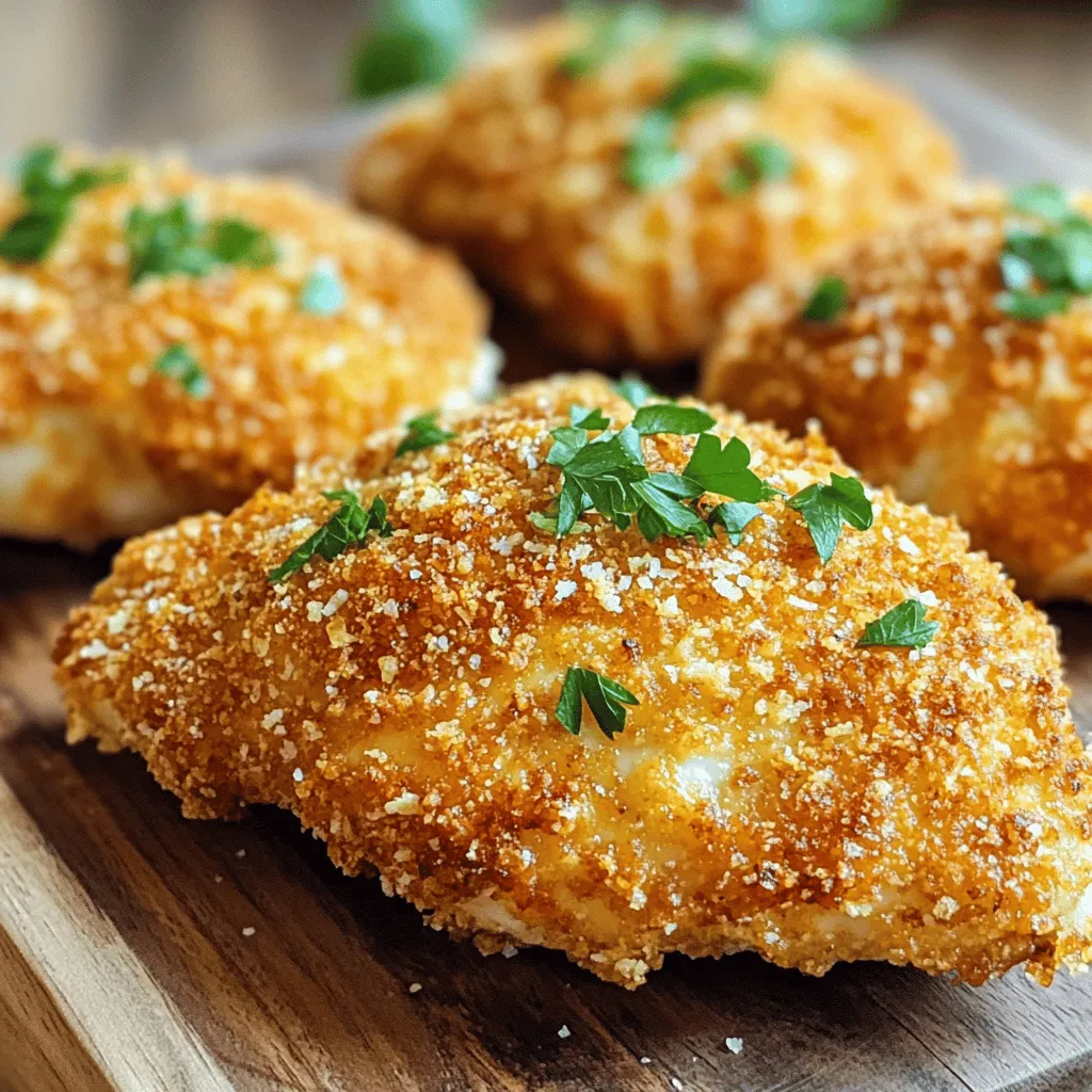 - 4 boneless, skinless chicken breasts - 1 cup finely grated Parmesan cheese - 1 cup panko breadcrumbs - 2 teaspoons Italian seasoning - 1 teaspoon garlic powder - 1 teaspoon onion powder - Salt and freshly ground black pepper to taste - 2 large eggs - 2 tablespoons extra virgin olive oil - Fresh parsley, finely chopped (for garnish) The main stars of this dish are the chicken breasts and the Parmesan cheese. The chicken needs to be fresh and tender for the best texture. I love using panko breadcrumbs for that extra crunch. They make each bite exciting. Next, seasonings bring this dish to life. Italian seasoning, garlic powder, and onion powder create a wonderful blend. Don't forget the salt and pepper; they enhance all the flavors. For the coating, we need eggs. They help the breadcrumbs stick well. A bit of olive oil adds flavor and aids in browning. Lastly, fresh parsley adds a nice touch when serving. It brightens up the plate. Start by drying the chicken breasts. Use paper towels to pat them dry. This step helps the coating stick better. Next, season both sides with salt and pepper. This adds flavor to the chicken. Now, set up your breading station. You need three bowls for this. In the first bowl, whisk the eggs until smooth. In the second bowl, mix the Parmesan cheese, panko breadcrumbs, Italian seasoning, garlic powder, onion powder, and a pinch of salt and pepper. This blend gives the chicken a great taste. Take a chicken breast and dip it in the egg mixture. Make sure it’s fully coated. Let the extra egg drip back into the bowl. This helps the breadcrumbs stick. Next, transfer the chicken to the breadcrumb mixture. Press gently to ensure an even coating. You want a thick layer of crumbs on the chicken. This will make it crispy when cooked. Preheat your air fryer to 400°F (200°C). Let it heat for about 5 minutes. This step is key for getting that nice crisp on the chicken. For cooking, lightly brush or spray the air fryer basket with olive oil. This prevents sticking. Place the coated chicken breasts in a single layer. Make sure there’s space around each piece for air to flow. Brush the tops of the chicken with a bit of olive oil too. Cook the chicken for 12-15 minutes. Flip each piece halfway through. The chicken is done when it reaches an internal temperature of 165°F (74°C). You want a golden and crispy coating. After cooking, let the chicken rest for a few minutes. This helps the juices stay inside. To get that perfect crunch, start by drying the chicken well. Use paper towels to remove moisture. This step is key because moisture can make the coating soggy. After drying, season the chicken with salt and pepper for added flavor. For olive oil, use a light brush or spray. This helps the coating brown nicely. You can also drizzle some oil on top before cooking to enhance the crispiness. Just a little goes a long way! If your chicken is overcooked, it may dry out. Keep an eye on the cooking time. Check for an internal temperature of 165°F (74°C) to know it’s done. For uneven cooking, make sure to leave space between the chicken pieces in the air fryer. This allows air to circulate freely. To ensure the coating sticks well, press the chicken into the breadcrumb mixture firmly. This extra pressure helps the crumbs adhere better during cooking. If the coating falls off, try using a little more egg in the dipping step. Pair this chicken with a fresh garden salad for a complete meal. The crisp greens complement the rich flavors of the chicken. You can also serve it with lemon wedges for a zesty kick. For presentation, use a rustic wooden platter to serve the chicken. Sprinkle some fresh parsley on top for a pop of color. A side of roasted veggies can also make your meal more colorful and nutritious. Enjoy your delicious creation! {{image_4}} You can change the taste of your Air Fryer Parmesan Crusted Chicken easily. Here are some ideas: - Alternative seasoning combinations: Try using smoked paprika for a deep smoky flavor. You can also use Cajun spices for a spicy kick. Mix and match to find your favorite. - Cheese variations for different tastes: Swap Parmesan for cheddar for a milder taste. Feta can add a tangy twist. Experimenting with cheese keeps things fun and tasty. If you want to try a different cooking method, consider these options: - Oven baking instructions: Preheat your oven to 425°F (220°C). Place the breaded chicken on a lined baking sheet. Bake for 20-25 minutes, flipping halfway through, until golden and cooked through. - Grilling recommendations for outdoor cooking: Preheat your grill to medium-high heat. Grill the chicken for about 6-7 minutes on each side. Make sure it reaches an internal temperature of 165°F (74°C). You can customize the recipe with these swaps: - Gluten-free breadcrumb options: Use crushed cornflakes or gluten-free panko. They give a nice crunch without gluten. - Chicken alternatives: Turkey cutlets or chicken thighs work well too. They add different flavors and textures to the dish. After cooking, let the chicken cool for about 10 minutes. This helps keep it juicy. Place the chicken in an airtight container. Glass or BPA-free plastic containers work best for freshness. Make sure to store it in the fridge. The chicken stays good for about 3 to 4 days. When it's time to eat leftovers, you have options. You can use a microwave or an air fryer. The microwave is quick but may make the chicken soft. The air fryer keeps it crispy. If you use the air fryer, preheat it to 350°F (175°C). Heat the chicken for 5 to 7 minutes. This way, it stays crunchy and tasty. You can freeze the chicken if you have lots left. Wrap each piece in plastic wrap. Then place them in a freezer bag. Squeeze out the air to avoid freezer burn. The chicken can be frozen for up to 3 months. When you are ready to eat, move the chicken to the fridge overnight. Reheat it in the air fryer for the best results. Cook the chicken for 12-15 minutes at 400°F (200°C). Flip each piece halfway for even cooking. Check the internal temperature. It should reach 165°F (74°C) for safety. This ensures the chicken is juicy and the coating is crispy. Yes, you can use frozen chicken breasts. But, you need to adjust the cooking time. Cook them for about 18-20 minutes at 400°F (200°C). Make sure to check the internal temperature as well. Let them thaw slightly before breading for better coating. You can use regular breadcrumbs as a substitute. Crushed crackers or cornflakes work too. They give a nice crunch. Just ensure they are finely crushed for even coating. Each option brings its own flavor and texture. You now have a clear path to making crispy chicken in an air fryer. From selecting chicken breasts and mixing parmesan with panko to mastering your frying skills, every step matters. Always dry the chicken and consider your preferred seasonings. Whether you grill or bake, there's something for you. Store leftovers well to enjoy later. With these tips, you’ll create meals that impress. Keep experimenting to find your favorite flavors. Happy cooking!