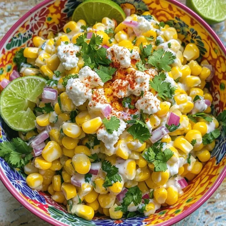 To make this Mexican street corn salad, you need some fresh items: - 4 ears of sweet corn, husked and silk removed - 1/2 cup crumbled queso fresco (or feta as a substitute) - 1/4 cup creamy mayonnaise - 2 tablespoons tangy sour cream - 1 tablespoon freshly squeezed lime juice - 1 teaspoon smoked chili powder - 1/2 teaspoon garlic powder - 1/4 cup fresh cilantro, finely chopped - Salt and pepper to taste - 1/4 cup finely diced red onion These ingredients create a bright and tasty dish that excites your palate. The sweet corn is the star, while the cheese adds a creamy touch. Each ingredient plays a key role in the flavor. You can add some extra flavor with these options: - Sliced jalapeños for heat - Avocado for creaminess - Cherry tomatoes for freshness Feel free to mix in what you like. These add-ins can make your salad unique and more personal. If you can’t find something, here are some swaps: - Use feta cheese if you can't find queso fresco. - Substitute Greek yogurt for mayonnaise for a lighter touch. - Lime juice can be replaced with lemon juice. These substitutions keep the salad tasty while accommodating your needs. Always adjust to what you have on hand. Start by boiling a large pot of water. Once the water bubbles, add the husked corn. Cook it for 5 to 7 minutes. The corn should be tender but still crisp. After cooking, take the corn out and let it cool. Use a sharp knife to slice off the kernels. Make sure to get all the sweet corn off the cob. In a big mixing bowl, combine the freshly cut corn, crumbled queso fresco, diced red onion, and chopped cilantro. Stir gently to mix them. In a smaller bowl, whisk together the mayonnaise, sour cream, lime juice, smoked chili powder, and garlic powder. Mix until it is smooth and creamy. Pour the dressing over the corn mix. Use a spatula or wooden spoon to toss everything together. Make sure all the corn and veggies are covered with the creamy dressing. Add salt and pepper to taste. If you love heat, fold in sliced jalapeños for a spicy kick. Cover the bowl and chill it in the fridge for at least 15 minutes. This helps all the flavors come together. Enjoy your vibrant and tasty salad! To make your Mexican street corn salad even tastier, try these tips: - Use fresh corn for the best sweet flavor. - Grill the corn instead of boiling it. This gives a nice smoky taste. - Add lime zest for more citrus flavor. It brightens up the dish nicely. - If you love spice, toss in extra smoked chili powder or diced jalapeños. How you serve your salad matters! Here are some fun ideas: - Use a colorful bowl to display the salad. It looks more inviting. - Top with extra crumbled queso fresco and cilantro for a pop of color. - Serve with lime wedges on the side. This lets everyone add more lime if they want. - For a festive touch, place the salad in a hollowed-out bell pepper or avocado half. Pair your salad with these foods for a great meal: - Serve alongside grilled chicken or shrimp for a full meal. - It goes well with tacos or burritos as a side dish. - Use it as a topping for nachos for a fun twist. - Enjoy it at a picnic or barbecue; it’s a great dish to share! {{image_4}} To make a spicy version, add more heat. You can mix in sliced jalapeños. This gives the salad a nice kick. You might also try using spicy chili powder instead of smoked chili powder. This small change can really amp up the flavor. Each bite will be exciting! You can easily make this salad vegetarian or vegan. For a vegan option, replace mayonnaise and sour cream with plant-based versions. Look for vegan mayo and dairy-free sour cream in stores. You can still enjoy the creamy texture without dairy. Just ensure the cheese you choose is vegan too. Feel free to mix in different ingredients to suit your taste. You can add black beans for protein and fiber. Diced bell peppers can add a nice crunch and color. Avocado is also a great choice. It adds creaminess and healthy fats. Don't be afraid to get creative! To keep your Mexican street corn salad fresh, store it in an airtight container. Use a glass or plastic container with a tight lid to prevent air from getting in. Place the salad in the fridge right after serving. This helps keep the flavors bright and the texture crisp. If you have extras, do not mix in the jalapeños until you are ready to serve. This keeps the salad from getting too spicy or soggy. This salad is best served cold. If you want to warm it up, do so gently. Place it in a microwave-safe dish. Heat it for about 15-20 seconds on low power. Stir it well to avoid hot spots. However, I recommend enjoying it cold for the best taste and texture. You can store this salad in the fridge for up to three days. After that, the corn may lose its crunch and the flavors might fade. If you start to see any signs of spoilage, like an off smell or discoloration, it's best to throw it out. Storing your salad properly helps you enjoy this delightful dish for days to come! You can make this salad a day in advance. Just follow the recipe and chill it. The flavors will blend well overnight. Store it in an airtight container in the fridge. Before serving, add extra cheese and cilantro for a fresh touch. Yes, you can skip the mayonnaise. Use plain yogurt or extra sour cream instead. This will keep the salad creamy. The taste changes a bit, but it stays delicious and fresh. Feta cheese is a great substitute for queso fresco. It has a similar texture and tangy flavor. You can also use goat cheese for a creamier taste. Just crumble it over the salad to get that nice finish. Absolutely! If you like it spicy, add extra smoked chili powder. You can also mix in diced jalapeños for more heat. Adjust the amount based on your taste. This will give your salad a nice kick. Store leftovers in an airtight container in the fridge. Keep it cool for up to three days. The salad may lose some crunch, but it still tastes great. Just give it a stir before serving. Yes, frozen corn works well in this recipe. Just thaw it and drain any excess water. You can skip the boiling step. It will still taste fresh once you mix it with the other ingredients. This salad pairs well with grilled meats or tacos. It also complements spicy dishes nicely. Serve it at barbecues or picnics for a fun twist. Your guests will love the bright flavors! This blog post covered how to make a delicious Mexican Street Corn Salad. We explored fresh ingredients, optional add-ins, and substitutions. I shared step-by-step cooking instructions and helpful tips for enhancing flavor and presentation. You learned variations to suit different diets and storage practices for longevity. In closing, this salad is simple and fun to make. It's perfect for any occasion. Enjoy experimenting with flavors and make this recipe your own!