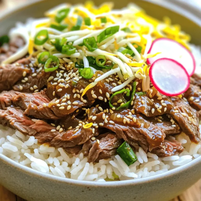 - 1 lb thinly sliced beef (sirloin or ribeye) - ¼ cup soy sauce - 2 tablespoons brown sugar - 1 tablespoon sesame oil - 3 cloves garlic, finely minced - 1 teaspoon fresh ginger, grated - 1 tablespoon rice vinegar - 2 cups cooked jasmine rice - 1 cup fresh bean sprouts - ½ cup scallions, chopped (green parts only) - 1 tablespoon sesame seeds - Salt and freshly ground pepper to taste - 1 teaspoon gochujang (Korean chili paste) for added heat - Sliced radishes for garnish - Mixing bowl for marinade - Skillet for cooking - Pot for blanching sprouts Gather all these ingredients and equipment before you start. This makes cooking easier and more fun. Use fresh beef for the best taste. If you want heat, don't skip the gochujang. It adds a nice kick. Blanching the bean sprouts keeps them crispy. Remember to rinse them under cold water after cooking. This step is key. It helps keep their crunchiness. Use a large skillet for even cooking of the beef. Enjoy the process of making these Korean BBQ Beef Bowls! To start, you need to make the marinade. First, combine these ingredients in a medium bowl: - ¼ cup soy sauce - 2 tablespoons brown sugar - 1 tablespoon sesame oil - 3 cloves garlic, finely minced - 1 teaspoon fresh ginger, grated - 1 tablespoon rice vinegar - 1 teaspoon gochujang (optional) Whisk these together until the sugar dissolves. This mix adds great flavor to the beef. Next, coat 1 pound of thinly sliced beef in this marinade. Make sure each piece gets the mix. Let the beef sit for at least 30 minutes at room temperature. For more flavor, refrigerate it for up to 2 hours. Now, heat a large skillet over medium-high heat. Add a tablespoon of cooking oil. Once hot, add the marinated beef. Spread it out evenly in the pan. Sauté for about 3-4 minutes until browned and tender. Stir often to avoid overcooking. Remove it from heat while it’s still juicy. While the beef marinates, prepare the bean sprouts. Bring a pot of water to boil. Blanch 1 cup of fresh bean sprouts for 1-2 minutes. This helps them stay crisp. After blanching, drain them and rinse under cold water. This stops the cooking process. To build your bowls, start with a scoop of jasmine rice at the bottom. Then, add the sautéed beef on top. Let the savory juices soak into the rice. Next, layer the blanched bean sprouts and chopped scallions over the beef. For the final touch, sprinkle sesame seeds and add sliced radishes for extra color. Drizzle a bit of sesame oil on top for flavor. To make the marinade your own, play with the ingredients. You can reduce the soy sauce for less salt. Add more brown sugar if you like it sweet. Want extra crunch? Toss in some chopped nuts or crispy onions. For spice, add more gochujang. This gives the dish a nice kick. To cook beef perfectly, heat your skillet well. Use medium-high heat to sear the beef fast. This keeps it juicy and tender. Avoid overcrowding the pan. If you add too much beef at once, it will steam instead of sear. For sautéing, use oils with high smoke points. Canola or avocado oil works best. They won’t burn and will add good flavor. Make your bowls pop with color! Serve them on a bright plate or wooden platter. Start with a mound of rice, then layer the beef on top. Top it with sprouts and scallions for crunch. Finish with sesame seeds and radish slices for color. You can drizzle extra sesame oil on top for a shiny finish. It makes the dish look great and taste better. {{image_4}} You can swap beef for tofu or tempeh. These options absorb flavors well. For tofu, use firm or extra-firm. Press it to remove excess water before cooking. Recommended sauces and flavors: - Use the same marinade with soy sauce. - Add maple syrup instead of brown sugar for sweetness. - Enhance with sesame oil and garlic. - A sprinkle of nutritional yeast gives a cheesy flavor. Try alternatives to jasmine rice. Quinoa is a great choice. It adds protein and a nutty flavor. Cauliflower rice is another option. It’s low in carbs and high in fiber. Adding grains: - Cook quinoa according to package instructions. - Grate cauliflower and sauté briefly for a tender bite. Korean food varies by region. Each area has unique flavors and ingredients. In Jeolla Province, use more fermented foods for tang. In Busan, add seafood for a fresh twist. Unique ingredients or toppings to try: - Kimchi for a spicy kick. - Pickled vegetables for crunch. - Sesame leaves for a fresh herbal taste. To keep your Korean BBQ beef bowls fresh, store them in airtight containers. Make sure the beef and rice cool down before sealing. This helps prevent sogginess. You can safely eat leftovers within three days. After that, the taste may fade. You can freeze assembled bowls, but wait until they cool. Divide portions in freezer-safe containers. Leave some space at the top for expansion. For best flavor, eat frozen bowls within one month. When you’re ready to eat, thaw them in the fridge overnight. To reheat, use a microwave or stovetop. If using a microwave, cover the bowl with a damp paper towel. This keeps the beef juicy. For stovetop, add a splash of water in a pan. Heat on low until warm, stirring gently. This keeps the rice from drying out. Enjoy your meal with the same great taste! To add spice, you can adjust the gochujang in the marinade. Start with more gochujang for a bigger kick. You can also add red pepper flakes or sliced fresh chili for more heat. Just remember to taste as you go! Yes, you can! Chicken works well and cooks fast. Tofu is a great choice for a vegetarian option. Just make sure to marinate them the same way as beef for full flavor. I recommend jasmine rice for its soft texture and aroma. You can also use short-grain rice for stickiness. Cook the rice fluffy so it soaks in the beef juices. Store leftovers in the fridge for up to three days. Check for any off smells or changes in color to see if they are spoiled. If the rice feels hard, it's best to toss it. You can serve kimchi for a tangy crunch. Pickled vegetables add a nice touch, too. Try some steamed broccoli or a simple salad to balance the meal. Korean BBQ Beef Bowls are easy to make and full of flavor. We explored key ingredients like beef, soy sauce, and optional spices. I shared step-by-step instructions on marinating and cooking the beef. Consider adding your spin with vegetarian options or different grains. Proper storage also ensures great taste later. Enjoy experimenting with flavors, and remember—personalizing your dish makes it special. Happy cooking!