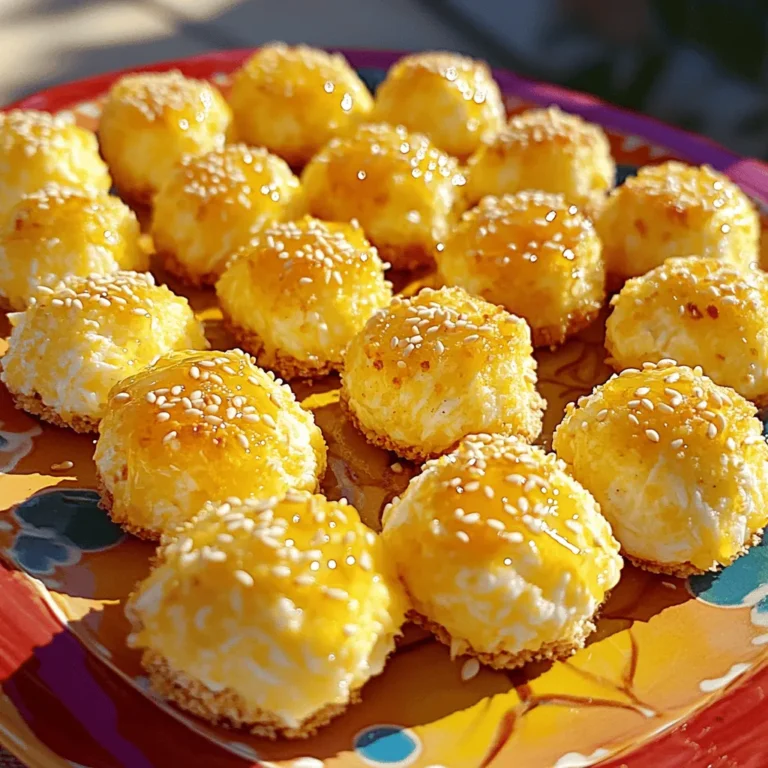 - 1 cup shredded mozzarella cheese - 1/4 cup honey - 1 cup almond flour These three items are the heart of your cheesy bites. The shredded mozzarella cheese gives them a melty texture. Honey adds a nice sweetness that balances the cheese. Almond flour keeps the bites light and gluten-free. - Alternative cheeses: You can try cheddar or gouda for a different taste. - Potential spices or herbs: Add garlic powder or Italian herbs for extra flavor. Using different cheeses or spices can change the taste. Feel free to mix and match to find your favorite flavor. - Mixing bowl - Baking sheet - Parchment paper These tools help you make the bites easily. The mixing bowl is for combining ingredients. The baking sheet holds the bites while they cook. Using parchment paper prevents sticking and makes clean-up simple. 1. First, preheat your oven to 375°F (190°C). This heat will turn our cheesy bites golden. 2. Line a baking sheet with parchment paper. This helps the bites not stick and cooks them evenly. 3. In a large mixing bowl, add 1 cup of shredded mozzarella cheese and 1 cup of almond flour. 4. Mix them with your hands or a fork. Make sure the cheese is well coated with the almond flour. 1. Next, drizzle 1/4 cup of honey over the cheese and flour mix. 2. Stir the mix well until it becomes sticky. This is what will help our bites hold together. 3. Now, with clean hands, grab some of the mix. Roll it into small balls, about the size of a golf ball. 4. Place each ball on the prepared baking sheet, leaving space between them. 1. Place the baking sheet in the preheated oven. Bake for 10-12 minutes. 2. Watch them closely. You want them golden brown and slightly puffed up. 3. Once done, take them out and let them cool on the baking sheet for a few minutes. This step helps them firm up before serving. To get the right stickiness, mix the almond flour and cheese well. You want them to blend smoothly. When adding honey, drizzle it evenly. This helps the dough stick together nicely. If the mixture seems dry, add a bit more honey. Avoid over-baking for the best bites. Keep a close watch during the last few minutes. They should be golden brown, not dark. If they puff up too much, they may dry out. These cheesy bites pair well with many foods. Fresh veggies, like carrots and celery, add crunch. You can also serve them with cheese platters for a fun mix. For dipping sauces, try honey mustard or ranch. A spicy aioli will also lift the flavor. You can even use salsa for a zesty twist. An appealing display makes these bites even better. Use a colorful platter to arrange the cheesy bites. Drizzle extra honey on top for a sweet touch. Garnish with sesame seeds or fresh herbs. This adds flavor and makes your dish pop. Serve warm for the best taste and texture. {{image_4}} You can change the cheese for different flavors. Use cheddar for a sharp taste or cream cheese for creaminess. If you need a dairy-free option, try vegan cheese. It melts well and keeps the bites cheesy. For gluten-free needs, almond flour works great. You can also use coconut flour or a gluten-free blend. Just keep in mind the texture may change a bit. Adding spices can make these bites special. Try garlic powder for a savory kick or chili flakes for heat. A pinch of paprika adds a nice color too. Fresh herbs like rosemary or thyme can give a fresh taste. If you want more sweetness, add a drizzle of maple syrup. This can change the flavor to a sweet treat. You can also mix in some cinnamon for warmth. You can turn these cheesy bites into a meal. Serve them with a fresh salad or some roasted veggies. They make a great side dish too! For parties, change how you present them. Use skewers to make bite-sized appetizers. You can also arrange them on a platter with dips. Drizzle more honey on top for a fancy touch! Store your honeyed cheesy bites in the refrigerator. Place them in an airtight container. This keeps them fresh for up to three days. If you want to keep them even tastier, let them cool completely before storing. This prevents moisture build-up that can make them soggy. For longer storage, you can freeze the cheesy bites. First, let them cool down completely. Then, arrange them in a single layer on a baking sheet. Freeze them for about an hour, then transfer them to a freezer bag. They can last for up to three months. When you’re ready to eat, reheat them in the oven. Preheat your oven to 350°F (175°C) and bake for about 10 minutes. This makes them warm and crispy again. Honeyed cheesy bites can last up to three days in the fridge. If frozen, they last about three months. Watch for signs of spoilage. If they develop a strange smell or look different, it’s best to throw them out. Always trust your senses to keep your snacks safe and tasty! Yes, you can use other types of honey. Each kind has its own flavor. For example, clover honey is mild and sweet. Buckwheat honey is rich and bold. These flavors can change how your cheesy bites taste. Try different honey to find your favorite. Yes, you can make these bites vegan! Substitute mozzarella cheese with a vegan cheese alternative. For the honey, use agave syrup or maple syrup. Almond flour is already vegan, so you can keep that. These swaps keep the bites tasty and plant-based. You can adjust the sweetness by changing the honey amount. Add more honey for a sweeter bite. If you prefer less sweetness, use less honey. You can also mix in spices like cinnamon or cayenne for a fun twist. Taste as you go to find your perfect balance. These bites pair well with many dips. Try serving them with marinara sauce or ranch dressing. You can also offer honey mustard for a sweet kick. For sides, fresh veggies or a simple salad work great. Get creative and enjoy the flavors together! You learned how to make tasty cheesy bites using simple ingredients. We covered key tools, preparation steps, and baking tips. Each section helps you create the perfect dish. Feel free to adjust flavors and serve them how you like. With these tips, you'll impress friends and family. Enjoy your cheesy bites, and don't hesitate to get creative!