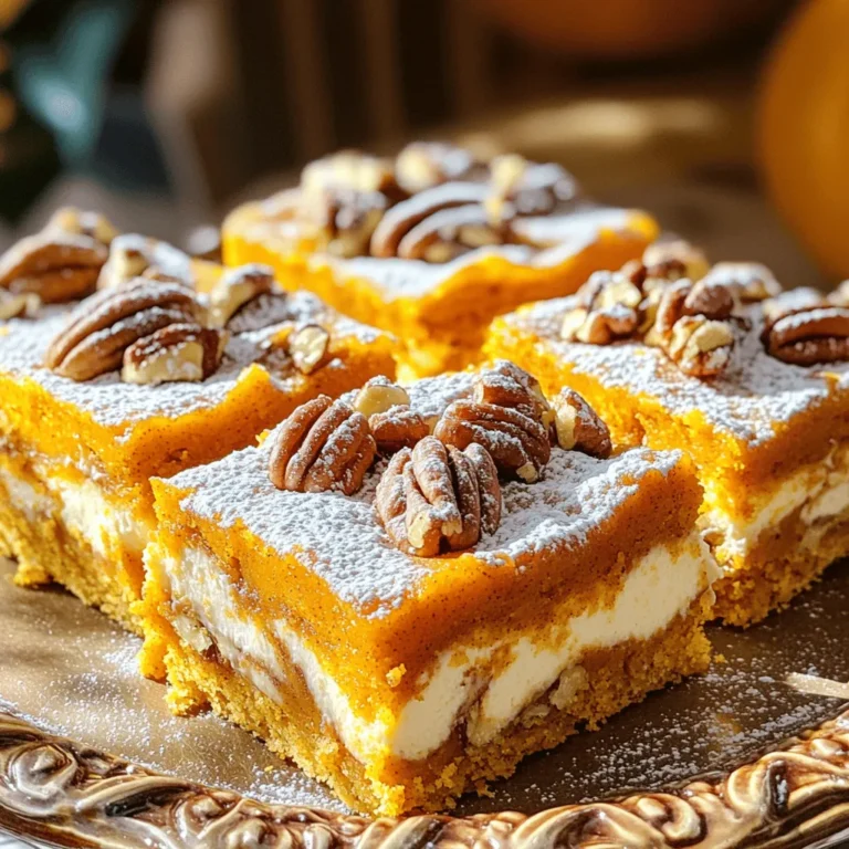 To make Pumpkin Crunch Cake Bars, you need key ingredients. Here they are: - 2 cups pumpkin puree - 1 cup granulated sugar - 1 teaspoon pure vanilla extract - 2 large eggs - 1 teaspoon ground cinnamon - 1/2 teaspoon ground nutmeg - 1/2 teaspoon ground ginger - 1/2 teaspoon salt - 1 1/2 cups all-purpose flour - 1 teaspoon baking powder - 1/2 teaspoon baking soda - 1 cup cream cheese, softened to room temperature These ingredients create a rich, moist base for your cake bars. You can add some optional ingredients for extra flavor: - 1 cup chopped pecans (for added crunch) Chopped pecans bring a nice texture and nutty taste. You can skip them if you prefer a simpler version. If you don’t have some ingredients, here are some easy swaps: - Use brown sugar instead of granulated sugar for a deeper flavor. - Substitute almond extract for vanilla extract to change the taste. - If you lack cream cheese, try using Greek yogurt for a creamy texture. These substitutions keep your bars delicious while fitting your pantry items. First, turn on your oven and set it to 350°F (175°C). While it heats, grab a 9x13 inch baking pan. Grease the pan with butter or cooking spray. This helps the bars come out easily later. In a large bowl, add 2 cups of pumpkin puree, 1 cup of granulated sugar, 1 teaspoon of pure vanilla extract, and 2 large eggs. Use a whisk to mix until smooth. In another bowl, combine 1 teaspoon of ground cinnamon, 1/2 teaspoon each of ground nutmeg and ground ginger, and 1/2 teaspoon of salt. Add 1 1/2 cups of all-purpose flour, 1 teaspoon of baking powder, and 1/2 teaspoon of baking soda. Mix well. Gradually add this dry mix to the pumpkin mix. Stir gently and don’t overmix. If you want some crunch, fold in 1 cup of chopped pecans. Pour the batter into the greased pan, spreading it out evenly. In a separate bowl, beat 1 cup of softened cream cheese with an electric mixer until creamy. Gradually add 3 cups of powdered sugar and 1 teaspoon of milk. Mix until it is light and spreadable. Spoon dollops of this cream cheese mixture over the pumpkin batter. Take a knife or spatula and gently swirl it into the batter. This will create a beautiful marbled look. Place the pan in the oven and bake for 35-40 minutes. Check with a toothpick. It should come out clean when the bars are done. Keep an eye on it towards the end so they do not overcook. After baking, take the pan out and let it cool completely on a wire rack. Once cool, slice the bars into squares and enjoy! To get the best texture, do not overmix your batter. Mix until just combined. This ensures your cake bars stay soft and moist. If you want extra crunch, add chopped pecans. They give a nice bite and contrast to the smooth pumpkin base. One common mistake is forgetting to preheat the oven. Always preheat to 350°F (175°C) before baking. This helps your bars cook evenly. Another mistake is not greasing your pan well. If the pan is not greased, your bars may stick. Lastly, avoid using cold cream cheese. It should be at room temperature for easy mixing. To boost flavor, try adding a bit of maple syrup to the pumpkin mixture. It adds a lovely depth. For presentation, dust the finished bars with powdered sugar. A sprinkle of cinnamon on top makes them look festive. Use a decorative platter to serve them, and your guests will be impressed! {{image_4}} To make gluten-free pumpkin crunch cake bars, use gluten-free flour instead of all-purpose flour. Many brands work well in baking. Make sure the flour blend has xanthan gum for structure. Follow the rest of the recipe as is. You will still enjoy a soft, tasty treat without the gluten. To create a vegan version, swap out the eggs. Use 1/4 cup of unsweetened applesauce per egg. Instead of cream cheese, use a vegan cream cheese or a coconut-based option. Make sure the sugar is vegan-friendly, too. These swaps keep the bars plant-based and delicious. You can play with flavors in your pumpkin crunch cake bars. Add chocolate chips for a sweet twist. Mix in some chopped walnuts for a nutty crunch. If you love spices, try adding cardamom or allspice. Each change adds a new layer of flavor to this simple recipe. To keep your Pumpkin Crunch Cake Bars fresh, store them in an airtight container. Place parchment paper between layers to prevent sticking. Keep them at room temperature for up to three days. If you want them to last longer, refrigerate for up to a week. This will preserve the flavors and texture nicely. If you want to freeze these delicious bars, cut them into squares first. Wrap each piece tightly in plastic wrap, then place them in a freezer-safe bag. This helps to keep them fresh for up to three months. When you’re ready to enjoy, simply thaw them in the fridge overnight. To reheat, place the bars in the microwave for 10-15 seconds. This warms them up nicely without drying them out. You can also enjoy them cold, as the flavors stay lovely even straight from the fridge. If you like, add a dollop of whipped cream on top for a tasty treat! To cut these cake bars, let them cool completely. Use a sharp knife for clean cuts. You can also run the knife under hot water before slicing. This helps prevent sticking. For even slices, measure and mark before cutting. Yes, you can make these bars ahead. They taste great after a day in the fridge. Just wrap them tightly in plastic wrap or foil. This keeps them fresh. You can also freeze them for longer storage. Just thaw in the fridge before serving. Check if the bars are done by inserting a toothpick in the center. If it comes out clean, they are ready. The edges will look slightly golden, and the top will feel set. Keep an eye on them during the last few minutes of baking. Absolutely! Canned pumpkin works great in this recipe. It saves time and is easy to find. Just make sure to use pure pumpkin puree, not pumpkin pie filling. This ensures your bars have the right flavor and texture. You learned about making delicious Pumpkin Crunch Cake Bars. We covered the key ingredients, step-by-step baking, and clever tips for the best results. You saw how to make gluten-free and vegan versions, plus how to store them properly. With these tips, you can create tasty bars that impress everyone. Keep experimenting with flavors and enjoy baking!