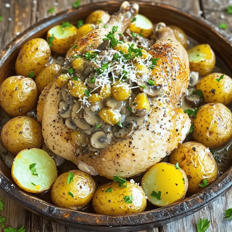 - Whole chicken (4-5 pounds) - Olive oil - Garlic powder - Onion powder - Fresh rosemary and thyme - Baby potatoes - Mushrooms - Heavy cream - Grated Parmesan cheese - Fresh parsley This dish combines simple, fresh ingredients to create rich flavors. The star is a whole chicken, weighing about 4 to 5 pounds. This size ensures that it stays juicy while cooking. I use olive oil, garlic powder, and onion powder to create a tasty herb paste. Fresh rosemary and thyme add that garden-fresh taste, making the chicken fragrant. For the creamy mushroom potatoes, I pick baby potatoes for their tender texture. Sliced mushrooms add an earthy flavor that pairs well with the creamy sauce. Heavy cream is the key to rich comfort. Finally, grated Parmesan cheese gives a savory kick. Fresh parsley is a must for garnish; it adds color and a hint of freshness. This dish is not only delicious but also visually appealing. - Preheat the oven to 425°F (220°C). This helps the chicken roast perfectly. - Pat the chicken dry. This step helps the skin turn crispy. Mix 2 tablespoons of olive oil, garlic powder, onion powder, chopped rosemary, chopped thyme, salt, and pepper in a bowl. This will be your herb paste. Rub it all over the chicken. Make sure to get some under the skin for great flavor. - Cut the lemon in half. Squeeze the juice into the chicken cavity. Place the lemon halves inside too. This adds a nice citrus scent while it cooks. - Take the halved baby potatoes and place them in a bowl. Drizzle with olive oil, salt, and pepper. Toss them well. Spread the potatoes around the chicken in the roasting pan. Make sure they have space to cook evenly. - Put the chicken in the oven. Roast for about 1 hour. The internal temperature should reach 165°F (75°C) for safety. The skin should be a lovely golden brown. - While the chicken cooks, heat a splash of olive oil in a skillet over medium heat. Add the sliced mushrooms and sauté for 5-7 minutes until they are soft and brown. - Pour in the heavy cream. Stir well to mix with the mushrooms. Let it simmer gently. Then, add the grated Parmesan cheese. Taste the sauce and adjust the salt and pepper if needed. Let it simmer for a few minutes until it thickens nicely. How to ensure crispy skin? To get crispy skin, start with a dry chicken. Pat it well with paper towels. This helps the skin brown nicely. Use olive oil to coat the chicken. The oil adds flavor and helps the skin crisp up. Rub the herb paste under the skin for extra taste. Roast at a high temperature of 425°F (220°C) for best results. This will help the skin turn golden and crunchy. Importance of resting the chicken after roasting Resting the chicken is key. After roasting, let it sit for 10-15 minutes. This helps the juices stay inside the meat. If you cut it too soon, the juices run out. This makes the chicken dry. Resting keeps it juicy and tender. Adjusting seasoning for taste When making the creamy mushroom sauce, taste as you cook. Start with salt and pepper. You can always add more if needed. If it tastes bland, try adding a splash of lemon juice. This brightens the flavors. Fresh herbs can also enhance the taste. Variations with different mushrooms You can use many types of mushrooms for the sauce. Button mushrooms are common but try cremini or shiitake for more flavor. Mixing different mushrooms adds depth. Each type gives a unique taste. Explore what you like best! {{image_4}} If you want to change things up, consider using different herbs. Instead of rosemary and thyme, you can try oregano or basil. These herbs bring a new flavor to the dish. You can also switch the type of potatoes. Baby potatoes are great, but Yukon Gold or red potatoes work well too. They add different textures and tastes to the meal. To make this dish gluten-free, check your ingredients. The chicken and the herbs are naturally gluten-free. Just be cautious with any sauces or broths you might use. For a dairy-free version, you can replace the heavy cream. Use coconut milk or cashew cream instead. These alternatives still give a creamy texture without dairy. To keep your Herb Roasted Chicken fresh, follow these simple steps: - Refrigeration: Place leftover chicken and potatoes in an airtight container. Store them in the fridge for up to 3 days. - Freezing Portions: If you want to freeze the chicken, slice it first. Wrap each piece tightly in plastic wrap, then place them in a freezer bag. This helps prevent freezer burn. You can freeze the creamy mushroom sauce in a separate container for up to 3 months. To enjoy your leftovers without losing flavor, use these methods: - Reheating Chicken: Preheat your oven to 350°F (175°C). Place the chicken on a baking sheet and cover it with foil. This keeps the chicken moist while heating. Bake for about 20-25 minutes or until warm. - Reheating Creamy Mushroom Sauce: Heat the sauce in a small pot over low heat. Stir often to avoid burning. If it thickens too much, add a splash of milk or cream to restore its creaminess. How long to cook a whole chicken? You should roast a whole chicken for about one hour. This timing works well for a chicken weighing 4 to 5 pounds. Check the internal temperature. It should reach 165°F (75°C) in the thickest part. If you do not have a thermometer, a good rule is to cook it for 20 minutes per pound. What temperature to roast chicken for moist results? Roast chicken at 425°F (220°C). This high heat helps the skin become crispy while keeping the meat juicy. The hot oven cooks the chicken evenly, giving it a nice golden color. Can I use different types of mushrooms? Yes, you can use many kinds of mushrooms. Button, cremini, or shiitake mushrooms all work well. Each type adds its own flavor. Feel free to mix them for a richer taste. How to thicken the creamy sauce? To thicken the creamy sauce, let it simmer longer. The heat will help reduce it. If you want it thicker faster, add a bit of cornstarch mixed with water. Stir it in until it reaches your desired thickness. This article covered how to make herb roasted chicken and creamy mushroom potatoes. We explored the main ingredients, like whole chicken and baby potatoes, and went through easy steps to prepare each dish. I shared tips for crispy skin and a rich sauce. You can also try different herbs and dietary adjustments to meet your needs. Remember, storing leftovers properly keeps the flavors fresh. Enjoy these comforting dishes, and feel free to experiment! Cooking can be fun, and personal touches make every meal special.