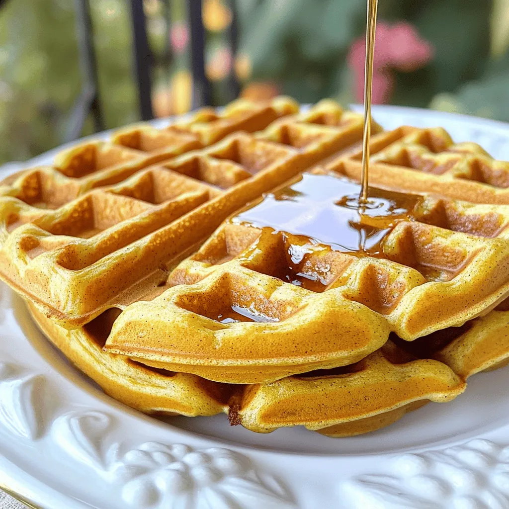 - 1 cup all-purpose flour - 1 cup canned pumpkin puree - 2 large eggs - 1/4 cup packed brown sugar - 1/2 cup milk - 1 tablespoon baking powder - 1/2 teaspoon baking soda - 1 teaspoon ground cinnamon - 1/2 teaspoon ground nutmeg - 1/2 teaspoon ground ginger - 1/4 teaspoon salt - 1/2 cup unsalted butter - 1/2 cup pure maple syrup For the best spiced pumpkin waffles, start with the right ingredients. First, grab a cup of all-purpose flour. This will give your waffles a nice base. Next, use a cup of canned pumpkin puree. It adds flavor and moisture. You need two large eggs for binding. A quarter cup of packed brown sugar sweetens the mix. Then, add half a cup of milk to make the batter smooth. Spices bring magic to these waffles. Use one tablespoon of baking powder to help them rise. Add half a teaspoon of baking soda for extra fluffiness. One teaspoon of ground cinnamon creates warmth. Half a teaspoon of ground nutmeg adds depth. Another half teaspoon of ginger gives a slight kick. Finally, use a quarter teaspoon of salt to balance the sweetness. For the brown butter maple syrup, melt half a cup of unsalted butter. This will turn nutty and rich. Stir in half a cup of pure maple syrup. This combo makes your waffles extra special. - Preheat the waffle maker according to the manufacturer's instructions. This step is key for even cooking. - In a large mixing bowl, combine: - 1 cup all-purpose flour - 1 tablespoon baking powder - 1/2 teaspoon baking soda - 1 teaspoon ground cinnamon - 1/2 teaspoon ground nutmeg - 1/2 teaspoon ground ginger - 1/4 teaspoon salt - Whisk these until well blended. This makes sure the spices are evenly spread. - In another bowl, whisk together: - 1 cup canned pumpkin puree - 2 large eggs - 1/4 cup packed brown sugar - 1/2 cup milk - 1/2 teaspoon vanilla extract - 1/4 cup unsalted butter, melted - Mix until smooth. This mixture gives the waffles their rich flavor. - Pour the wet mixture into the dry ingredients. - Stir gently until just combined. It's okay if some lumps remain. Overmixing makes the waffles tough. - Lightly grease your waffle maker. Use cooking spray or a bit of melted butter. - Cook the batter for 4-6 minutes, or until the waffles turn golden brown. Check your machine for specific times. - In a small saucepan over medium heat, melt: - 1/2 cup unsalted butter - Cook the butter until it turns golden brown and smells nutty. This takes about 5-7 minutes. Stay close to avoid burning. - Once ready, remove it from heat and stir in: - 1/2 cup pure maple syrup - Mix well and keep warm. This syrup adds a lovely touch to your waffles. To make your waffles light and fluffy, avoid overmixing the batter. When you combine the wet and dry ingredients, stir just until you see no dry flour. A few lumps are okay. Overmixing can lead to dense waffles, and we want them airy and soft. When making the brown butter for your syrup, keep a close eye on it. Melt the butter over medium heat and stir it often. Once it starts to foam, watch for that nutty aroma. It should turn a rich golden brown in about 5-7 minutes. If it burns, you’ll lose that lovely flavor. To make your waffles even more special, consider adding some toppings. A light dusting of powdered sugar gives a nice touch. A dollop of whipped cream adds creaminess. You can also sprinkle chopped nuts, like pecans or walnuts, for a delightful crunch. {{image_4}} If you need a gluten-free option, use a gluten-free flour blend. Many blends work well. Look for one that has a mix of flours like rice, almond, or coconut. The taste will still be great! For a vegan choice, swap regular eggs for flax eggs. To make a flax egg, mix 1 tablespoon of ground flaxseed with 2.5 tablespoons of water. Let it sit until it thickens. Use plant-based milk instead of dairy milk for the batter. Want to add more flavor? Try mixing in chocolate chips or chopped pecans into the batter. They add a nice crunch and sweetness. You can also sprinkle some on top for a beautiful finish. This makes the waffles even yummier! To keep your waffles fresh, place the cooked waffles in an airtight container. They will stay good in the fridge for up to 3 days. This way, you can enjoy them again without losing any flavor. If you have extra waffles, freezing them is a great option. First, cool the waffles completely. Then, lay them in a single layer on a baking sheet. Once they are frozen solid, transfer them to a freezer bag. They can last up to 2 months in the freezer. When you are ready to enjoy your waffles, reheating is simple. Use a toaster for a crisp finish or a microwave for a quick warm-up. Either way, you will have a tasty breakfast ready in no time! Yes, you can prepare the batter in advance and store it in the refrigerator for a few hours. This makes it easier for busy mornings. Just remember to stir it gently before using it. Ensure your waffle maker is preheated properly. You can also add a little more oil or butter to the batter. This helps create a nice, crunchy texture on the outside while keeping the inside fluffy. Besides brown butter maple syrup, try fresh fruits, nuts, or yogurt as delicious toppings. Sliced bananas or berries add a nice touch. A sprinkle of nuts gives extra crunch too. You can even add a dollop of whipped cream for a treat! These pumpkin waffles are easy to make and tasty. You mix simple ingredients like flour, pumpkin, and eggs. We covered tips for the perfect waffle texture and how to make brown butter maple syrup. You can even try gluten-free or vegan options. Store any extras for a quick meal later. With these ideas, enjoy a fun breakfast or snack. Now, grab your ingredients and start cooking!