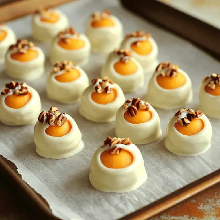 - 1 cup cream cheese, softened - 1/2 cup pumpkin puree - 1/2 cup powdered sugar - 1 teaspoon pumpkin pie spice - 1/2 teaspoon vanilla extract - 1 cup graham cracker crumbs (+ extra for coating) - 1 cup white chocolate chips - 1 tablespoon coconut oil (optional) - Crushed pecans or walnuts for optional coating Each ingredient plays a key role in the flavor and texture of the truffles. The cream cheese adds creaminess, while pumpkin puree gives that rich fall taste. Powdered sugar sweetens the mix, and pumpkin pie spice brings warmth. Graham cracker crumbs add a nice crunch, complementing the smooth, sweet chocolate coating. You can swap cream cheese for vegan cream cheese for a dairy-free option. If you don't have pumpkin puree, mashed sweet potato works well. For a sugar-free treat, use a sugar substitute in place of powdered sugar. You can also leave out the coconut oil if you prefer a thicker coating. I recommend using Philadelphia cream cheese for its smooth texture. Libby's pumpkin puree is a great choice, as it has a consistent flavor. For white chocolate chips, Ghirardelli or Nestlé are reliable brands that melt well. If you choose to add nuts, look for fresh pecans or walnuts from Diamond or Fisher for the best crunch and flavor. Start by softening your cream cheese. I use an electric mixer for this part. Beat it until it's smooth and creamy. You want no lumps. Next, add the pumpkin puree. Then, mix in the powdered sugar, pumpkin pie spice, and vanilla extract. Blend until your mixture is creamy and well combined. Finally, gently fold in half a cup of graham cracker crumbs. This adds a nice texture to the filling. Once your mixture is ready, cover the bowl with plastic wrap. Place it in the refrigerator for about 30 minutes. Chilling helps firm up the mixture. This makes it easier to form the truffles later. You want it to be just firm enough to handle. After chilling, take the bowl out of the fridge. Use a tablespoon to scoop out portions of the mixture. Roll each portion into a small ball in your hands. You should get about 12 truffles. Place these balls on a parchment-lined baking sheet. Once all the truffles are formed, put the baking sheet back in the fridge for another 15 minutes. This helps them hold their shape. While the truffles chill, it's time to melt the white chocolate chips. If you want a smoother finish, add a tablespoon of coconut oil. Use a microwave-safe bowl for this. Heat in 30-second intervals, stirring in between. Stop when the chocolate is completely smooth. Now, dip each chilled truffle into the melted chocolate. Make sure they are fully coated. For a fun twist, roll them in crushed pecans or walnuts. Place the truffles back on the baking sheet and let them set in the fridge for at least 30 minutes. Enjoy your pumpkin cheesecake truffles once the chocolate hardens! To get that creamy, dreamy texture, always start with room temperature cream cheese. This helps mix it smoothly with the other ingredients. After mixing, chill the mixture for about 30 minutes. This step helps firm it up, making it easy to roll into balls. When you roll the truffles, make sure your hands are slightly damp. This prevents sticking. If the mixture seems too soft, add a bit more graham cracker crumbs to help. Melting chocolate can be tricky, but I have some tips to help. Use a microwave-safe bowl and heat the chocolate in short bursts, about 30 seconds at a time. Stir between each interval to ensure even melting. If you add coconut oil, it helps the chocolate become smooth and shiny. Avoid overheating the chocolate, as it can seize up. If it does, try adding a bit of vegetable oil to rescue it. If your truffles are too soft, try chilling them longer before rolling. If your chocolate coating is too thick, add more coconut oil when melting. If the chocolate doesn't stick to the truffles, make sure they are cold before dipping. Also, rolling the truffles in crushed nuts can add great texture and flavor. If you notice any lumps in your cream cheese mixture, just blend it longer until smooth. {{image_4}} You can change up the flavor of your pumpkin cheesecake truffles easily. Try adding chocolate to the mix. Just blend in some cocoa powder or melted chocolate. This adds a rich touch. You can also use different spices. Try cinnamon or nutmeg for a warm twist. These flavors pair well with pumpkin. You can even mix in some caramel for a sweet surprise. Coating is key to making your truffles pop. While white chocolate is great, dark chocolate works too. It gives a bittersweet flavor that balances the sweetness. You can also roll your truffles in cocoa powder. This creates a nice dusting that adds a rich look. For crunch, use crushed nuts like pecans or walnuts. They add texture and flavor. Sprinkles can also add a fun touch for special occasions. Presentation is important for making your truffles shine. Arrange them on a nice plate. You can sprinkle any leftover crushed nuts around them for flair. Drizzling melted chocolate on top adds a fancy touch. Serve the truffles chilled for the best flavor. Pair them with a warm drink like spiced cider or coffee. This balance of flavors makes for a cozy treat that everyone will love. Store your pumpkin cheesecake truffles in an airtight container. This keeps them fresh and tasty. Place wax paper between layers to avoid sticking. Keep them in the fridge where they stay cool and firm. In the fridge, truffles last about a week. They stay safe and delicious for this time. If you freeze them, they can last up to three months. Make sure to wrap them well to prevent freezer burn. No need to reheat truffles. They taste best cold and firm. If they seem soft, put them back in the fridge for a bit. This helps them regain their shape and texture before serving. Yes, you can use cream cheese frosting. It adds sweetness and creaminess. The truffles may be softer, so reduce the pumpkin puree. This helps keep the texture right. You can use butternut squash puree or sweet potato puree. Both have a similar taste and texture. They will also give a nice fall flavor to your truffles. Yes, these truffles can be gluten-free. Just choose gluten-free graham crackers. Make sure to check the labels on all other ingredients too. Yes, you can make these truffles ahead of time. They store well in the fridge for up to a week. You can also freeze them for longer storage. Just make sure to let them thaw in the fridge before serving. Making truffles is a fun and easy process. We covered the ingredients, including swaps and brand tips. The step-by-step instructions will help you mix, chill, and coat your truffles with ease. I've shared tips for perfect texture and melting chocolate. You can try various flavors and coatings for a unique taste. Remember to store them properly for the best shelf life. Enjoy making these delightful treats that you can share or keep for yourself!