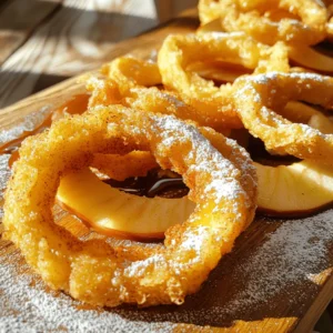 - 2 large apples (Honeycrisp or Granny Smith) - 1 cup all-purpose flour - 1 teaspoon baking powder - 1 teaspoon ground cinnamon - 1/4 teaspoon freshly grated nutmeg - 1/2 teaspoon salt - 1/2 cup milk (whole or 2%) - 1 large egg - 1 cup panko breadcrumbs - Oil for deep frying - Powdered sugar for dusting (optional) You can switch the apple types for varied tastes. Try Fuji apples for sweetness or tart Granny Smith for a zing. For gluten-free options, use almond flour or a gluten-free flour blend. Both will work well! Fresh apples should feel firm and smooth. Look for bright colors and no soft spots. The variety changes the flavor. Honeycrisp apples are sweet and crisp, while Granny Smith is tart and refreshing. Choose what you love! To start, take your apples and core them. Then, slice them into rings about 1/4 inch thick. This thickness helps them cook evenly and stay crisp. After slicing, use a paper towel to pat the rings dry. This step is key, as it helps the batter stick better. First, gather your dry ingredients. In a medium bowl, mix together the flour, baking powder, cinnamon, nutmeg, and salt. Whisk them well to blend the flavors. Next, in a separate bowl, combine the milk and the egg. Whisk until smooth. Slowly pour the wet mixture into the dry mix. Stir gently until the batter is smooth and free of lumps. The right consistency is thick enough to coat the apple rings. Now, it's time to heat the oil. In a large deep frying pan, warm the oil over medium heat. Aim for a temperature of about 350°F (175°C). You want enough oil to cover the apple rings halfway. Once the oil is hot, dip each apple ring into the batter. Let any extra batter drip off, then roll it in the panko breadcrumbs. Press lightly to coat evenly. Carefully place the coated rings into the hot oil. Fry them in batches to avoid overcrowding. Cook for about 2-3 minutes on one side. Flip them and fry until they are golden brown and crisp all over. When done, use a slotted spoon to remove the rings. Place them on a plate lined with paper towels to absorb any excess oil. To make your crispy fried cinnamon apple rings extra crunchy, always use panko breadcrumbs. They create a light and airy crust that regular breadcrumbs can't match. When you fry, make sure the oil is hot enough, around 350°F (175°C). This helps the batter set fast, locking in moisture and ensuring a crunchy bite. For a fun presentation, serve the apple rings on a colorful platter. You can drizzle warm caramel sauce over them and sprinkle extra cinnamon for a beautiful look. Pair with a scoop of vanilla ice cream or a dollop of whipped cream. These add both taste and visual appeal. Watch out for overcrowding the frying pan. If you add too many rings at once, they can steam instead of fry. This leads to soggy apple rings. Also, be sure to dry the apple rings properly with a paper towel. Moisture can prevent the batter from sticking, which affects crispiness. {{image_4}} You can easily change the taste of your crispy fried cinnamon apple rings. One fun idea is to add spices like cardamom or ginger to the batter. These spices give a nice twist to the classic flavor. You might also want to try infusing the batter with a little vanilla extract. This adds a warm, sweet note that pairs well with apples. If you're looking for a healthier option, consider baking the apple rings instead of frying them. This method cuts down on oil and calories. Simply coat the apple rings in batter and place them on a baking sheet. Bake at 400°F until they are crisp. Another option is to use coconut oil for frying. It has a high smoke point and adds a subtle flavor that complements the apples. The crispy fried apple rings are great on their own, but you can make them even better. Try serving them with a homemade caramel or chocolate dip. These sweet dips enhance the flavor and make a fun treat. You can also pair the rings with ice cream for a delightful dessert. The warm apple rings contrast nicely with cold ice cream, creating a delicious experience. Store any leftover apple rings in an airtight container. This keeps them fresh. Place them in the fridge. They will last for about 2-3 days. To keep them crispy, layer the rings between paper towels. This absorbs moisture and helps maintain their crunch. The best way to reheat crispy apple rings is in the oven. Preheat your oven to 350°F (175°C). Place the apple rings on a baking sheet. Heat them for about 10 minutes. This restores their crispiness well. The microwave can make them soggy. If you must use it, heat in short bursts. Check often to avoid losing texture. You can freeze fried apple rings! To freeze, let them cool completely. Place them in a single layer on a baking sheet. Freeze for 1-2 hours. Once they are firm, transfer them to a freezer bag. Squeeze out the air before sealing. To thaw, place them in the fridge overnight. Reheat in the oven to bring back the crunch. Crispy Fried Cinnamon Apple Rings taste best on the day they are made. If you have leftovers, store them in an airtight container. Keep them at room temperature for up to one day. For longer storage, place them in the fridge. They can last for about three days in the fridge. Reheating helps bring back some crispiness. Yes, you can make the batter ahead of time! Combine the dry ingredients in one bowl and the wet in another. Mix only when you are ready to fry the apple rings. This keeps the batter fresh and fluffy. If you mix too early, the batter may lose its rise from the baking powder. Several tasty dipping sauces go well with apple rings. Here are some popular options: - Caramel sauce for a sweet touch - Creamy vanilla yogurt for a fresh flavor - Chocolate sauce for a rich treat - Maple syrup for a classic pairing These sauces add flavor and make the apple rings even more fun to eat! In this post, I shared how to make crispy fried cinnamon apple rings. We explored key ingredients and offered tips for fresh apples, batter preparation, and frying. I highlighted common mistakes to avoid and shared tasty variations for enjoying your treat. Remember, achieving that perfect crunch comes from using panko breadcrumbs and frying at the right temperature. Enjoying apple rings can be a fun treat, whether baked or fried, so get creative with flavors and toppings. Happy cooking!