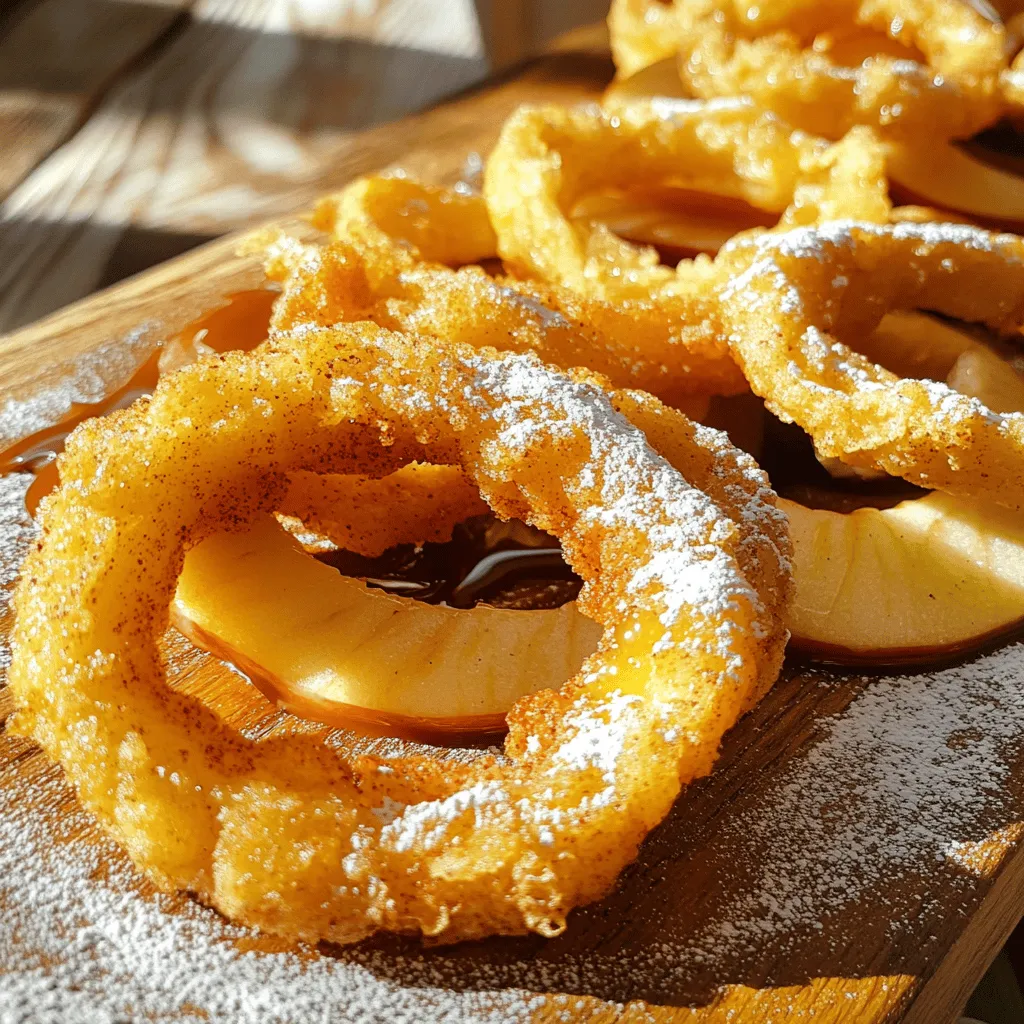 - 2 large apples (Honeycrisp or Granny Smith) - 1 cup all-purpose flour - 1 teaspoon baking powder - 1 teaspoon ground cinnamon - 1/4 teaspoon freshly grated nutmeg - 1/2 teaspoon salt - 1/2 cup milk (whole or 2%) - 1 large egg - 1 cup panko breadcrumbs - Oil for deep frying - Powdered sugar for dusting (optional) You can switch the apple types for varied tastes. Try Fuji apples for sweetness or tart Granny Smith for a zing. For gluten-free options, use almond flour or a gluten-free flour blend. Both will work well! Fresh apples should feel firm and smooth. Look for bright colors and no soft spots. The variety changes the flavor. Honeycrisp apples are sweet and crisp, while Granny Smith is tart and refreshing. Choose what you love! To start, take your apples and core them. Then, slice them into rings about 1/4 inch thick. This thickness helps them cook evenly and stay crisp. After slicing, use a paper towel to pat the rings dry. This step is key, as it helps the batter stick better. First, gather your dry ingredients. In a medium bowl, mix together the flour, baking powder, cinnamon, nutmeg, and salt. Whisk them well to blend the flavors. Next, in a separate bowl, combine the milk and the egg. Whisk until smooth. Slowly pour the wet mixture into the dry mix. Stir gently until the batter is smooth and free of lumps. The right consistency is thick enough to coat the apple rings. Now, it's time to heat the oil. In a large deep frying pan, warm the oil over medium heat. Aim for a temperature of about 350°F (175°C). You want enough oil to cover the apple rings halfway. Once the oil is hot, dip each apple ring into the batter. Let any extra batter drip off, then roll it in the panko breadcrumbs. Press lightly to coat evenly. Carefully place the coated rings into the hot oil. Fry them in batches to avoid overcrowding. Cook for about 2-3 minutes on one side. Flip them and fry until they are golden brown and crisp all over. When done, use a slotted spoon to remove the rings. Place them on a plate lined with paper towels to absorb any excess oil. To make your crispy fried cinnamon apple rings extra crunchy, always use panko breadcrumbs. They create a light and airy crust that regular breadcrumbs can't match. When you fry, make sure the oil is hot enough, around 350°F (175°C). This helps the batter set fast, locking in moisture and ensuring a crunchy bite. For a fun presentation, serve the apple rings on a colorful platter. You can drizzle warm caramel sauce over them and sprinkle extra cinnamon for a beautiful look. Pair with a scoop of vanilla ice cream or a dollop of whipped cream. These add both taste and visual appeal. Watch out for overcrowding the frying pan. If you add too many rings at once, they can steam instead of fry. This leads to soggy apple rings. Also, be sure to dry the apple rings properly with a paper towel. Moisture can prevent the batter from sticking, which affects crispiness. {{image_4}} You can easily change the taste of your crispy fried cinnamon apple rings. One fun idea is to add spices like cardamom or ginger to the batter. These spices give a nice twist to the classic flavor. You might also want to try infusing the batter with a little vanilla extract. This adds a warm, sweet note that pairs well with apples. If you're looking for a healthier option, consider baking the apple rings instead of frying them. This method cuts down on oil and calories. Simply coat the apple rings in batter and place them on a baking sheet. Bake at 400°F until they are crisp. Another option is to use coconut oil for frying. It has a high smoke point and adds a subtle flavor that complements the apples. The crispy fried apple rings are great on their own, but you can make them even better. Try serving them with a homemade caramel or chocolate dip. These sweet dips enhance the flavor and make a fun treat. You can also pair the rings with ice cream for a delightful dessert. The warm apple rings contrast nicely with cold ice cream, creating a delicious experience. Store any leftover apple rings in an airtight container. This keeps them fresh. Place them in the fridge. They will last for about 2-3 days. To keep them crispy, layer the rings between paper towels. This absorbs moisture and helps maintain their crunch. The best way to reheat crispy apple rings is in the oven. Preheat your oven to 350°F (175°C). Place the apple rings on a baking sheet. Heat them for about 10 minutes. This restores their crispiness well. The microwave can make them soggy. If you must use it, heat in short bursts. Check often to avoid losing texture. You can freeze fried apple rings! To freeze, let them cool completely. Place them in a single layer on a baking sheet. Freeze for 1-2 hours. Once they are firm, transfer them to a freezer bag. Squeeze out the air before sealing. To thaw, place them in the fridge overnight. Reheat in the oven to bring back the crunch. Crispy Fried Cinnamon Apple Rings taste best on the day they are made. If you have leftovers, store them in an airtight container. Keep them at room temperature for up to one day. For longer storage, place them in the fridge. They can last for about three days in the fridge. Reheating helps bring back some crispiness. Yes, you can make the batter ahead of time! Combine the dry ingredients in one bowl and the wet in another. Mix only when you are ready to fry the apple rings. This keeps the batter fresh and fluffy. If you mix too early, the batter may lose its rise from the baking powder. Several tasty dipping sauces go well with apple rings. Here are some popular options: - Caramel sauce for a sweet touch - Creamy vanilla yogurt for a fresh flavor - Chocolate sauce for a rich treat - Maple syrup for a classic pairing These sauces add flavor and make the apple rings even more fun to eat! In this post, I shared how to make crispy fried cinnamon apple rings. We explored key ingredients and offered tips for fresh apples, batter preparation, and frying. I highlighted common mistakes to avoid and shared tasty variations for enjoying your treat. Remember, achieving that perfect crunch comes from using panko breadcrumbs and frying at the right temperature. Enjoying apple rings can be a fun treat, whether baked or fried, so get creative with flavors and toppings. Happy cooking!