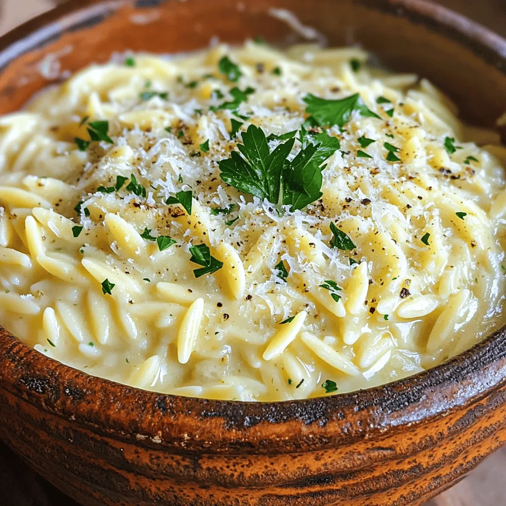 - 1 cup orzo pasta - 2 tablespoons olive oil - 3 cloves garlic, minced - 2 cups vegetable broth - 1 cup heavy cream - 1 cup freshly grated Parmesan cheese - 1 teaspoon Italian seasoning - Salt to taste - Freshly ground black pepper to taste - Fresh parsley, finely chopped (for garnish) Each ingredient plays a vital role in the flavor and texture of creamy garlic Parmesan orzo. - Orzo pasta is small and rice-shaped. It cooks quickly and absorbs flavors well. - Olive oil adds richness and helps sauté the garlic. - Garlic gives a strong, aromatic base. It transforms the dish from simple to savory. - Vegetable broth enhances the overall taste, adding depth without meat. - Heavy cream creates the creamy texture we love. It makes the dish rich and satisfying. - Parmesan cheese adds a salty, nutty flavor. Freshly grated cheese melts better and tastes great. - Italian seasoning brings a mix of herbs that complements the other flavors. - Salt and pepper enhance all the tastes. Adjust these to suit your preference. - Fresh parsley adds color and a hint of freshness as a garnish. You can swap ingredients based on what you have or your taste. - Orzo can be replaced with any small pasta like couscous or ditalini. - Olive oil can be swapped for butter for a richer flavor. - Vegetable broth can be replaced with chicken broth for more depth. - Heavy cream can be substituted with half-and-half or a plant-based cream. - Parmesan cheese can be replaced with Pecorino Romano for a sharper taste. - Italian seasoning can be made from dried basil, oregano, and thyme if you don’t have it. - Fresh parsley can be swapped for chives or basil for a different twist. These substitutions keep the dish tasty while making it easier to use what you have on hand. 1. Heat 2 tablespoons of olive oil in a large saucepan over medium heat. 2. Add 3 cloves of minced garlic. Sauté for about 1 minute until fragrant. 3. Be careful not to burn the garlic, as this can change the taste. 4. Add 1 cup of orzo pasta. Stir it in the garlic oil for 2-3 minutes. 5. Pour in 2 cups of vegetable broth and bring it to a boil. 6. Once boiling, reduce the heat to low and cover the pan. 7. Let it simmer for 10-12 minutes. Stir occasionally to prevent sticking. 8. After cooking, stir in 1 cup of heavy cream and 1 cup of grated Parmesan. 9. Add 1 teaspoon of Italian seasoning. Season with salt and pepper to taste. 10. Cook for an additional 2-3 minutes over low heat, stirring constantly. 11. Once creamy, remove from heat. Taste and adjust seasoning if needed. 12. Serve warm, garnished with chopped parsley for a fresh touch. To cook orzo perfectly, follow these tips: - Toast the Orzo: Toasting the orzo in oil enhances its nutty flavor. - Use Broth: Cooking in vegetable broth adds depth to the dish. - Stir Regularly: Stirring often helps prevent the orzo from sticking. - Monitor Cooking Time: Check the orzo to avoid overcooking. It should be al dente. Here are some common mistakes and how to avoid them: - Burning Garlic: Always sauté garlic on medium heat and watch closely. - Not Stirring: Forgetting to stir can lead to clumps and uneven cooking. - Too Much Liquid: Adding too much broth can make the dish soupy. - Skipping Seasoning: Always taste and adjust salt and pepper before serving. - Overcooking: Keep an eye on the orzo to ensure it stays tender, not mushy. To make your orzo creamy, use heavy cream. This adds richness and a smooth feel. Stir the cream in slowly and let it heat through. It should not boil. Grated Parmesan also helps with creaminess. It melts well and binds the sauce nicely. If you want a lighter dish, try half-and-half instead of cream. Just remember, you’ll lose some richness. For extra flavor, consider adding a pinch of nutmeg. This warm spice pairs well with the cream. You can also add lemon zest for brightness. Just a bit goes a long way. Fresh parsley not only adds color but also a fresh taste. You can sprinkle it on top right before serving. If you like heat, consider adding red pepper flakes. They give a nice kick. To speed up cooking, use a kettle for the broth. Boiling it first saves time. You can also prep your ingredients beforehand. Mince the garlic and chop the parsley ahead of time. This helps keep things moving in the kitchen. If you are short on time, use pre-grated Parmesan. It saves a few minutes, but fresh is always best for flavor. {{image_4}} You can boost the nutrition of creamy garlic Parmesan orzo by adding vegetables. Spinach is a great choice. It wilts down nicely and adds color. You can also use peas for a sweet pop. Broccoli florets work well too; they add a nice crunch. Just add them when the orzo cooks in the broth. This way, they will soften but still keep some texture. To make this dish heartier, consider adding protein. Grilled chicken or shrimp complements the creamy sauce. You can also use chickpeas for a plant-based option. Just stir them in when adding the cream and cheese. This makes the meal filling and satisfying. It’s perfect for a family dinner or a cozy night in. Experimenting with cheese can add new flavors to your orzo. Instead of Parmesan, try goat cheese for a tangy twist. Feta cheese also works well; it adds a salty bite. For a richer taste, use Gruyere or aged cheddar. Each cheese brings its unique flair while keeping the dish creamy. Don’t be afraid to mix and match! To keep your creamy garlic Parmesan orzo fresh, store it in an airtight container. Let it cool first, then seal it tightly. You can place it in the fridge for up to three days. Keeping it sealed helps prevent it from drying out or absorbing other smells from the fridge. Always label your container with the date to track freshness. When you are ready to enjoy leftovers, reheat the orzo gently. I recommend using a saucepan over low heat. Add a splash of vegetable broth or cream to keep it creamy. Stir it often to warm it evenly without burning. You can also microwave it. Just cover it and heat in short bursts, stirring in between. This helps maintain the dish's rich flavor. If you want to freeze the creamy garlic Parmesan orzo, use a freezer-safe container. It can last up to three months in the freezer. When freezing, leave some space at the top of the container. This allows for expansion as it freezes. To thaw, place it in the fridge overnight. Once thawed, reheat as mentioned above for the best taste. To make this dish vegan, swap the heavy cream for coconut cream or cashew cream. Use nutritional yeast instead of Parmesan cheese for a cheesy flavor. You can also add vegan butter for richness. These changes keep the creamy texture while keeping it plant-based. Yes, you can prepare Creamy Garlic Parmesan Orzo ahead of time. Cook it, let it cool, and store it in an airtight container in the fridge. It stays fresh for about three days. Reheat it gently on the stove, adding a splash of broth or water to bring back the creaminess. Creamy Garlic Parmesan Orzo pairs well with many dishes. You can serve it with grilled chicken or roasted vegetables for a complete meal. It also goes great with a fresh salad or crusty bread on the side. This adds variety and makes your meal more satisfying. This blog covered everything you need for Creamy Garlic Parmesan Orzo. We listed ingredients, shared step-by-step cooking methods, and highlighted common mistakes. You learned tips for texture, flavor, and even shortcuts. We also explored fun variations and storage ideas to keep it fresh. In summary, this dish is easy and packed with flavor. Enjoy making it your own and share it with friends!